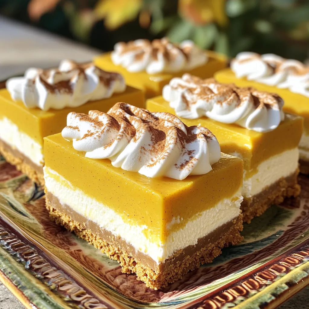 To make Pumpkin Cheesecake Icebox Bars, you need these simple ingredients: - 1 ½ cups graham cracker crumbs - ½ cup unsalted butter, melted - 2 tablespoons granulated sugar - 1 (8 oz) package cream cheese, softened - 1 cup canned pumpkin puree - ½ cup powdered sugar - 1 teaspoon pure vanilla extract - 1 teaspoon ground cinnamon - ½ teaspoon ground nutmeg - 1 teaspoon pumpkin pie spice - 1 cup heavy whipping cream - ¼ cup granulated sugar (for whipping cream) These ingredients come together to create a creamy, pumpkin-flavored dessert. The graham cracker crumbs make a great base, while the cream cheese and pumpkin give it a rich texture. The spices add warmth and flavor, making each bite delightful. Make sure your cream cheese is at room temperature. This helps it blend smoothly with the other ingredients. Feel free to adjust the spices to your taste. If you love cinnamon, add a little more! If you like nutmeg, go for it! Using canned pumpkin puree saves time and gives consistent flavor. You can try fresh pumpkin, but it takes longer to prepare. Gather these ingredients, and you are on your way to a tasty treat! First, gather your graham cracker crumbs, melted butter, and sugar. In a medium bowl, mix the graham cracker crumbs with the melted butter and sugar. Stir until the mixture feels moist and holds together. This step is key for a great crust. Next, press the mixture evenly into the bottom of an 8x8 inch pan. Use your hands or a flat tool to pack it tightly. This will help form a sturdy base for your bars. Place the crust in the fridge while you prepare the filling. This keeps it firm and ready for the next step. In a large bowl, beat the softened cream cheese until it's smooth. You can use a hand mixer for this. Next, add in the pumpkin puree, powdered sugar, vanilla extract, ground cinnamon, nutmeg, and pumpkin pie spice. Mix until everything is blended well and creamy. The spices will give your filling that warm, cozy flavor. Make sure there are no lumps in the mixture for a smooth texture. Tasting the filling at this stage is a must! Adjust spices if needed for your taste. In a separate bowl, pour in the heavy cream and add granulated sugar. Using a mixer, whip the cream until stiff peaks form. This means the cream should hold its shape when you lift the mixer out. Be careful not to over-whip, or it can turn grainy. Once it's ready, gently fold the whipped cream into the pumpkin mixture. Use a spatula and combine until no white streaks remain. This step adds lightness and creaminess to your bars. Now it's time to assemble! Pour the creamy filling over the chilled crust. Use a spatula to spread it evenly. Smooth the top to make it nice and pretty. Cover the pan with plastic wrap and place it in the refrigerator. Chill for at least four hours, or until the filling is firm. This cooling time is crucial for the bars to set properly. Once ready, you can cut them into squares and serve. Enjoy your tasty treat! To get the best texture, start by making sure your cream cheese is soft. Leave it out for about an hour before mixing. This helps it blend smoothly with other ingredients. If it's too cold, your filling will be lumpy. When you whip the cream, go slow at first. Use a mixer on low speed to combine the cream and sugar. Once it starts to thicken, increase the speed. You want stiff peaks for a light and fluffy texture. When you fold the whipped cream into the pumpkin mix, be gentle. Use a spatula and a folding motion. This keeps the air in the whipped cream, giving the bars a light feel. Don't stir too hard, or you'll lose that fluffiness. For a stunning presentation, serve the bars chilled on a nice platter. You can add a dollop of whipped cream on top of each bar. A sprinkle of cinnamon adds a nice touch. It makes the bars look pretty and adds more flavor. When cutting the bars, use a sharp knife. Dip the knife in hot water first, then dry it. This helps create clean cuts. Cut them into squares for a neat look. You can also decorate each square with a piece of caramel or chocolate drizzle for extra flair. {{image_4}} You can easily change the taste of your Pumpkin Cheesecake Icebox Bars. Adding chocolate or caramel drizzles can create a rich twist. Just melt some chocolate or caramel sauce and drizzle it on top before serving. This adds a sweet touch and looks great too! You can also use alternative spices if you want a new flavor. Instead of just cinnamon and nutmeg, try ginger, cardamom, or allspice. Each spice will give the bars a different taste. Experimenting with spices can make this recipe fun! You can adjust this recipe to fit your diet. For a gluten-free crust, use gluten-free graham cracker crumbs. Mix them with the butter and sugar just like the original recipe. This way, everyone can enjoy the bars. If you need a dairy-free option, swap cream cheese with a dairy-free cream cheese. You can also use coconut cream instead of heavy whipping cream. Just chill the coconut cream first. This will help it whip better. These adjustments make the bars suitable for more diets! To keep your Pumpkin Cheesecake Icebox Bars fresh, store them in the fridge. Use an airtight container to prevent them from drying out. If you don’t have one, wrap them tightly in plastic wrap. This keeps them moist and tasty. These bars last about five days in the refrigerator. After that, they can lose their fresh taste and creamy texture. Always check for any off smells or changes in texture before enjoying them. If you want to save some bars for later, freezing is a great option. Cut the bars into squares first. Then, place them in a single layer on a baking sheet. Freeze them for about one hour. This step keeps them from sticking together. After they are frozen, wrap each square in plastic wrap. Next, put them in a freezer-safe bag or container. This way, they stay fresh for up to three months. When you are ready to eat them, remove the bars from the freezer. Let them thaw in the fridge for a few hours. This method helps maintain their creamy texture. Enjoy your delicious treat anytime! Can I use fresh pumpkin instead of canned? Yes, you can use fresh pumpkin. First, cook the pumpkin until soft. Then, mash it until smooth. Make sure to remove excess water. This keeps your bars from being too wet. What can I substitute for cream cheese? You can use Greek yogurt or mascarpone cheese. Both give a creamy texture. Greek yogurt adds a tart flavor that works well in the bars. How do I know when the bars are set? The bars are set when they feel firm to the touch. You can also gently shake the pan. If the filling jiggles slightly in the center, give it more chilling time. What to do if the filling is too runny? If your filling is runny, try adding more powdered sugar. This can help thicken it. You can also chill the mixture longer before pouring it over the crust. How to fix a crumbling crust? To fix a crumbling crust, add more melted butter. Mix it well until the crumbs stick together. Press the mixture firmly into the pan for a solid base. This pumpkin cheesecake icebox bar recipe combines tasty layers with simple steps. You'll create a crunchy crust, a creamy filling, and whip up light cream for a perfect finish. Remember to follow tips for texture and garnish for a lovely presentation. Explore variations to suit your taste or dietary needs. Store leftovers correctly so they stay fresh. With these tips, your cheesecake bars will impress everyone. Enjoy making this delicious treat.