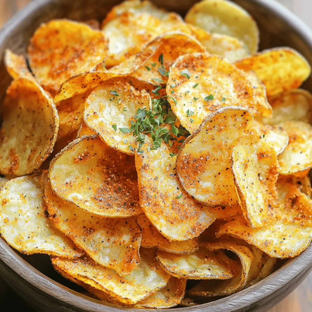 - 2 large russet potatoes - 2 tablespoons olive oil - 1 tablespoon ranch seasoning mix - 1 teaspoon garlic powder - 1 teaspoon onion powder - ½ teaspoon paprika - Salt to taste To make Air Fryer Ranch Potato Chips, you need a few simple ingredients. Start with two large russet potatoes, as they are great for chips. You will also need two tablespoons of olive oil for crispness. The flavor comes from one tablespoon of ranch seasoning mix, one teaspoon of garlic powder, one teaspoon of onion powder, and half a teaspoon of paprika. Finally, add salt to taste. Each ingredient plays a key role in making these chips tasty and crunchy. The olive oil helps the seasoning stick and adds a rich flavor. The ranch seasoning mix gives that classic tangy taste we love in ranch chips. Garlic and onion powder boost the flavor even more, while paprika adds a hint of smokiness. This combination makes each chip delicious and hard to resist. You can find these ingredients at any grocery store, making this recipe easy to follow. With just these items, you can create a snack that everyone will enjoy. First, scrub and wash the russet potatoes under running water to remove dirt. I like to use a vegetable brush for this. Next, cut the potatoes into thin rounds. Aim for about 1/8 inch thick. This will help them cook evenly and get crispy. Now, soak the potato slices in cold water. Let them sit for about 30 minutes. Soaking helps remove excess starch, which makes your chips crispier. After soaking, drain the slices using a colander. Then, pat them dry with a towel. Make sure to remove as much moisture as you can. In a large bowl, combine the dried potato slices with olive oil and seasonings. Use ranch seasoning mix, garlic powder, onion powder, paprika, and a sprinkle of salt. Toss everything together until each slice gets a nice coating. This step is key for maximum flavor. Next, preheat your air fryer to 350°F (175°C). Once it's ready, arrange the potato slices in the air fryer basket. Lay them out in a single layer and avoid overlapping. This ensures even cooking. If you have a lot of slices, you may need to cook them in batches. Cook the potato slices for about 10 to 15 minutes. Be sure to shake the basket halfway through for even crisping. Keep an eye on them, as you can cook them a bit longer if you want extra crispiness. Once done, transfer the chips to a wire cooling rack. This helps them cool and stay crispy. Let them cool before serving. To make your chips super crispy, soak the potato slices in cold water. This step removes excess starch. Starch can make chips soggy. After soaking for 30 minutes, drain the slices well. Then, pat them dry using towels. This helps cut down on moisture. Do not overcrowd the air fryer. If you fill it too much, the chips won’t cook evenly. Instead, cook them in batches. This way, every chip gets hot air. Adjust cooking time slightly for each batch. You may need a few extra minutes for each round. Want to amp up the taste? Add more seasonings to the mix! Try using cayenne pepper for heat or smoked paprika for a smoky flavor. You can also blend herbs like dill or parsley for fresh notes. Don’t be afraid to experiment with your favorite spices. Each twist can create a fun new flavor! {{image_4}} You can easily change the flavor of your ranch potato chips. Here are two fun ideas: - Spicy ranch potato chips: Add some heat by mixing in cayenne pepper or chili powder with your ranch seasoning. This gives a nice kick to the chips. - Cheesy ranch potato chips: Sprinkle some grated cheese, like cheddar or parmesan, over the seasoned slices before air frying. This will give a rich, cheesy taste. If you don’t have an air fryer, you can still enjoy these chips. Here’s how: - How to bake: Preheat your oven to 400°F (200°C). Spread the seasoned potato slices on a baking sheet lined with parchment paper. Bake for about 20-25 minutes. Flip them halfway through for even cooking. Keep an eye on them to avoid burning. - Tips for frying in oil: Heat about 2 inches of oil in a deep pot. Fry the potato slices in small batches. Cook for 3-4 minutes until golden brown. Drain on paper towels to remove excess oil. Adding extra ingredients can make your chips even better: - Adding parmesan cheese: Mix in grated parmesan with your seasonings. This adds a savory flavor that pairs well with ranch. - Incorporating fresh herbs: You can add chopped fresh herbs like parsley or dill for a bright touch. Mix them with the potatoes after drying for extra freshness. These variations and methods can help you make the most of your ranch potato chips. To keep your chips fresh, you need the right container. Use an airtight container to prevent air from getting in. This helps maintain their crispiness. You can also use a resealable plastic bag. Just make sure to squeeze out as much air as you can. Store the chips in a cool, dry place away from light. Avoid the fridge, as moisture can make them soggy. If your chips lose their crunch, don't worry! You can re-crisp them easily. Preheat your air fryer to 350°F (175°C). Place the chips in a single layer in the basket. Heat them for about 3 to 5 minutes. Keep an eye on them to avoid burning. This method helps restore their crispy texture. You can also use an oven if you prefer. Just spread them on a baking sheet and heat at the same temperature. Yes, you can! While russet potatoes work great, other types also shine. Try using Yukon Gold for a sweeter flavor. Red potatoes can add a nice color and creaminess. Just ensure they are firm and suitable for slicing. Homemade air fryer potato chips stay fresh for about five days. Store them in an airtight container. If you notice any soft spots, that means they are losing their crunch. You can prepare these chips in advance! Slice and season them, then store in the fridge for a day. For best taste, cook them close to serving time. If you must serve later, reheat in the air fryer for a few minutes to regain crispness. You learned how to make tasty air fryer potato chips using simple ingredients and steps. From selecting russet potatoes to air frying techniques, you have the tools you need. Remember to soak the slices for crispiness and store any leftovers properly. Feel free to explore flavor variations and even different cooking methods. Enjoy your homemade snack, and don’t hesitate to share your creations. Happy cooking!