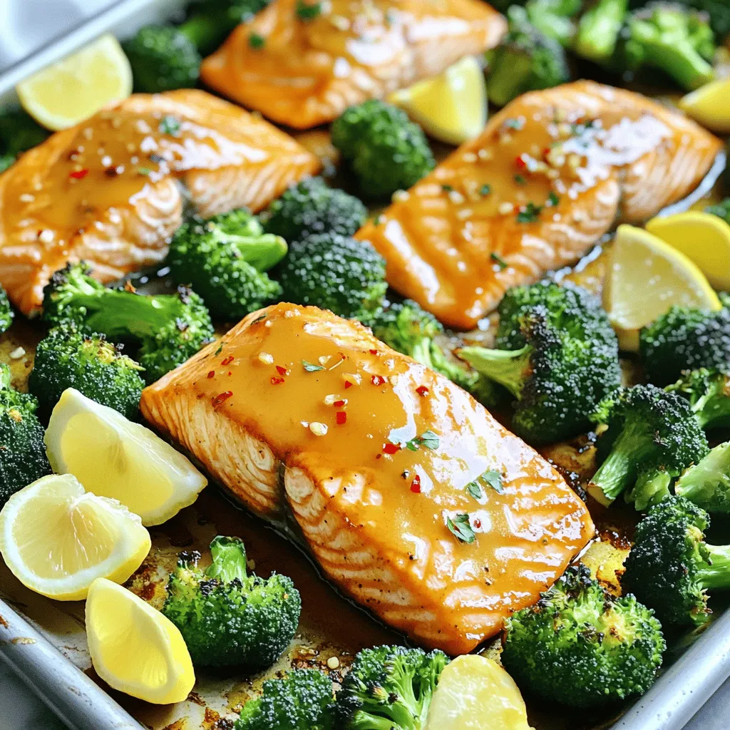 - 4 salmon fillets (approximately 6 oz each) - 1 pound fresh broccoli florets - 1/4 cup pure maple syrup - 2 tablespoons Dijon mustard - 2 tablespoons extra virgin olive oil - 2 cloves garlic, finely minced The main ingredients make this dish shine. Salmon fillets are rich and healthy. They provide protein and omega-3 fats. Broccoli florets add color and crunch. The maple syrup brings sweetness. Dijon mustard adds a tangy kick. Olive oil keeps everything moist. Garlic gives a depth of flavor that sings. - Salt and black pepper - Optional red pepper flakes - Lemon wedges for serving Seasoning is key. Salt and pepper enhance the natural flavors. You can add red pepper flakes for heat. This is optional but adds a nice touch. Lemon wedges serve as a bright contrast. They add freshness when you squeeze them over the dish. This keeps the meal light and vibrant. First, preheat your oven to 400°F (200°C). This temperature will help the salmon and broccoli cook evenly. Next, make the maple-Dijon glaze. In a bowl, whisk together 1/4 cup of pure maple syrup, 2 tablespoons of Dijon mustard, 2 tablespoons of extra virgin olive oil, 2 cloves of minced garlic, salt, and black pepper. Mix until it’s smooth and well combined. This glaze will add great flavor to your dish. Now, grab a large, rimmed sheet pan. Arrange 4 salmon fillets skin-side down in the center. Place 1 pound of fresh broccoli florets around the salmon. It’s important to spread them evenly so they roast well. After that, drizzle the maple-Dijon mixture over the salmon and broccoli. Use a spatula or brush to coat everything well. If you like some heat, sprinkle on red pepper flakes as desired. Slide the sheet pan into your preheated oven. Bake for 15-20 minutes. The salmon should be opaque and flake easily with a fork. The broccoli should be tender but still bright green. After baking, take the pan out of the oven and let it cool for a minute. This brief cooling helps the flavors settle. Enjoy your meal! To make your salmon and broccoli taste amazing, glazing is key. Start by spreading the maple-Dijon mix evenly over both. I like to use a brush for this. This way, every piece gets a nice coat. Don't be shy with the glaze! It adds a rich flavor, and it caramelizes nicely during baking. Seasoning is also vital. Use a good pinch of salt and black pepper. If you want to jazz it up, add red pepper flakes for some heat. This small step can make a big difference in taste. If your salmon fillets are thicker, you may need to adjust the baking time. Thicker fish can take an extra 5 minutes. Always check for doneness. Salmon should be opaque and flake easily with a fork. For roasting broccoli, keep an eye on its color. It should be bright green and tender, but not mushy. This usually takes about 15 minutes. If you want it crispier, leave it in a little longer. How you present your dish matters! You can serve the salmon and broccoli straight from the sheet pan for a casual vibe. Or, plate them on individual dishes for a nicer touch. Adding lemon wedges gives a pop of color and flavor. For a complete meal, think about adding sides. Rice or quinoa pairs well with this dish. A simple salad could also add freshness and balance. Enjoy your meal! {{image_4}} If you want to change up the salmon, use trout or tilapia instead. Both fish cook well and have a nice taste. For a plant-based option, try chickpeas or tofu. They soak up flavors nicely. When it comes to vegetables, broccoli is great, but you can swap it for green beans, asparagus, or Brussels sprouts. These options add different textures and flavors to the dish. To take your dish up a notch, think about adding fresh herbs. Chopped dill or parsley can brighten the flavors. You could also try thyme or rosemary for a more earthy taste. Another fun way to boost flavor is by using different glazes. Try honey mustard, teriyaki sauce, or even a spicy sriracha mix. Each adds a unique twist to the classic maple-Dijon taste. If you want to switch up the cooking method, try grilling the salmon. This adds a smoky flavor and can make the skin crispy. Just remember to keep an eye on it so it doesn’t overcook. You can also pan-sear the salmon on the stovetop. Start by cooking the fish skin-side down in a hot pan. This gives it a nice crust. Once browned, add the broccoli to the pan for a quick steam. For a slow cooker version, place the salmon and broccoli in with the glaze. Cook on low for about 4 hours. This method keeps everything moist and flavorful. To keep your sheet-pan maple Dijon salmon and broccoli fresh, use these tips: - Refrigerating leftovers: Let the salmon and broccoli cool to room temperature. Place them in an airtight container. Store in the fridge for up to three days. This helps maintain their flavor and texture. - Freezing for later use: If you want to save more, freeze the leftovers. Wrap the salmon and broccoli tightly in plastic wrap. Then, place them in a freezer-safe bag. They can last for about two months. Remember to label the bag with the date. To enjoy your leftovers, follow these reheating tips: - Best methods for reheating: The oven works best for reheating salmon and broccoli. Preheat it to 350°F (175°C). Place the food on a baking sheet, cover it with foil, and heat for about 10-15 minutes. This warms the dish evenly. - Maintaining texture and flavor: To keep the salmon moist, add a splash of water before covering it with foil. This helps prevent it from drying out. For the broccoli, check for tenderness to ensure it stays vibrant. Enjoy your meal again just as delicious as the first time! To check if your salmon is cooked, look for a few signs. First, the fish will turn opaque and lose its raw look. Second, gently press it with a fork. If it flakes easily, it's ready. You can also use a food thermometer. The ideal internal temperature for salmon is 145°F (63°C). This ensures it is both safe and delicious. Yes, you can prep this dish in advance. For meal prep, marinate the salmon and broccoli up to 24 hours ahead. Store them in an airtight container in the fridge. When you're ready to cook, just preheat the oven and bake. This makes dinner quick and easy! This dish pairs well with various sides. Here are some tasty options: - Quinoa or rice for a hearty base - A fresh green salad for crunch - Roasted sweet potatoes for sweetness - Garlic bread for a comforting touch These sides will balance the flavors of the salmon and broccoli perfectly. Enjoy your meal! This blog post covered making a tasty sheet-pan meal with salmon and broccoli. We explored key ingredients, from salmon fillets to the maple-Dijon glaze. I shared steps for easy prep and cooking, along with tips for maximizing flavor. Variations showed ways to mix it up and make it your own. Finally, I discussed proper storage and reheating tips. With these insights, you can create a delicious meal that’s quick and healthy. Enjoy exploring these ideas, and happy cooking!