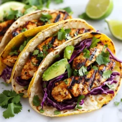 For these tasty tacos, you need: - 1 lb boneless, skinless chicken breast - 8 small corn tortillas - 1 ripe avocado, thinly sliced - 1 cup red cabbage, finely shredded - Fresh cilantro, roughly chopped, for garnish - 2 limes (1 for juice, 1 cut into wedges for serving) These main ingredients create a strong base for the dish. The chicken gives protein and flavor, while the tortillas hold everything together. You will also need: - 2 tablespoons chili powder - 1 teaspoon ground cumin - 1 teaspoon smoky paprika - 3 tablespoons extra virgin olive oil - 1 teaspoon garlic powder - Salt and freshly cracked black pepper, to taste These seasonings add depth and heat to the chicken. The olive oil helps the spices stick and keeps the meat juicy. For a perfect taco, gather: - Fresh lime wedges for serving - Your favorite salsa for dipping The lime juice brightens the dish. Salsa adds an extra layer of flavor and pairs well with the grilled chicken. With these ingredients, you set the stage for a delicious taco experience that bursts with flavor and freshness. {{ingredient_image_2}} To start, you need to make a tasty marinade. In a medium bowl, mix together 2 tablespoons of chili powder, 1 teaspoon of ground cumin, 1 teaspoon of smoky paprika, and 1 teaspoon of garlic powder. Squeeze the juice from one lime into the bowl. Add 3 tablespoons of olive oil and a pinch of salt and pepper. Whisk this all together until it blends well. Now, take your 1 pound of chicken breast and place it in the bowl. Use your hands or a spoon to coat the chicken fully in the marinade. Cover the bowl with plastic wrap and put it in the fridge. Let it sit for at least 30 minutes. If you have time, marinate it for up to 2 hours. This makes the chicken even tastier. When you are ready to grill, preheat your grill to medium-high heat. Make sure the grates are clean and lightly oiled, so the chicken does not stick. Take the chicken out of the marinade and place it directly onto the hot grill. Be sure to throw away any leftover marinade. Grill the chicken for about 5 to 7 minutes on each side. You want the internal temperature to reach 165°F (75°C). Look for nice grill marks on the chicken. After grilling, move the chicken to a cutting board and let it rest for 5 minutes. This resting time helps keep the juices inside. Then, slice the chicken into thin strips. While the chicken is resting, warm the corn tortillas on the grill. Place them for about 30 seconds on each side. You want them warm with slight char marks. Now, it’s time to assemble your tacos. Take a warmed tortilla and lay a few strips of grilled chicken on top. Add a handful of shredded red cabbage and a few slices of avocado. Finish with a sprinkle of freshly chopped cilantro. Serve your tacos with lime wedges for squeezing and a bowl of your favorite salsa for dipping. Enjoy the burst of flavors in every bite! Grilling chicken can be fun and easy. First, make sure your grill is clean. A clean grill helps the chicken not stick. Preheat the grill to medium-high heat. This gets the grill hot enough for good sear marks. Place the chicken on the grill for 5 to 7 minutes per side. Use a food thermometer to check for doneness. The chicken should reach 165°F (75°C). Let the chicken rest for 5 minutes after grilling. This keeps the juices inside, making it more tender. Marinading the chicken is key for flavor. You can let it sit for as little as 30 minutes. But if you have time, try to marinate it for 2 hours. The longer the chicken sits in the marinade, the more flavor it absorbs. Use a mix of chili powder, cumin, and lime juice for a punchy taste. Make sure to coat the chicken well. This ensures every bite is packed with flavor. Presentation makes food more appealing. For tacos, use a bright platter. Arrange the tacos neatly, with extra cilantro on top. Add lime wedges for a pop of color. Serve with a colorful salsa on the side. It makes the dish look fun and inviting. Warm the corn tortillas on the grill for better taste. This adds a nice char and makes them easier to fold. A great presentation makes everyone excited to dig in! Pro Tips Marinate Longer for Flavor: For the best flavor, marinate the chicken for at least 2 hours, or even overnight, to allow the spices to fully penetrate the meat. Check Grill Temperature: Ensure your grill is preheated to medium-high heat. This helps achieve those beautiful grill marks and prevents the chicken from sticking. Rest the Chicken: Allowing the grilled chicken to rest for 5 minutes before slicing helps retain its juices, resulting in a more succulent taco filling. Customize Your Toppings: Feel free to add additional toppings like diced tomatoes, jalapeños, or a drizzle of creamy chipotle sauce for extra flavor and texture. {{image_4}} If you need to swap ingredients, here are some easy ideas: - Chicken: Use boneless thighs for a juicier option. - Spices: If you lack chili powder, try taco seasoning instead. - Olive Oil: You can use avocado oil for a different taste. - Tortillas: Flour tortillas work well if you prefer them over corn. Tacos are fun because you can add many toppings. Here are some tasty picks: - Cheese: Crumbled feta or shredded cheddar add creaminess. - Greens: Use arugula or spinach for a fresh crunch. - Salsa: Fresh pico de gallo or mango salsa can brighten each bite. - Sour Cream: A dollop can balance the heat from the chili. You can still enjoy these tacos even without a grill. Here's how: - Oven: Preheat to 400°F (200°C). Place marinated chicken on a baking sheet. Bake for 20-25 minutes until cooked through. - Stovetop: Heat a skillet over medium heat. Add olive oil, then cook chicken for about 6-7 minutes per side. These methods give you flexibility while keeping the flavor strong. Enjoy the process of making these tacos your own! To keep leftover chicken fresh, let it cool first. Place it in an airtight container. Seal it tightly and store it in the fridge. You can keep it for up to three days. When reheating, use low heat. This helps keep the chicken juicy and tasty. For meal prep, store the chicken and taco fillings separately. Wrap tortillas in plastic wrap or foil. Keep them in the fridge for up to two days. When ready to eat, warm the tortillas on a grill or skillet. This makes them soft and easy to fill. You can freeze leftover grilled chicken too! Cool the chicken, then slice it. Place it in freezer bags. Squeeze out as much air as possible and seal. It can last up to three months. For tortillas, wrap them in foil and freeze. You can also freeze shredded cabbage and avocado slices. Just remember, avocado may brown, so use it quickly once thawed. To keep your grilled chicken juicy, marinate it well. Use a mix of lime juice, olive oil, and spices. The acid in lime helps tenderize the meat. Let the chicken sit in the marinade for at least 30 minutes. For better results, marinate for up to 2 hours. Grill the chicken over medium-high heat. Cooking it too long makes it dry. Always check the internal temperature; it should reach 165°F (75°C). Let the chicken rest for 5 minutes after grilling. This step keeps the juices inside. Yes, you can use other proteins for these tacos. Chicken is a favorite, but many options work well. Try shrimp for a seafood twist. Pork or beef also adds great flavor. Just adjust the cooking time based on the protein you choose. For example, shrimp cooks faster than chicken. Tofu is a nice option for a plant-based taco. The key is to season it well, just like the chicken. Great sides for grilled chicken tacos include rice and beans. They complement the flavors nicely. A fresh salad adds crunch and color. Consider a corn salad or a simple green salad. Chips with salsa or guacamole are also popular. These sides make the meal more filling and fun. You can also serve grilled vegetables for extra nutrition. In this blog post, we explored how to make delicious chili lime grilled chicken tacos. We covered the main ingredients, marinade tips, grilling steps, and perfect taco assembly. I shared ways to enhance taste, suggested variations, and provided storage tips for leftovers. Remember, juicy chicken comes from proper marination and grilling techniques. Get creative with toppings and cooking methods. Enjoy your yummy tacos and impress everyone with your skills!