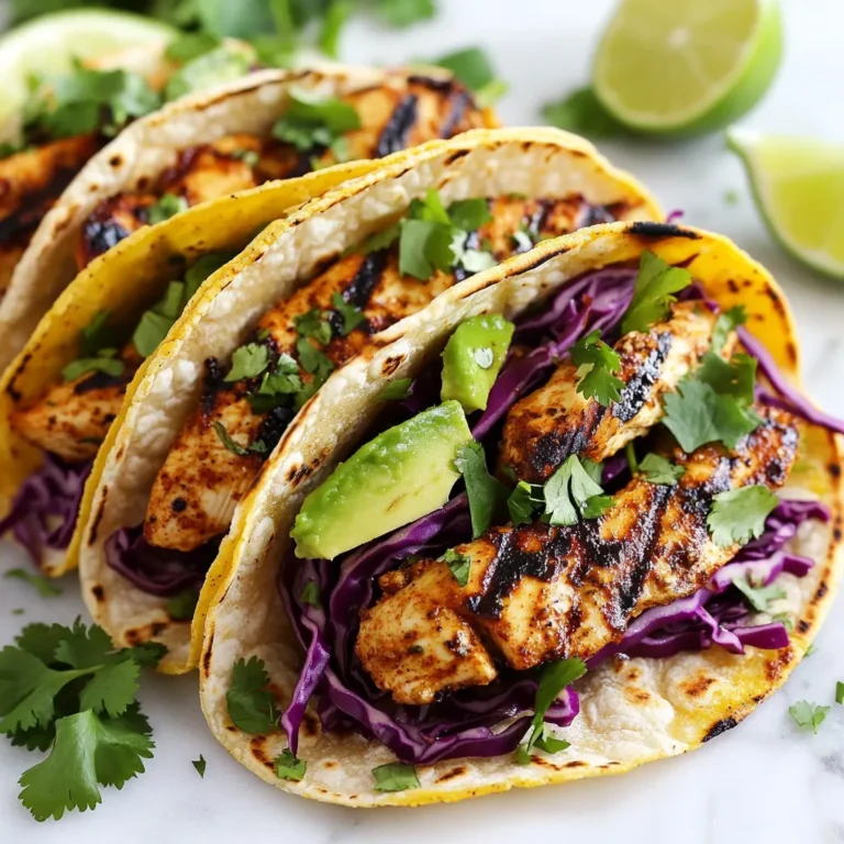 For these tasty tacos, you need: - 1 lb boneless, skinless chicken breast - 8 small corn tortillas - 1 ripe avocado, thinly sliced - 1 cup red cabbage, finely shredded - Fresh cilantro, roughly chopped, for garnish - 2 limes (1 for juice, 1 cut into wedges for serving) These main ingredients create a strong base for the dish. The chicken gives protein and flavor, while the tortillas hold everything together. You will also need: - 2 tablespoons chili powder - 1 teaspoon ground cumin - 1 teaspoon smoky paprika - 3 tablespoons extra virgin olive oil - 1 teaspoon garlic powder - Salt and freshly cracked black pepper, to taste These seasonings add depth and heat to the chicken. The olive oil helps the spices stick and keeps the meat juicy. For a perfect taco, gather: - Fresh lime wedges for serving - Your favorite salsa for dipping The lime juice brightens the dish. Salsa adds an extra layer of flavor and pairs well with the grilled chicken. With these ingredients, you set the stage for a delicious taco experience that bursts with flavor and freshness. {{ingredient_image_2}} To start, you need to make a tasty marinade. In a medium bowl, mix together 2 tablespoons of chili powder, 1 teaspoon of ground cumin, 1 teaspoon of smoky paprika, and 1 teaspoon of garlic powder. Squeeze the juice from one lime into the bowl. Add 3 tablespoons of olive oil and a pinch of salt and pepper. Whisk this all together until it blends well. Now, take your 1 pound of chicken breast and place it in the bowl. Use your hands or a spoon to coat the chicken fully in the marinade. Cover the bowl with plastic wrap and put it in the fridge. Let it sit for at least 30 minutes. If you have time, marinate it for up to 2 hours. This makes the chicken even tastier. When you are ready to grill, preheat your grill to medium-high heat. Make sure the grates are clean and lightly oiled, so the chicken does not stick. Take the chicken out of the marinade and place it directly onto the hot grill. Be sure to throw away any leftover marinade. Grill the chicken for about 5 to 7 minutes on each side. You want the internal temperature to reach 165°F (75°C). Look for nice grill marks on the chicken. After grilling, move the chicken to a cutting board and let it rest for 5 minutes. This resting time helps keep the juices inside. Then, slice the chicken into thin strips. While the chicken is resting, warm the corn tortillas on the grill. Place them for about 30 seconds on each side. You want them warm with slight char marks. Now, it’s time to assemble your tacos. Take a warmed tortilla and lay a few strips of grilled chicken on top. Add a handful of shredded red cabbage and a few slices of avocado. Finish with a sprinkle of freshly chopped cilantro. Serve your tacos with lime wedges for squeezing and a bowl of your favorite salsa for dipping. Enjoy the burst of flavors in every bite! Grilling chicken can be fun and easy. First, make sure your grill is clean. A clean grill helps the chicken not stick. Preheat the grill to medium-high heat. This gets the grill hot enough for good sear marks. Place the chicken on the grill for 5 to 7 minutes per side. Use a food thermometer to check for doneness. The chicken should reach 165°F (75°C). Let the chicken rest for 5 minutes after grilling. This keeps the juices inside, making it more tender. Marinading the chicken is key for flavor. You can let it sit for as little as 30 minutes. But if you have time, try to marinate it for 2 hours. The longer the chicken sits in the marinade, the more flavor it absorbs. Use a mix of chili powder, cumin, and lime juice for a punchy taste. Make sure to coat the chicken well. This ensures every bite is packed with flavor. Presentation makes food more appealing. For tacos, use a bright platter. Arrange the tacos neatly, with extra cilantro on top. Add lime wedges for a pop of color. Serve with a colorful salsa on the side. It makes the dish look fun and inviting. Warm the corn tortillas on the grill for better taste. This adds a nice char and makes them easier to fold. A great presentation makes everyone excited to dig in! Pro Tips Marinate Longer for Flavor: For the best flavor, marinate the chicken for at least 2 hours, or even overnight, to allow the spices to fully penetrate the meat. Check Grill Temperature: Ensure your grill is preheated to medium-high heat. This helps achieve those beautiful grill marks and prevents the chicken from sticking. Rest the Chicken: Allowing the grilled chicken to rest for 5 minutes before slicing helps retain its juices, resulting in a more succulent taco filling. Customize Your Toppings: Feel free to add additional toppings like diced tomatoes, jalapeños, or a drizzle of creamy chipotle sauce for extra flavor and texture. {{image_4}} If you need to swap ingredients, here are some easy ideas: - Chicken: Use boneless thighs for a juicier option. - Spices: If you lack chili powder, try taco seasoning instead. - Olive Oil: You can use avocado oil for a different taste. - Tortillas: Flour tortillas work well if you prefer them over corn. Tacos are fun because you can add many toppings. Here are some tasty picks: - Cheese: Crumbled feta or shredded cheddar add creaminess. - Greens: Use arugula or spinach for a fresh crunch. - Salsa: Fresh pico de gallo or mango salsa can brighten each bite. - Sour Cream: A dollop can balance the heat from the chili. You can still enjoy these tacos even without a grill. Here's how: - Oven: Preheat to 400°F (200°C). Place marinated chicken on a baking sheet. Bake for 20-25 minutes until cooked through. - Stovetop: Heat a skillet over medium heat. Add olive oil, then cook chicken for about 6-7 minutes per side. These methods give you flexibility while keeping the flavor strong. Enjoy the process of making these tacos your own! To keep leftover chicken fresh, let it cool first. Place it in an airtight container. Seal it tightly and store it in the fridge. You can keep it for up to three days. When reheating, use low heat. This helps keep the chicken juicy and tasty. For meal prep, store the chicken and taco fillings separately. Wrap tortillas in plastic wrap or foil. Keep them in the fridge for up to two days. When ready to eat, warm the tortillas on a grill or skillet. This makes them soft and easy to fill. You can freeze leftover grilled chicken too! Cool the chicken, then slice it. Place it in freezer bags. Squeeze out as much air as possible and seal. It can last up to three months. For tortillas, wrap them in foil and freeze. You can also freeze shredded cabbage and avocado slices. Just remember, avocado may brown, so use it quickly once thawed. To keep your grilled chicken juicy, marinate it well. Use a mix of lime juice, olive oil, and spices. The acid in lime helps tenderize the meat. Let the chicken sit in the marinade for at least 30 minutes. For better results, marinate for up to 2 hours. Grill the chicken over medium-high heat. Cooking it too long makes it dry. Always check the internal temperature; it should reach 165°F (75°C). Let the chicken rest for 5 minutes after grilling. This step keeps the juices inside. Yes, you can use other proteins for these tacos. Chicken is a favorite, but many options work well. Try shrimp for a seafood twist. Pork or beef also adds great flavor. Just adjust the cooking time based on the protein you choose. For example, shrimp cooks faster than chicken. Tofu is a nice option for a plant-based taco. The key is to season it well, just like the chicken. Great sides for grilled chicken tacos include rice and beans. They complement the flavors nicely. A fresh salad adds crunch and color. Consider a corn salad or a simple green salad. Chips with salsa or guacamole are also popular. These sides make the meal more filling and fun. You can also serve grilled vegetables for extra nutrition. In this blog post, we explored how to make delicious chili lime grilled chicken tacos. We covered the main ingredients, marinade tips, grilling steps, and perfect taco assembly. I shared ways to enhance taste, suggested variations, and provided storage tips for leftovers. Remember, juicy chicken comes from proper marination and grilling techniques. Get creative with toppings and cooking methods. Enjoy your yummy tacos and impress everyone with your skills!
