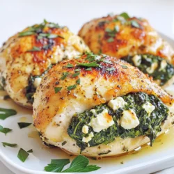 For this dish, use 4 boneless, skinless chicken breasts. They should be thick enough to hold the filling but not too thick. Look for breasts that are uniform in size to ensure even cooking. Fresh chicken is best for flavor, so check the sell-by date. You will need 2 cups of fresh spinach, chopped finely. Fresh spinach gives a nice color and taste. The cheese mix is key! Use 1 cup of crumbled feta cheese for tanginess and 1/2 cup of softened cream cheese for creaminess. The cream cheese helps bind the filling together. You can add 1/4 cup of finely chopped sun-dried tomatoes to boost the flavor of the filling. Season with 1 teaspoon of dried oregano, and add salt and black pepper to taste. Use 3 minced garlic cloves for a hint of warmth. Olive oil is also important; it helps with sautéing the garlic. Start by preheating your oven to 375°F (190°C). This step is key. A hot oven cooks the chicken evenly. It also helps the cheese melt nicely inside. Next, grab a medium skillet. Pour in one tablespoon of olive oil and heat it over medium heat. Once the oil is warm, add three minced garlic cloves. Sauté the garlic for about one minute. You want it to smell good, not burn. Then, add two cups of chopped fresh spinach. Cook it for about two to three minutes. You’ll see it wilt down and shrink. Remove the skillet from heat and let it cool for a minute. Now, take your four boneless, skinless chicken breasts. With a sharp knife, cut a pocket into the side of each breast. Make sure not to cut all the way through. You want enough space for the filling. In a large bowl, mix the cooled spinach and garlic with one cup of crumbled feta and half a cup of softened cream cheese. Season this with one teaspoon of dried oregano, salt, and black pepper. If you love sun-dried tomatoes, fold in a quarter cup now. This adds a nice flavor. Stir until everything blends well and looks creamy. Now it’s time to stuff the chicken. Take a generous amount of the filling and place it inside each chicken breast. Press down gently to fit it all in. Use toothpicks or kitchen twine to secure the openings. This keeps the filling from leaking out while cooking. Lastly, sprinkle a bit of salt and pepper on the outside of each stuffed chicken breast. This adds flavor to the crust. Now, lay the stuffed breasts on a baking sheet lined with parchment paper. It makes cleanup easier. Place them in your preheated oven and bake for 25 to 30 minutes. The chicken should no longer be pink in the center, and the juices should run clear. After baking, let the chicken rest for about five minutes before serving. This step keeps the juices inside. Enjoy your delicious spinach feta stuffed chicken! To keep the chicken juicy, start with good-quality breasts. Look for ones that are plump and fresh. When you season the chicken, use salt and pepper both inside and out. This simple step boosts flavor and helps with moisture retention. Another key tip is to avoid overcooking the chicken. Use a meat thermometer to check for doneness. Aim for an internal temperature of 165°F (74°C). This way, you get perfectly cooked chicken that stays moist. When stuffing the chicken, make sure to fill it generously. Press the filling in, but don’t overstuff it. This helps prevent any leaks. Using toothpicks or kitchen twine is essential. Secure the opening tightly to keep the filling in place while cooking. If you prefer, you can also wrap the chicken in bacon for added flavor and security. Just make sure the bacon is cooked through by the time the chicken is done. Letting the chicken rest is vital. After baking, let it sit for about 5 minutes. This gives the juices time to redistribute, making every bite tender and flavorful. If you cut into the chicken right away, all those tasty juices will run out. So, be patient! This small step can make a big difference in the taste and texture of your dish. Enjoy your delicious creation! {{image_4}} You can switch up the filling for your Spinach Feta Stuffed Chicken. Try using ricotta cheese instead of cream cheese. It adds a different creaminess. You can also use goat cheese for a tangy twist. For those who love a kick, add some chopped jalapeños or red pepper flakes. You can even toss in cooked mushrooms or artichokes to enhance the flavor profile. This gives you a chance to get creative based on what you have at home. You don't have to bake the stuffed chicken if you prefer other cooking styles. You can grill the chicken for a smoky flavor. Just make sure to keep the heat medium to avoid drying it out. Another option is to pan-sear the chicken in a skillet. This gives a nice golden crust. If you're short on time, you might also consider using a slow cooker. Cook it on low for about four hours. This method leaves the chicken tender and juicy. When it comes to serving, presentation is key. Place your spinach feta stuffed chicken on a bed of fresh greens. This adds color and makes the dish pop. You can also pair it with roasted vegetables for a hearty meal. For a bright touch, drizzle balsamic reduction over the top. Consider garnishing with fresh herbs like parsley or basil. This not only adds flavor but makes the dish look gourmet. After cooking your spinach feta stuffed chicken, let it cool. Place it in an airtight container. Store it in the fridge for up to three days. Make sure to keep it away from strong-smelling foods. This keeps the chicken fresh and flavorful. To freeze, first cool the chicken completely. Wrap each piece tightly in plastic wrap and then place it in a freezer bag. You can freeze the stuffed chicken for up to three months. When ready to eat, thaw it overnight in the fridge before reheating. This helps maintain the texture and taste. To reheat, preheat your oven to 350°F (175°C). Place the stuffed chicken on a baking sheet. Cover it with foil to keep moisture in. Heat for about 20-25 minutes, or until warmed through. You can also use a microwave for quicker reheating, but the oven keeps it juicier. If using the microwave, cut the chicken into pieces for even heating. Enjoy your meal again! Yes, you can use frozen spinach. It’s a great option if fresh spinach is not available. Just make sure to thaw it first. Squeeze out as much water as you can. This keeps your filling from getting too soggy. The key is to maintain the right texture in your dish. To check if the chicken is done, use a meat thermometer. The internal temperature should reach 165°F (75°C). If you don’t have a thermometer, look for clear juices when you cut into the chicken. No pink should show in the center. Letting the chicken rest after cooking helps keep it juicy. Many sides go well with this dish. Here are a few ideas: - Roasted vegetables like carrots and zucchini - A fresh green salad with lemon vinaigrette - Quinoa or rice for a hearty touch - Garlic bread for a tasty crunch These sides can enhance your meal and add color to your plate. Spinach and feta stuffed chicken is simple and tasty. You learned about the key ingredients, cooking steps, and tips for a perfect dish. Remember to choose fresh veggies and ensure the chicken is moist. Variations can make this meal your own, and proper storage can keep it fresh. Don't forget to pair it with your favorite sides for a complete meal. Enjoy making this dish and delight your taste buds!