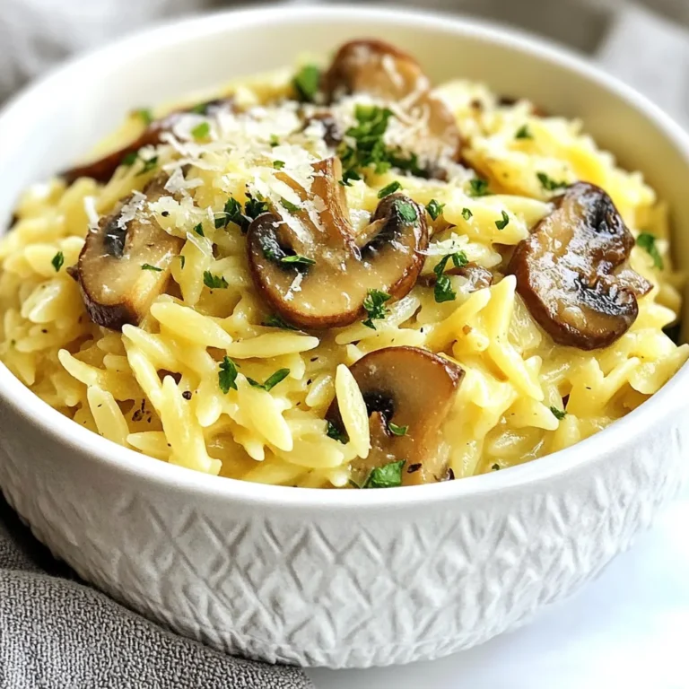 To make Creamy Garlic Mushroom Orzo, gather these simple ingredients: - 1 cup orzo pasta - 2 tablespoons extra virgin olive oil - 1 medium onion, finely chopped - 4 cloves garlic, minced - 8 ounces mushrooms, sliced (cremini or button variety) - 1 cup vegetable broth (low-sodium recommended) - 1 cup heavy cream (or a dairy-free alternative such as coconut cream or cashew cream) - 1/2 cup grated Parmesan cheese (substitute with nutritional yeast for a vegan option) - 1 teaspoon dried thyme - Sea salt and freshly ground black pepper, to taste - Fresh parsley, chopped, for garnish You might not have every ingredient at home. Here are some easy swaps: - Use any pasta if you’re out of orzo. - Swap heavy cream with coconut cream for a dairy-free dish. - If you want a vegan option, replace Parmesan cheese with nutritional yeast. - Dried thyme can be replaced with fresh thyme. Just double the amount. Having the right tools makes cooking easier. Here’s what you need: - A large skillet for cooking the orzo and sauce. - A wooden spoon for stirring. - A knife and cutting board for chopping the onion and mushrooms. - Measuring cups and spoons for accurate portions. - A serving platter or shallow bowls for presentation. This list keeps it simple and helps you create a tasty dinner. Enjoy your cooking! {{ingredient_image_2}} Start by gathering all your ingredients. This makes cooking easier and faster. You will need: - 1 cup orzo pasta - 2 tablespoons extra virgin olive oil - 1 medium onion, finely chopped - 4 cloves garlic, minced - 8 ounces mushrooms, sliced - 1 cup vegetable broth - 1 cup heavy cream - 1/2 cup grated Parmesan cheese - 1 teaspoon dried thyme - Sea salt and freshly ground black pepper - Fresh parsley, chopped Chop the onion and mince the garlic. Slice the mushrooms. This step helps them cook well. Heat the olive oil in a large skillet over medium heat. Add the chopped onion and sauté it until it becomes soft and clear. This takes about 3 to 4 minutes. Next, add the minced garlic. Stir it for 1 to 2 minutes until it smells great. Be careful not to burn the garlic. Then, add the sliced mushrooms to the skillet. Sauté them until they turn soft and brown, which should take 5 to 7 minutes. This step brings out their rich flavor. Now, stir in the orzo pasta. Toast it lightly for about 2 minutes. This will add a deeper flavor to the dish. After that, pour in the vegetable broth. Increase the heat a bit to bring it to a gentle simmer. Cook until the orzo is tender and absorbs most of the liquid. This takes about 10 to 12 minutes. Stir occasionally to keep it from sticking. Once the orzo is cooked, lower the heat. Stir in the heavy cream, Parmesan cheese, dried thyme, salt, and pepper. Mix well until everything is creamy and combined. Let it warm for an extra 2 to 3 minutes. Taste it and adjust the seasoning if needed. Remove the skillet from the heat. Sprinkle the orzo with chopped parsley. This adds a fresh look and flavor. For an elegant serving, place the orzo in shallow bowls or on a platter. Drizzle any leftover creamy sauce over the top. You can add more Parmesan or nutritional yeast for extra flair. A lemon wedge on the side adds a nice touch too. Enjoy your delicious meal! To make orzo just right, follow these steps: - Toast the Orzo: Lightly toast the orzo in the skillet. This adds a nice, nutty flavor. Just a couple of minutes is all you need. - Watch the Liquid: Use enough broth so the orzo cooks well. Stir often to avoid sticking. You want it creamy, not dry. - Cook to Al Dente: Check the orzo often. It should be tender but still have a slight bite. This makes the dish more enjoyable. Boost the taste of your orzo: - Herbs and Spices: Add herbs like thyme or rosemary for depth. A pinch of red pepper flakes can add heat. - Umami Boost: Use a splash of soy sauce or a dash of Worcestershire sauce. This can deepen the flavor. - Cheese Options: Try different cheeses like feta or goat cheese. Each cheese gives a unique taste. Avoid these pitfalls for a perfect dish: - Overcooking the Garlic: Garlic burns easily. Stir it quickly and keep an eye on it. - Skipping the Sauté: Don’t skip sautéing the mushrooms. This step adds great flavor and texture. - Not Tasting: Always taste your dish before serving. Adjust salt and pepper as needed for the best flavor. Pro Tips Use Fresh Ingredients: Fresh mushrooms, garlic, and herbs will enhance the flavor of your dish significantly compared to dried or pre-packaged options. Toasting Orzo: Briefly toasting the orzo in the skillet before adding liquid adds a deeper, nuttier flavor to your final dish. Adjusting Creaminess: For a lighter dish, you can reduce the amount of heavy cream or substitute it with a blend of vegetable broth and a splash of almond milk. Garnishing: Fresh parsley not only adds color but also brightens the dish’s flavors. Consider adding a squeeze of lemon juice for extra freshness just before serving. {{image_4}} You can easily make this dish vegan. Use coconut cream or cashew cream instead of heavy cream. For cheese, swap Parmesan with nutritional yeast. This gives a nice cheesy flavor without dairy. Make sure your vegetable broth is vegan too. The dish stays creamy and delicious with these swaps. For extra protein, add cooked chicken or shrimp. Cooked chicken breast works well. Just cut it into bite-sized pieces. For shrimp, sauté them in the skillet until they turn pink. Stir them in with the cream for a hearty meal. These options make the dish more filling and satisfying. Feel free to add more veggies! Spinach is a great choice; just stir it in at the end. It wilts quickly and adds color. You can also use peas for a sweet burst. Fresh or frozen peas work perfectly. These changes not only boost nutrition but also add fun flavors and textures to the orzo. Store your leftover Creamy Garlic Mushroom Orzo in an airtight container. Let it cool first, then seal it well. This keeps it fresh for several days. You can keep it in the fridge for up to three days. If you want to keep it longer, freezing is a great option. To reheat, use a skillet for best results. Add a splash of vegetable broth or cream to help it warm evenly. Heat on low and stir often. This way, the orzo stays creamy and delicious. You can also use a microwave if you're in a hurry. Just heat in short bursts and stir in between. For freezing, place the cooled orzo in a freezer-safe container. It can last for up to three months in the freezer. When you're ready to eat it, thaw it in the fridge overnight. Reheat it as described above, adding a bit of liquid if needed. Enjoy your tasty meal again! Creamy Garlic Mushroom Orzo lasts about 3 to 4 days in the fridge. Make sure to store it in an airtight container. The flavors will deepen as it sits, making it even tastier! However, the creamy texture might change a little after chilling. Yes, you can use different pasta shapes! Try using penne, fusilli, or even rice. Each shape gives a unique texture. Just adjust the cooking time according to the pasta you choose. Keep an eye on it to ensure it is perfectly cooked. Creamy Garlic Mushroom Orzo pairs well with many dishes. You can serve it with grilled chicken or fish for a hearty meal. A fresh salad adds a nice crunch. Garlic bread or a side of roasted veggies will complement the flavors too. Enjoy exploring different pairings! In this blog post, we explored creamy garlic mushroom orzo. We covered the key ingredients, substitutions, and tools needed. The step-by-step guide detailed how to cook and present your dish. I shared tips to avoid mistakes and enhance flavor. We also discussed variations for all tastes and how to store leftovers properly. Enjoy experimenting with this dish, and make it your own. Happy cooking!