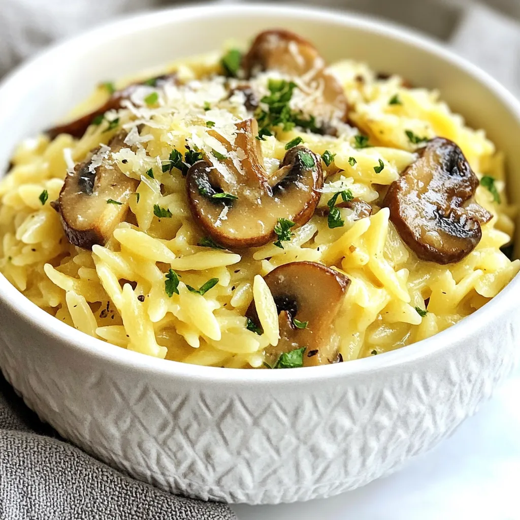 To make Creamy Garlic Mushroom Orzo, gather these simple ingredients: - 1 cup orzo pasta - 2 tablespoons extra virgin olive oil - 1 medium onion, finely chopped - 4 cloves garlic, minced - 8 ounces mushrooms, sliced (cremini or button variety) - 1 cup vegetable broth (low-sodium recommended) - 1 cup heavy cream (or a dairy-free alternative such as coconut cream or cashew cream) - 1/2 cup grated Parmesan cheese (substitute with nutritional yeast for a vegan option) - 1 teaspoon dried thyme - Sea salt and freshly ground black pepper, to taste - Fresh parsley, chopped, for garnish You might not have every ingredient at home. Here are some easy swaps: - Use any pasta if you’re out of orzo. - Swap heavy cream with coconut cream for a dairy-free dish. - If you want a vegan option, replace Parmesan cheese with nutritional yeast. - Dried thyme can be replaced with fresh thyme. Just double the amount. Having the right tools makes cooking easier. Here’s what you need: - A large skillet for cooking the orzo and sauce. - A wooden spoon for stirring. - A knife and cutting board for chopping the onion and mushrooms. - Measuring cups and spoons for accurate portions. - A serving platter or shallow bowls for presentation. This list keeps it simple and helps you create a tasty dinner. Enjoy your cooking! {{ingredient_image_2}} Start by gathering all your ingredients. This makes cooking easier and faster. You will need: - 1 cup orzo pasta - 2 tablespoons extra virgin olive oil - 1 medium onion, finely chopped - 4 cloves garlic, minced - 8 ounces mushrooms, sliced - 1 cup vegetable broth - 1 cup heavy cream - 1/2 cup grated Parmesan cheese - 1 teaspoon dried thyme - Sea salt and freshly ground black pepper - Fresh parsley, chopped Chop the onion and mince the garlic. Slice the mushrooms. This step helps them cook well. Heat the olive oil in a large skillet over medium heat. Add the chopped onion and sauté it until it becomes soft and clear. This takes about 3 to 4 minutes. Next, add the minced garlic. Stir it for 1 to 2 minutes until it smells great. Be careful not to burn the garlic. Then, add the sliced mushrooms to the skillet. Sauté them until they turn soft and brown, which should take 5 to 7 minutes. This step brings out their rich flavor. Now, stir in the orzo pasta. Toast it lightly for about 2 minutes. This will add a deeper flavor to the dish. After that, pour in the vegetable broth. Increase the heat a bit to bring it to a gentle simmer. Cook until the orzo is tender and absorbs most of the liquid. This takes about 10 to 12 minutes. Stir occasionally to keep it from sticking. Once the orzo is cooked, lower the heat. Stir in the heavy cream, Parmesan cheese, dried thyme, salt, and pepper. Mix well until everything is creamy and combined. Let it warm for an extra 2 to 3 minutes. Taste it and adjust the seasoning if needed. Remove the skillet from the heat. Sprinkle the orzo with chopped parsley. This adds a fresh look and flavor. For an elegant serving, place the orzo in shallow bowls or on a platter. Drizzle any leftover creamy sauce over the top. You can add more Parmesan or nutritional yeast for extra flair. A lemon wedge on the side adds a nice touch too. Enjoy your delicious meal! To make orzo just right, follow these steps: - Toast the Orzo: Lightly toast the orzo in the skillet. This adds a nice, nutty flavor. Just a couple of minutes is all you need. - Watch the Liquid: Use enough broth so the orzo cooks well. Stir often to avoid sticking. You want it creamy, not dry. - Cook to Al Dente: Check the orzo often. It should be tender but still have a slight bite. This makes the dish more enjoyable. Boost the taste of your orzo: - Herbs and Spices: Add herbs like thyme or rosemary for depth. A pinch of red pepper flakes can add heat. - Umami Boost: Use a splash of soy sauce or a dash of Worcestershire sauce. This can deepen the flavor. - Cheese Options: Try different cheeses like feta or goat cheese. Each cheese gives a unique taste. Avoid these pitfalls for a perfect dish: - Overcooking the Garlic: Garlic burns easily. Stir it quickly and keep an eye on it. - Skipping the Sauté: Don’t skip sautéing the mushrooms. This step adds great flavor and texture. - Not Tasting: Always taste your dish before serving. Adjust salt and pepper as needed for the best flavor. Pro Tips Use Fresh Ingredients: Fresh mushrooms, garlic, and herbs will enhance the flavor of your dish significantly compared to dried or pre-packaged options. Toasting Orzo: Briefly toasting the orzo in the skillet before adding liquid adds a deeper, nuttier flavor to your final dish. Adjusting Creaminess: For a lighter dish, you can reduce the amount of heavy cream or substitute it with a blend of vegetable broth and a splash of almond milk. Garnishing: Fresh parsley not only adds color but also brightens the dish’s flavors. Consider adding a squeeze of lemon juice for extra freshness just before serving. {{image_4}} You can easily make this dish vegan. Use coconut cream or cashew cream instead of heavy cream. For cheese, swap Parmesan with nutritional yeast. This gives a nice cheesy flavor without dairy. Make sure your vegetable broth is vegan too. The dish stays creamy and delicious with these swaps. For extra protein, add cooked chicken or shrimp. Cooked chicken breast works well. Just cut it into bite-sized pieces. For shrimp, sauté them in the skillet until they turn pink. Stir them in with the cream for a hearty meal. These options make the dish more filling and satisfying. Feel free to add more veggies! Spinach is a great choice; just stir it in at the end. It wilts quickly and adds color. You can also use peas for a sweet burst. Fresh or frozen peas work perfectly. These changes not only boost nutrition but also add fun flavors and textures to the orzo. Store your leftover Creamy Garlic Mushroom Orzo in an airtight container. Let it cool first, then seal it well. This keeps it fresh for several days. You can keep it in the fridge for up to three days. If you want to keep it longer, freezing is a great option. To reheat, use a skillet for best results. Add a splash of vegetable broth or cream to help it warm evenly. Heat on low and stir often. This way, the orzo stays creamy and delicious. You can also use a microwave if you're in a hurry. Just heat in short bursts and stir in between. For freezing, place the cooled orzo in a freezer-safe container. It can last for up to three months in the freezer. When you're ready to eat it, thaw it in the fridge overnight. Reheat it as described above, adding a bit of liquid if needed. Enjoy your tasty meal again! Creamy Garlic Mushroom Orzo lasts about 3 to 4 days in the fridge. Make sure to store it in an airtight container. The flavors will deepen as it sits, making it even tastier! However, the creamy texture might change a little after chilling. Yes, you can use different pasta shapes! Try using penne, fusilli, or even rice. Each shape gives a unique texture. Just adjust the cooking time according to the pasta you choose. Keep an eye on it to ensure it is perfectly cooked. Creamy Garlic Mushroom Orzo pairs well with many dishes. You can serve it with grilled chicken or fish for a hearty meal. A fresh salad adds a nice crunch. Garlic bread or a side of roasted veggies will complement the flavors too. Enjoy exploring different pairings! In this blog post, we explored creamy garlic mushroom orzo. We covered the key ingredients, substitutions, and tools needed. The step-by-step guide detailed how to cook and present your dish. I shared tips to avoid mistakes and enhance flavor. We also discussed variations for all tastes and how to store leftovers properly. Enjoy experimenting with this dish, and make it your own. Happy cooking!