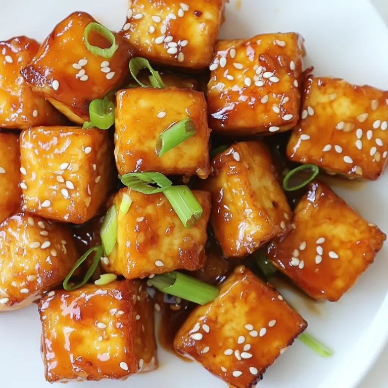 For this tasty dish, gather these main items: - 1 block (14 oz) firm tofu, pressed and cubed - 1/2 cup cornstarch - 1/4 cup vegetable oil (for frying) - 1/2 cup fresh orange juice - 2 tablespoons soy sauce - 2 tablespoons maple syrup - 1 teaspoon freshly grated ginger - 2 cloves garlic, minced - 1 tablespoon rice vinegar - 1 teaspoon sesame oil - 1 tablespoon orange zest Each of these ingredients plays a key role. The tofu gives protein, while the cornstarch helps create that perfect crispy texture. The orange juice and zest bring bright, fresh flavors that make this dish shine. To make your dish even more appealing, consider these garnishes: - Sliced green onions - Sesame seeds These add a nice crunch and a pop of color. They also enhance the dish's flavors. If you need to swap ingredients, here are some ideas: - Use firm or extra-firm tofu for the best texture. - You can replace the vegetable oil with canola or peanut oil. - If you don’t have fresh orange juice, bottled juice works too. - Maple syrup can be swapped with agave nectar or honey. These substitutions keep your dish delicious while accommodating your pantry. {{ingredient_image_2}} Start by pressing the tofu. This helps remove extra water. Place a heavy object on the tofu for about 30 minutes. After pressing, cut the tofu into 1-inch cubes. This size cooks evenly and gets crispy. Next, grab a shallow dish and pour in the cornstarch. Take the tofu cubes and gently toss them in the cornstarch. Make sure each piece is coated well. This coating creates a crispy texture when frying. Heat the vegetable oil in a large skillet over medium-high heat. Wait until the oil is hot and shimmering. Carefully add the coated tofu in a single layer. Fry each side for 3-4 minutes. The tofu should turn golden brown and crispy. Once done, place the tofu on a paper towel-lined plate to absorb excess oil. In a small saucepan, mix the fresh orange juice, soy sauce, maple syrup, grated ginger, minced garlic, rice vinegar, sesame oil, and orange zest. Whisk these ingredients together. Bring the mix to a simmer over medium heat. Cook for 3-5 minutes, stirring often. The sauce will thicken slightly during this time. Carefully add the crispy tofu to the orange sauce. Toss the tofu gently until each piece is coated. Let the tofu soak in the sauce for about a minute. This step enhances the flavor and makes it even tastier. Once coated, transfer the tofu to a serving dish. For garnish, sprinkle sliced green onions and sesame seeds on top. Serve it over steamed rice or with a fresh salad. Drizzle some extra orange sauce over the dish for a pop of flavor. To make your tofu extra crispy, follow a few key steps. First, press the tofu well. This removes moisture and helps it fry better. Use firm tofu for the best texture. After pressing, cut it into 1-inch cubes. Next, coat each piece in cornstarch. This creates a nice crust when frying. Heat the oil until it shimmers before adding the tofu. Fry in a single layer, so each piece gets even heat. Flip the tofu gently to avoid breaking it. Fry until golden brown on all sides for that perfect crunch. For a burst of flavor, add fresh ginger and garlic to the sauce. They bring warmth and depth to the dish. Use high-quality soy sauce for a richer taste. Adding maple syrup balances the tartness of the orange juice. You can also include a splash of rice vinegar for extra zing. Don't forget the orange zest! It adds a fresh, fragrant note that brightens the dish. If you like it spicy, add a pinch of red pepper flakes for a kick. One common mistake is not pressing the tofu enough. This leads to soggy tofu that won’t crisp up. Avoid overcrowding the pan while frying. This cools the oil and makes the tofu steam instead of fry. Be careful with the sauce; if you overcook it, it can become too thick. Toss the tofu in the sauce just before serving. This keeps it crispy and prevents it from getting mushy. Lastly, don’t skip garnishing with green onions and sesame seeds. They add color and texture to your dish. Pro Tips Press the Tofu Well: Make sure to press the tofu thoroughly to remove as much moisture as possible. This step is crucial for achieving a crispy texture when frying. Use High Heat: Fry the tofu on medium-high heat to ensure a golden brown and crispy exterior. Lower heat can lead to soggy tofu instead of the desired crunch. Toss in Sauce Gently: When combining the crispy tofu with the orange sauce, toss gently to avoid breaking the tofu cubes. This will help maintain their shape and texture. Garnish Freshly: Add the green onions and sesame seeds right before serving to keep them fresh and vibrant. This enhances both the presentation and flavor of the dish. {{image_4}} You can easily swap tofu for other proteins. Chicken or shrimp work well here. Just cut them into small pieces. Adjust cooking time to ensure they cook through. If you prefer plant-based options, try tempeh or seitan. These options also soak up flavors nicely. Not a fan of soy sauce? You can use tamari for a gluten-free version. For a spicy kick, add a bit of sriracha to the sauce. You can also replace maple syrup with agave nectar if needed. This keeps the dish sweet and tasty while staying vegan. The tofu pairs great with various carbs. Serve it over steamed rice or quinoa for a filling meal. Cauliflower rice is a low-carb choice. You could also try it with noodles, like soba or rice noodles. Each option adds a unique twist to your dish! Once you finish your meal, store any leftover crispy orange tofu in an airtight container. Keep it in the fridge for up to three days. This helps keep the tofu fresh, but it may lose some crispiness. To reheat your crispy orange tofu, use an oven or air fryer. Preheat the oven to 350°F (175°C). Place the tofu on a baking sheet and heat for about 10 minutes. This method keeps the tofu crispy. You can also use a microwave, but it may not restore the crunch. If you want to freeze crispy orange tofu, first cool it completely. Place it in a freezer-safe container or bag. It can last up to a month in the freezer. When ready to eat, thaw it in the fridge overnight before reheating. To make crispy tofu, start by pressing the tofu. This step removes excess moisture. Cut the tofu into 1-inch cubes. Toss the cubes in cornstarch until evenly coated. Heat vegetable oil in a skillet. When hot, add the tofu in a single layer. Fry each side for about 3-4 minutes. You want them golden and crispy. Yes, this recipe is gluten-free. Use gluten-free soy sauce or tamari. Make sure to check labels for other ingredients. The rest of the ingredients are naturally gluten-free. This makes it safe for those with gluten sensitivities. Tofu is a great source of protein. It contains essential amino acids. Tofu is also low in calories and high in iron. It offers calcium, magnesium, and other nutrients too. Eating tofu can support heart health and bone strength. Yes, you can use other citrus fruits. Lemons, limes, or grapefruits can work well. Each fruit will add a unique flavor. Adjust the amount of sweetness based on the fruit you choose. This keeps the balance of flavor intact. The orange sauce will last about one week in the fridge. Store it in an airtight container. Make sure to let it cool before sealing. When ready to use, simply reheat it on the stove. This blog post covered key steps for making crispy orange tofu. You learned about the ingredients, how to prepare and fry the tofu, and make that tasty sauce. We explored tips to boost crispiness and avoid common mistakes. Variations offered options for different proteins and sauces. For leftovers, I shared storage and reheating tips. Incorporate these techniques in your own kitchen. Enjoy the process and the results. Crispy orange tofu is a flavorful dish that everyone will love. Happy cooking!