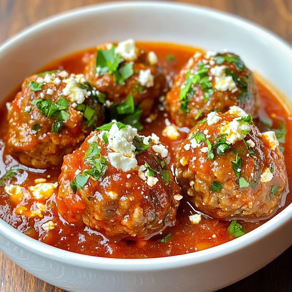 - 1 pound ground beef or lamb - 1/2 cup seasoned breadcrumbs - 1/4 cup crumbled feta cheese - 1/4 cup fresh parsley - 1/4 cup red onion - 2 cloves garlic - 1 large egg - 1 tablespoon dried oregano - 1 teaspoon salt - 1/2 teaspoon black pepper - 1 can diced tomatoes - 1 teaspoon olive oil - Additional garnish: crumbled feta and parsley To make One Skillet Greek Meatballs, you need simple yet tasty ingredients. First, choose between ground beef or lamb. Both give a rich flavor. Next, add seasoned breadcrumbs for a nice texture. Crumbled feta cheese brings a unique taste. Fresh parsley adds a bright touch. Diced red onion and minced garlic give the meatballs a savory depth. The egg helps bind everything together, ensuring your meatballs hold their shape. Dried oregano gives that classic Greek flavor. Salt and black pepper enhance the overall taste. A can of diced tomatoes adds moisture and a delicious sauce. Finally, a splash of olive oil helps cook the meatballs perfectly. With these ingredients, you can create a dish that is hearty and satisfying. Each bite bursts with flavor. As you cook, feel free to adjust the ingredients to match your taste. Want more herbs? Go for it! Prefer leaner meat? Use ground turkey instead. The goal is to make this dish your own. {{ingredient_image_2}} To start, grab a large mixing bowl. Combine 1 pound of ground beef or lamb with 1/2 cup of seasoned breadcrumbs. Next, add 1/4 cup of crumbled feta cheese for a creamy bite. Then, toss in 1/4 cup of finely chopped fresh parsley and 1/4 cup of diced red onion. For flavor, include 2 cloves of minced garlic and 1 tablespoon of dried oregano. Add 1 teaspoon of salt and 1/2 teaspoon of black pepper to season it all. Finally, mix in 1 large beaten egg to bind everything together. Use your hands or a spoon to blend well until it’s all mixed up. Now it’s time to cook! Heat 1 teaspoon of olive oil in a large skillet over medium heat. Once the oil is shimmering, carefully add the meatballs. Place them in a single layer, giving them space to brown. Let them cook for about 5 minutes. Turn them occasionally to brown all sides evenly. You want them golden and delicious. After browning, it’s time for the sauce. Pour in a can of diced tomatoes, juices included. Gently stir to coat each meatball in tomato goodness. Bring the mixture to a gentle simmer. Reduce the heat to low and cover the skillet. Let the meatballs simmer for 15 to 20 minutes. This helps them cook through and soak up the flavors. Aim for an internal temperature of 160°F. Before serving, taste the sauce. Adjust with more salt or pepper if needed. When ready, serve hot, garnished with extra feta and parsley for a fresh touch. To shape perfect meatballs, start with clean hands. Use a scoop or your hands to take a portion of the meat mixture. Roll it gently into a ball about 1 inch wide. This size helps them cook evenly. Do not pack them too tightly, or they may become tough. Aim for a smooth surface. This can help them brown well. For even browning, preheat your skillet with olive oil. Wait until the oil shimmers. Place the meatballs in a single layer. Avoid overcrowding the pan. This lets heat circulate well. Turn the meatballs gently every few minutes. This ensures each side gets that nice golden color. If you need to, cook in batches for the best results. Taste is key in cooking. After mixing the meatball mixture, taste a small piece. If it needs more flavor, add extra salt, pepper, or oregano. You can also mix in more crumbled feta for a salty kick. When the meatballs simmer in the sauce, check the flavor again. Adjust with more salt or pepper if needed. Pro Tips Use Fresh Herbs: Fresh parsley adds a vibrant flavor to the meatballs. Consider adding other herbs like mint for a unique twist. Customize Your Meat: You can mix ground beef and lamb for a richer flavor, or substitute with ground turkey for a leaner option. Don’t Skip the Browning: Browning the meatballs in olive oil creates a delicious crust and enhances the overall flavor of the dish. Perfect Sauce Consistency: If the sauce becomes too thick while simmering, add a splash of water or broth to adjust the consistency. {{image_4}} You can swap ground beef or lamb for ground turkey or chicken. This change makes the dish lighter. I like turkey for its mild taste. It absorbs the flavors of herbs and spices well. Chicken is also a great choice. Both options stay juicy when cooked right. Just remember to check the cooking time. Ground turkey or chicken may need a minute or two longer. For a meat-free version, try making vegetarian meatballs. Use lentils or chickpeas as your base. These ingredients provide protein and fiber. Add breadcrumbs, feta, and spices just like in the original recipe. You can also mix in grated zucchini or carrots for more texture. These meatballs are tasty and filling. Perfect for anyone wanting a plant-based meal. Want to boost nutrition? Add more vegetables to your meatball mix. Bell peppers, spinach, or mushrooms work great. Simply chop them finely and mix them in. They add flavor and moisture. Plus, you sneak in more vitamins for a healthy meal. Adjust the breadcrumbs as needed to keep the mixture balanced. Enjoy the extra crunch and color in your dish! You can store leftover meatballs in the fridge. Place them in an airtight container. They will stay fresh for up to three days. When you want to eat them, just take them out. Freezing is a great option, too. Lay meatballs on a baking sheet. Freeze them until solid, about an hour. After that, place them in a freezer bag. They can last up to three months. This way, you have a quick meal ready anytime. To reheat, use a skillet or the oven. If using a skillet, add a splash of water or sauce. Heat on low until warm. If using the oven, set it to 350°F. Bake for about 15 minutes. This keeps them juicy and flavorful. Enjoy your easy and tasty meal! You will cook the meatballs in a skillet for about 5 minutes. This helps them brown nicely. Then, add the diced tomatoes and cover the skillet. Simmer the meatballs for another 15 to 20 minutes. This ensures they cook through and reach 160°F (70°C). Yes, you can make this recipe ahead of time. Prepare the meatballs and store them in the fridge. They will stay fresh for up to two days. You can also freeze them for up to three months. Just thaw them in the fridge before cooking. Greek meatballs pair well with many sides. Here are some tasty options: - Rice or quinoa for a healthy base - Greek salad with cucumbers and tomatoes - Pita bread for dipping in sauce - Roasted vegetables for added flavor - Tzatziki sauce to cool down the meal These sides will complement the meatballs and enhance your dining experience. Enjoy your meal! This blog post covered making tasty Greek meatballs. You learned about the key ingredients, step-by-step cooking, and helpful tips. I also shared variations like using turkey or extra veggies. Storing and reheating leftovers was another key point. Try this recipe next time you cook. It offers great flavor and easy steps. Enjoying these meatballs can bring joy to your meals.