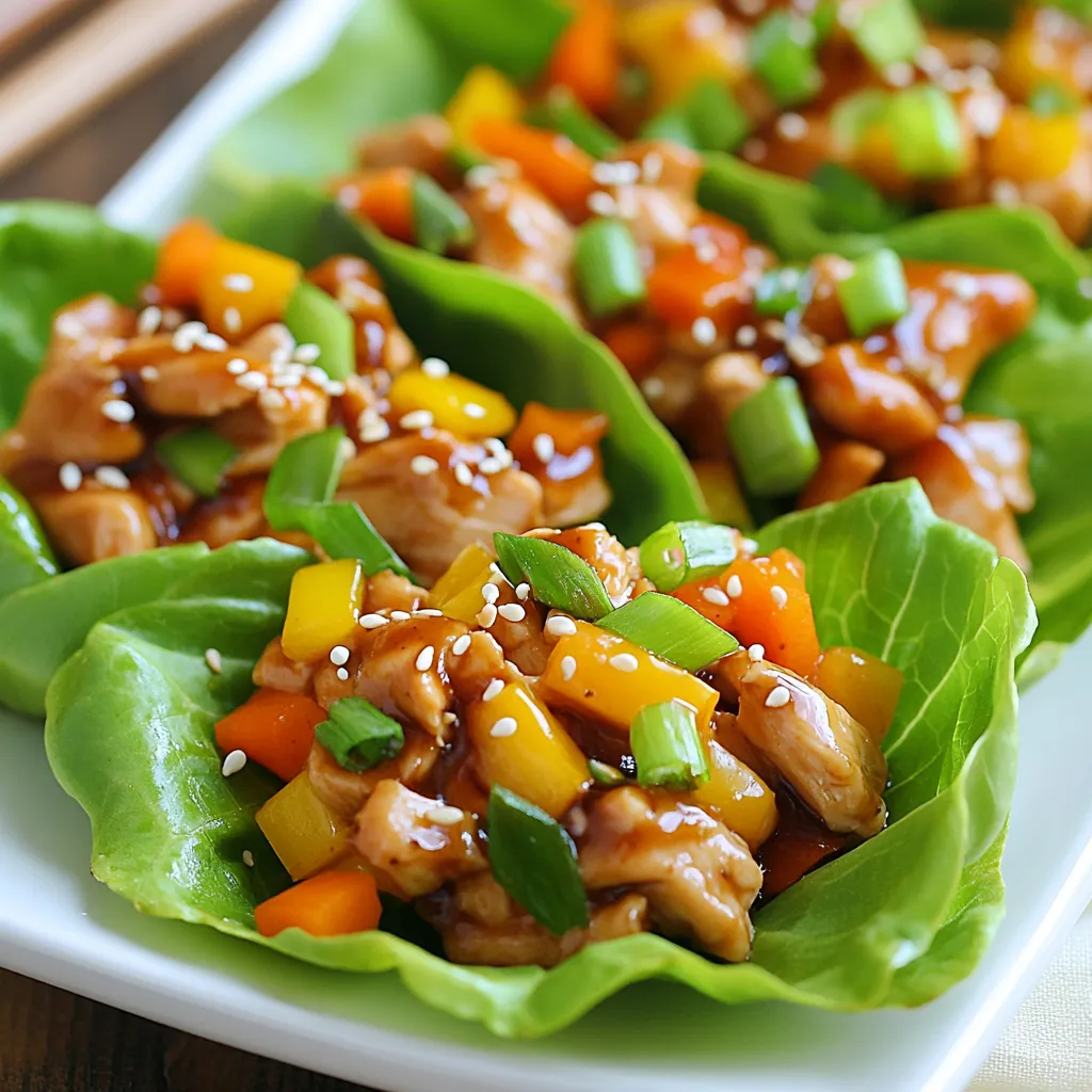 - 2 boneless, skinless chicken breasts, diced into bite-sized pieces - 1 tablespoon sesame oil - 1/4 cup low sodium soy sauce - 2 tablespoons honey - 1 tablespoon rice vinegar - 1 teaspoon fresh ginger, finely minced - 2 cloves garlic, finely minced - 1/2 cup green bell pepper, finely chopped - 1/2 cup carrot, grated - 1/4 cup green onions, sliced (plus extra for garnish) - 1 tablespoon toasted sesame seeds (plus extra for garnish) - 1 head of butter or romaine lettuce, leaves carefully separated - Salt and freshly ground black pepper, to taste To make these wraps, start with your chicken. You want them diced small for easy eating. The sesame oil adds a great flavor. For the teriyaki sauce, mix soy sauce, honey, rice vinegar, minced ginger, and garlic. This sauce is key for that sweet and salty kick. Next, gather your veggies. Green bell pepper and carrot add color and crunch. Don't forget the green onions and sesame seeds for garnish. These not only taste great but also make the dish look pretty. Finally, you'll need fresh lettuce leaves. Butter or romaine works well. They hold everything together and make for a fun wrap. The mix of flavors and textures in these Teriyaki Chicken Lettuce Wraps is truly delightful! {{ingredient_image_2}} Start by heating the sesame oil in a large skillet over medium heat. The oil will get hot quickly. Once it’s hot, add the diced chicken breasts. Cook them for about 5 to 7 minutes. Stir often to brown all sides. Make sure there is no pink left in the center. This means the chicken is fully cooked. While the chicken cooks, grab a mixing bowl. Here, you will make the teriyaki sauce. Whisk together the low sodium soy sauce, honey, rice vinegar, minced ginger, and minced garlic. Mix until everything is well combined. This sauce is what makes the chicken so tasty! When the chicken is cooked, pour the teriyaki sauce over it. Stir well to coat every piece of chicken. Allow this mix to simmer for 3 to 4 minutes. This helps thicken the sauce a bit. Next, add the chopped green bell pepper and grated carrot. Cook for another 2 to 3 minutes. You want the veggies to be tender but still crisp. Finally, season with salt and black pepper to taste. Turn off the heat and gently fold in the sliced green onions and toasted sesame seeds. Now, you are ready to assemble! Take a lettuce leaf and spoon in the teriyaki chicken mixture. Fold it up like a wrap, and enjoy! To make the best teriyaki chicken, start with fresh chicken breasts. Dice them evenly for quick cooking. Use a hot skillet to sear the chicken. This gives it a nice brown color. Cook it until there is no pink left inside. This usually takes about 5-7 minutes. When making the sauce, whisk the soy sauce, honey, rice vinegar, minced ginger, and garlic well. This ensures every bite is full of flavor. Simmer the chicken in the sauce for 3-4 minutes. This helps thicken it and blend the flavors perfectly. Presentation matters. For a beautiful display, arrange the filled lettuce wraps on a big platter. Sprinkle some sesame seeds on top for a nice crunch. Add sliced green onions as a bright garnish. You can also serve extra teriyaki sauce on the side. This adds fun for dipping and keeps things exciting. One mistake is overcooking the chicken. This can make it dry and chewy. Always check that it’s cooked through but still juicy. Another mistake is not seasoning the mixture. A pinch of salt and black pepper can enhance the taste. Lastly, avoid filling the lettuce too much. This can cause the wraps to tear. Keep it simple and enjoy each bite! Pro Tips Use Fresh Ingredients: Fresh vegetables and herbs will enhance the flavor of your teriyaki chicken wraps, making them more vibrant and delicious. Customize Your Veggies: Feel free to substitute or add your favorite vegetables like cucumbers or shredded cabbage for additional crunch and flavor. Make It Spicy: Add a dash of red pepper flakes or a drizzle of sriracha to the teriyaki sauce if you prefer a spicier kick to your wraps. Choose the Right Lettuce: Butter lettuce is ideal for wraps, but you can also use iceberg for a crunchier texture or romaine for a sturdier option. {{image_4}} You can swap chicken for other proteins. Try diced tofu for a lighter meal. Ground turkey also works well. It cooks quickly and absorbs flavors. Shrimp is another tasty choice. Just stir-fry until it's pink and cooked through. To make this dish vegetarian, use tempeh or seitan. Both mimic the texture of chicken. For a vegan option, replace honey with maple syrup or agave. Ensure that soy sauce is vegan. You can add more veggies like mushrooms or zucchini for extra texture. Spice up your teriyaki chicken with a dash of sriracha. This adds heat and depth. You can also include fresh herbs like cilantro or basil. These herbs bring freshness to the wraps. Another idea is to sprinkle in some lime juice for a zesty kick. Don't forget to experiment with different nuts like cashews for crunch! To store leftovers, let the teriyaki chicken cool. Place it in an airtight container. You can keep it in the fridge for up to three days. Keep the lettuce leaves separate to stay fresh. This helps prevent sogginess. When you are ready to eat, reheat the chicken. You can use a microwave or a skillet. If using a microwave, heat for 1-2 minutes. Stir halfway to heat evenly. If using a skillet, cook on low heat until warm. Add a splash of water if it seems dry. To freeze, place the cooled chicken in a freezer bag. Squeeze out as much air as possible. It can stay frozen for up to three months. Thaw it in the fridge overnight before reheating. Avoid freezing the lettuce; it will become limp. Yes, you can use other types of lettuce. Iceberg and romaine are great options. They both add crunch and freshness. You can also try cabbage leaves for a different taste. Each lettuce adds its own flavor and texture. To make this dish gluten-free, swap regular soy sauce for gluten-free soy sauce or tamari. Be sure to check the honey and sesame oil labels. Most brands are gluten-free, but it’s good to confirm. This small change keeps the taste while making it safe for everyone. Teriyaki Chicken Lettuce Wraps pair well with several sides. Serve them with steamed rice or quinoa for a filling meal. A light salad can add freshness and crunch. You might also enjoy some sliced cucumbers or edamame on the side. These options balance the flavors and enhance your meal. This blog post guided you through making Teriyaki Chicken Lettuce Wraps. We covered essential ingredients, including chicken, sauce, and veggies. You learned the steps to cook the chicken, prepare the sauce, and combine it all. I shared tips to perfect your dish and avoid common mistakes. We explored variations like using different proteins and vegan options. Proper storage tips ensure your leftovers stay fresh. Now, you can enjoy this delicious meal anytime! Embrace your cooking journey and create your own tasty twists.