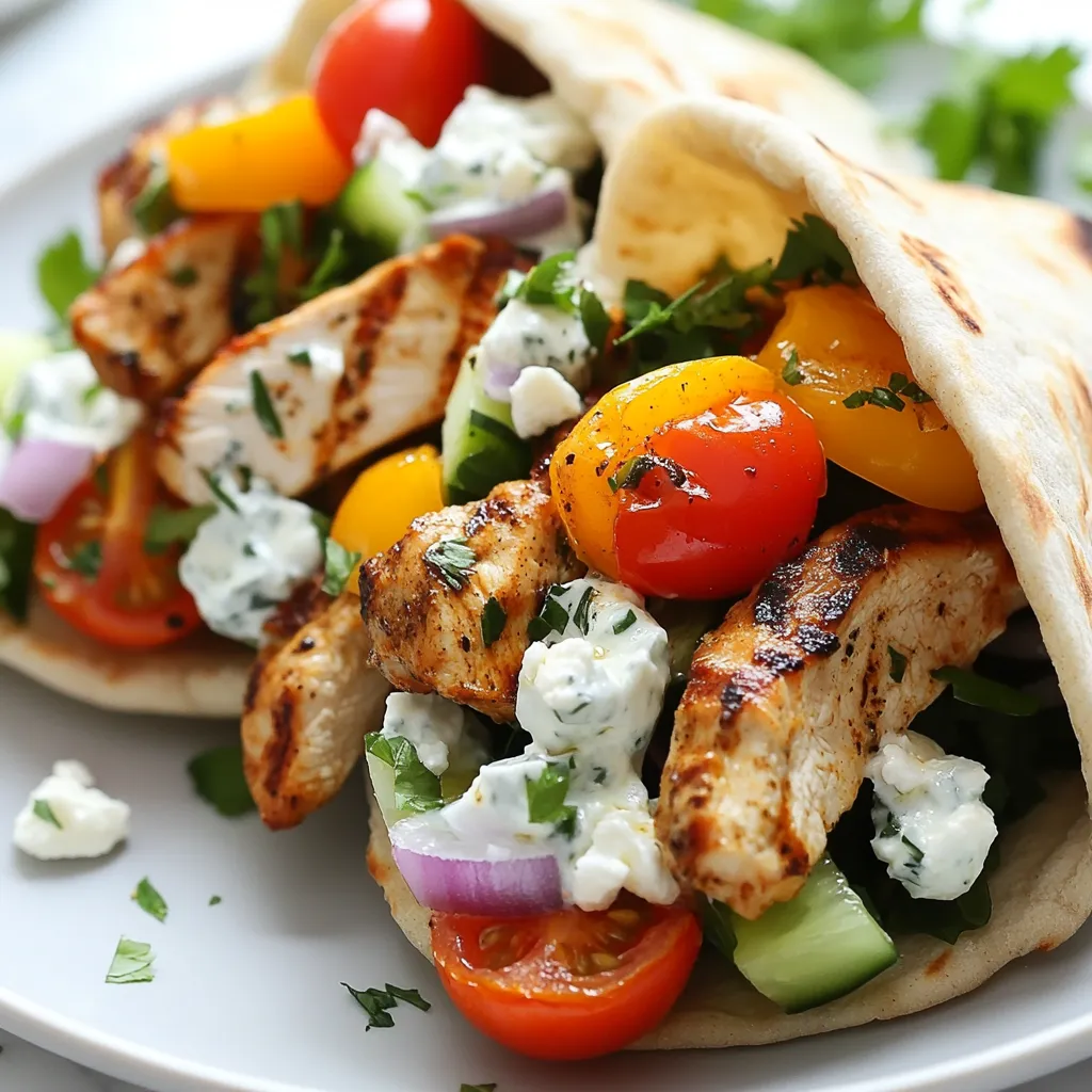 - 2 boneless, skinless chicken breasts - 1 tablespoon extra virgin olive oil - 2 teaspoons dried oregano - 1 teaspoon garlic powder - 1 teaspoon smoked paprika - Sea salt and black pepper to taste - 4 whole wheat pita breads - 1 cup tzatziki sauce - 1 cup cherry tomatoes, halved - 1 medium cucumber, diced - 1/2 red onion, thinly sliced - 1 cup mixed greens - Crumbled feta cheese (optional) - Fresh parsley for garnish You need fresh ingredients for the best taste. Start with two boneless, skinless chicken breasts. They cook quickly and stay juicy. Add one tablespoon of extra virgin olive oil to keep the chicken moist. Next, season the chicken. Use two teaspoons of dried oregano for that classic Greek flavor. Garlic powder adds depth, so include one teaspoon. Smoked paprika gives a nice touch, so don’t skip it. Finally, add sea salt and black pepper to taste. This marinade brings out the best in your chicken. For the pita and filling, grab four whole wheat pita breads. They add fiber and make your meal hearty. You will need one cup of tzatziki sauce, which gives a creamy, cool element. Add one cup of cherry tomatoes, halved. They offer sweetness and color. One medium cucumber, diced, adds crunch. Slice half a red onion thinly for a bit of sharpness. Don’t forget one cup of mixed greens. This adds freshness and makes your pita filling lively. If you like, sprinkle crumbled feta cheese on top for extra flavor. Finally, use fresh parsley to garnish. It brings a pop of color and brightness to your dish. With these ingredients, you can create a savory and satisfying meal that feels like a trip to Greece. {{ingredient_image_2}} To start, marinate the chicken. This adds flavor and keeps it moist. In a bowl, mix 1 tablespoon of olive oil, 2 teaspoons of oregano, 1 teaspoon of garlic powder, 1 teaspoon of smoked paprika, sea salt, and black pepper. Add the chicken breasts to this mix. Coat them well. Let the chicken marinate for about 15 minutes. This time helps the spices soak in. Preheat your grill or grill pan to medium-high heat. This is the ideal temperature to get a nice char on the chicken. Grill for 6-7 minutes on each side. Check that the internal temperature hits 165°F (75°C). This shows it is cooked through. Once done, let the chicken rest for a few minutes. This helps keep it juicy. Then, slice the chicken into strips. Thin slices make it easier to fill your pitas. Next, warm the pita breads. Place them on the grill for 1-2 minutes per side. They should be slightly crispy but still soft. Now, spread tzatziki sauce inside each warm pita. This creamy base adds great flavor. Layer the fillings next. Start with mixed greens, then add the sliced chicken, halved cherry tomatoes, diced cucumber, and red onion. If you like, sprinkle crumbled feta on top. Finish by adding chopped parsley for a fresh touch. Serve these delicious pita pockets warm for the best taste! For a tasty twist, consider adding spices like cumin or coriander. These spices add warmth and depth. You can also try marinating the chicken in yogurt for a few hours. This method makes the chicken tender and juicy. Mixing lemon juice with herbs gives a fresh flavor, too. If you lack a grill, you can still enjoy this dish. Use a grill pan on your stove. Preheat it over medium heat. Cook the chicken until it’s golden brown. You can also bake the chicken in the oven. Set it to 400°F (200°C) and cook for about 20 minutes. Always ensure the chicken reaches 165°F (75°C) for safety. To keep your pita from getting soggy, warm it just before serving. You can place it on the grill for 1-2 minutes. This makes it crispy and easy to fold. Avoid adding too much sauce inside the pita. Layer the fillings carefully, starting with greens. This helps keep everything neat and tasty. Pro Tips Marination Time: Allow the chicken to marinate for at least 15 minutes, but if time permits, marinating for a few hours or overnight will enhance the flavors even more. Grill Temperature: Make sure your grill is preheated to medium-high heat for a perfect sear. This helps lock in the juices and gives the chicken a delightful char. Pita Warming: Warm the pita breads just before serving to keep them soft and pliable. This makes it easier to fill and enjoy without tearing. Serving Fresh: Serve the pita pockets immediately after assembling to maintain the freshness of the vegetables and the warmth of the chicken. {{image_4}} You can swap chicken for turkey or beef. Turkey works well and has a lighter taste. Beef adds a rich flavor. Both options cook similarly to chicken. For a vegetarian twist, try grilled halloumi or chickpeas. Halloumi gives a nice texture, while chickpeas offer protein and fiber. Both make the pita pockets filling and tasty. You can add olives or bell peppers for a twist. Olives bring a briny flavor, and bell peppers add sweetness. Feel free to mix and match. If you want a creative tzatziki, try adding avocado or herbs like dill. Each option gives a unique flavor to your pita. Pair your pita pockets with a Greek salad or roasted veggies. A Greek salad adds freshness and crunch. Roasted veggies provide warmth and depth. You can also try other sauces like hummus or spicy harissa. These sauces can elevate your meal with new flavors. To store filled pita pockets, wrap them tightly in plastic wrap or foil. Place them in an airtight container to keep them fresh. This method helps prevent sogginess and keeps your meal tasty. You can store them in the fridge for up to three days. After that, the veggies may lose their crispness. When you want to reheat your pita pockets, avoid the microwave if possible. The microwave can make the pita soggy. Instead, use an oven or grill. Preheat your oven to 350°F (175°C). Wrap the pita in foil and heat for about 10 minutes. This keeps the inside warm and the pita crispy. To freeze pita pockets, assemble them without fresh veggies or sauces. Wrap each pocket in plastic wrap tightly. Place them in a freezer bag or container. They can last in the freezer for up to three months. To thaw, place them in the fridge overnight. For reheating, follow the oven method above for the best results. Yes, you can easily make tzatziki at home. Here’s a quick recipe: - 1 cup plain Greek yogurt - 1/2 medium cucumber, grated and drained - 1-2 cloves garlic, minced - 1 tablespoon fresh lemon juice - 1 tablespoon extra virgin olive oil - Salt and pepper to taste Mix all ingredients in a bowl. Chill for 30 minutes for best flavor. This sauce adds a fresh kick to your Greek chicken pita pockets. Check the chicken for doneness in two ways: - Look for a golden brown color on the outside. - Use a meat thermometer. The internal temperature should reach 165°F (75°C). If you cut into the chicken, the juices should run clear. These signs help ensure safety and great taste. If you lack whole wheat pita, try these options: - Regular pita bread - Flatbreads or wraps - Tortillas for a twist These alternatives still hold your fillings well and taste great with the chicken. Yes, this recipe is perfect for meal prep. Here are some tips: - Cook the chicken and store it in the fridge for up to four days. - Prepare tzatziki and store it separately to keep it fresh. - Assemble the pita pockets just before eating. This keeps the pita from getting soggy and maintains flavor. This blog post covered how to create delicious chicken pita pockets. You learned about key ingredients, step-by-step grilling techniques, and effective ways to assemble your meal. I also shared tips on variations, storage, and useful FAQs. With the right techniques, you can enjoy tasty, healthy meals easily. So grab your ingredients, fire up the grill, and get started on these flavorful pitas today! Your kitchen adventure awaits.