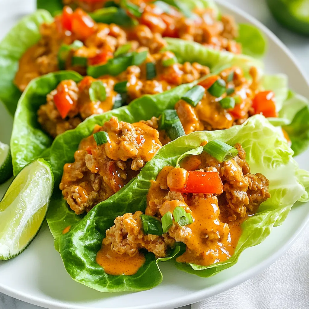 - 1 lb ground chicken - 1 tablespoon vegetable oil - 2 cloves garlic, minced - 1 tablespoon fresh ginger, finely grated - 1 red bell pepper, finely diced - 1 medium carrot, grated - 1/2 cup green onions, finely chopped - 1/4 cup unsweetened creamy peanut butter - 2 tablespoons soy sauce (or tamari) - 1 tablespoon fresh lime juice - 1 tablespoon honey or maple syrup - 1 teaspoon sriracha - Salt and pepper to taste - 1 head of Bibb or iceberg lettuce - Fresh lime wedges - Additional sriracha - Chopped green onions To make these spicy peanut chicken lettuce wraps, you need some fresh and tasty ingredients. Ground chicken gives you a great base for protein. The garlic and ginger add a nice kick. You can’t forget the red bell pepper and carrot for crunch and color. Green onions bring a fresh flavor that ties it all together. The creamy peanut butter is the star. It adds richness and depth. Soy sauce or tamari brings a salty element. Lime juice brightens the mix, while honey or maple syrup adds a hint of sweetness. Lastly, sriracha gives it that spicy punch. You can also top your wraps with lime wedges and extra sriracha. Chopped green onions make for a lovely garnish. Each ingredient works together to create a flavorful and satisfying dish. {{ingredient_image_2}} 1. In a large skillet, heat 1 tablespoon of vegetable oil over medium heat. 2. Add 2 cloves of minced garlic and 1 tablespoon of grated fresh ginger. Sauté for about 30 seconds until they smell great. 3. Next, add 1 lb of ground chicken. Use a spatula to break it apart. Cook for 5-7 minutes until it turns brown and is cooked through. 4. Stir in 1 diced red bell pepper and 1 grated medium carrot. Cook for an extra 3-4 minutes until the veggies are tender but still crunchy. 1. In a separate bowl, whisk together 1/4 cup of creamy peanut butter, 2 tablespoons of soy sauce, and 1 tablespoon of fresh lime juice. 2. Add 1 tablespoon of honey and 1 teaspoon of sriracha to the bowl. Mix until everything is smooth. 1. Pour the peanut sauce over the chicken and veggies in the skillet. Stir well to coat all the ingredients. 2. Season with salt and pepper to taste. 3. Remove from heat and gently fold in 1/2 cup of chopped green onions for a fresh kick. 4. To serve, spoon the mix into the lettuce leaves. Fold them around the filling and enjoy your tasty wraps! To ensure your chicken is cooked thoroughly, break it apart while it cooks. This helps it brown evenly. Use a meat thermometer to check that it reaches 165°F. When sautéing vegetables, keep them on medium heat. This helps them soften without losing their crunch. Stir frequently to prevent burning. To assemble your lettuce wraps, take a leaf from the Bibb or iceberg lettuce. Spoon a generous amount of the spicy chicken mixture into the center. Fold the sides over the filling and then roll it up. For presentation, arrange the wraps on a colorful platter. Add fresh lime wedges and extra sriracha on the side for guests who love heat. You can adjust the sriracha to suit your taste. Start with a small amount and add more if you want extra heat. If you want a different kick, try using crushed red pepper or chili paste. These can add a unique flavor while keeping the dish spicy. Pro Tips Use Fresh Ingredients: Fresh vegetables and herbs enhance the flavor and texture of your wraps, making them more enjoyable. Adjust Spice Level: Modify the amount of sriracha to suit your taste. Start with a small amount and add more as needed for heat. Make It Ahead: Prepare the chicken mixture in advance and store it in the refrigerator. Assemble the wraps just before serving for best results. Experiment with Fillings: Feel free to add other ingredients like shredded cabbage, diced cucumbers, or even chopped nuts for added texture and flavor. {{image_4}} You can swap ground chicken for turkey or tofu. Turkey gives a leaner taste, while tofu suits vegans. Both options keep the wraps tasty and satisfying. You can also switch veggies in the mix. Try using zucchini, mushrooms, or snap peas. Each offers unique flavors and crunch. Feel free to play with nut butters. Almond or cashew butter can add new tastes. For a vegan twist, use tahini or sun butter. These options keep the wraps creamy while staying plant-based. Just remember to adjust seasonings to match your choice of nut butter. If you want a fun twist, turn wraps into bowls. Just layer the chicken mix over rice or quinoa. This style makes it easy to eat and enjoy. You can also fill lettuce leaves with grains for added texture. Each bite becomes a crunchy delight you can’t resist! To store your spicy peanut chicken lettuce wraps, place them in an airtight container. This keeps them fresh and prevents strong odors from other foods in the fridge. You can enjoy the wraps for up to three days. However, the lettuce may lose its crispness over time. So, it’s best to separate the filling and the lettuce if you plan to keep them longer. You can freeze the chicken mixture for later use. Let it cool completely before packing it into a freezer-safe bag. Remove air to prevent freezer burn. This mixture can be frozen for up to three months. When you’re ready to eat, thaw it in the fridge overnight. For quicker thawing, you can use the microwave on low heat. To reheat your spicy peanut chicken, use a skillet on medium heat. This method helps keep the chicken juicy. Stir occasionally until it's hot. You can also use a microwave, but be sure to cover it to keep moisture in. If you notice it’s dry, add a splash of water or soy sauce. Enjoy your wraps fresh and tasty! Yes, you can prep these wraps ahead of time. To make meal prep easy, cook the chicken mixture and store it in an airtight container. You can keep it in the fridge for up to three days. When you're ready to serve, just reheat the mixture on the stove. This keeps the flavors fresh. Prepare the lettuce leaves right before serving. This way, they stay crisp and crunchy. These lettuce wraps pair well with many side dishes. Consider serving them with: - Jasmine rice or brown rice for a hearty touch - A side of fresh cucumber salad for a cool crunch - Edamame for a protein boost - Pickled vegetables for a tangy contrast These sides will enhance the flavors of the wraps and create a balanced meal. Absolutely! This recipe is quite flexible. To make it gluten-free, simply use tamari instead of soy sauce. For a vegan option, swap the ground chicken for crumbled tofu or tempeh. You can also replace honey with maple syrup for sweetness. Feel free to get creative with vegetables, too! Use any mix of your favorite veggies to suit your taste. This blog post walked you through making tasty Spicy Peanut Chicken Lettuce Wraps. We looked at the main ingredients, like ground chicken and peanut butter. You learned step-by-step how to cook the chicken and make the sauce. I shared tips for serving and storing leftovers, too. These wraps offer flavor and fun. You can adjust the spice, try different meats, or even go plant-based. Enjoy experimenting with this recipe. It’s a great way to get dinner on the table quickly and deliciously.