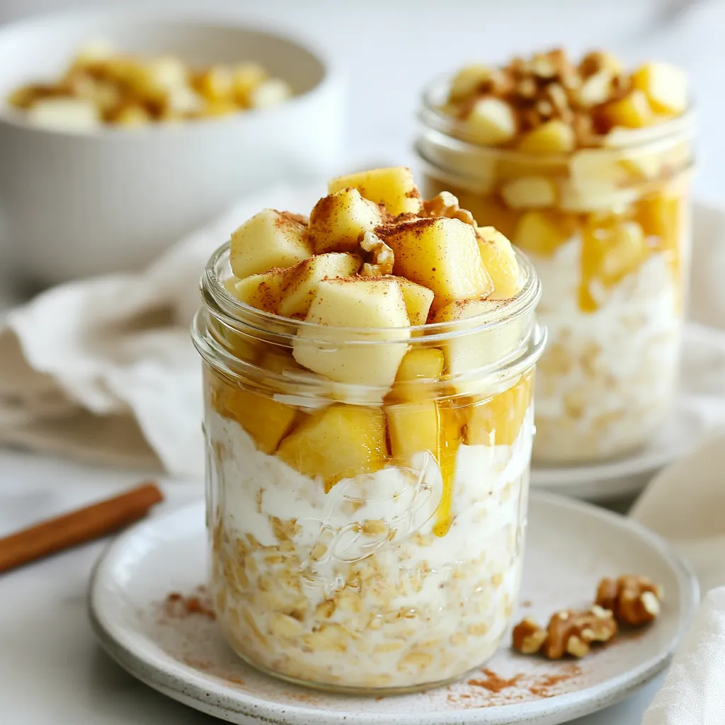 - 1 cup rolled oats - 2 cups unsweetened almond milk - 2 tablespoons pure maple syrup - 1 teaspoon ground cinnamon - 1/2 teaspoon vanilla extract - 1/4 cup Greek yogurt - 1/4 cup chopped nuts (walnuts or pecans) - 1/2 cup diced apples To create maple cinnamon overnight oats, I use simple and wholesome ingredients. The rolled oats form the base. They soak up the almond milk, becoming soft and creamy by morning. I usually choose unsweetened almond milk, but any milk works well. Next, I add pure maple syrup to sweeten the oats naturally. It brings a rich flavor. A teaspoon of ground cinnamon adds warmth and spice. I also add a touch of vanilla extract for depth. For extra texture and flavor, I consider optional add-ins. A quarter cup of Greek yogurt makes the oats creamier. I love mixing in chopped nuts, like walnuts or pecans, for a satisfying crunch. Finally, I often add diced apples for freshness and sweetness. You can use fresh apples or cook them lightly for a softer bite. {{ingredient_image_2}} - In a medium bowl, combine 1 cup of rolled oats and 2 cups of unsweetened almond milk. - Add 2 tablespoons of pure maple syrup, 1 teaspoon of ground cinnamon, 1/2 teaspoon of vanilla extract, and a pinch of salt. - Whisk gently until well blended. This step is key to getting all the flavors mixed well. - If you want extra creaminess, stir in 1/4 cup of Greek yogurt now. This makes your oats rich and smooth. - Next, fold in 1/4 cup of chopped nuts and 1/2 cup of diced apples. This adds a nice crunch and sweetness to your oats. - Carefully portion the mixture into mason jars or airtight containers. Fill them to your liking. - Seal the jars tightly and place them in the refrigerator. Let them chill overnight. This allows the oats to soak up the flavors and become soft. When you wake up, your oats will be ready to enjoy! To get the best texture for your overnight oats, soak them for at least 4 hours. Overnight is even better. This lets the oats soak up the almond milk fully. When you wake up, give the oats a good stir. This makes them creamy and smooth. If you like them lighter, add a bit more milk while stirring. Layer your oats and toppings in jars for a fun look. Start with oats, then add diced apples, and top with nuts. This not only tastes good but also looks great. For a nice touch, add a fresh mint sprig or a sprinkle of extra chopped nuts on top. You can make your oats sweeter by adding more maple syrup. Taste as you go. If you want to try something different, use honey or agave syrup. These options can change the flavor and sweetness level to fit your taste. Pro Tips Use Old-Fashioned Rolled Oats: They absorb the liquid better and give a chewier texture compared to instant oats, making your overnight oats more satisfying. Experiment with Toppings: Feel free to switch up the nuts and fruits based on what’s in season or your personal preferences for a new flavor experience each time. Make Ahead in Batches: Prepare several jars at once to save time during busy mornings. They can last in the fridge for up to 5 days! Customize Sweetness: Adjust the amount of maple syrup to suit your taste. If you prefer less sweetness, start with one tablespoon and add more if needed. {{image_4}} You can change the flavor of your maple cinnamon overnight oats easily. Adding fruits like berries or bananas can give your oats a fresh taste. Simply mix in your favorite fruit when you prepare the oat mixture. The sweetness from the fruits pairs well with maple syrup. You can also add nut butters like almond or peanut. Just stir in a tablespoon or two when mixing the oats. This step not only adds a nutty taste but also boosts the protein content. If you want a dairy-free option, you have many choices. You can swap unsweetened almond milk for oat milk, coconut milk, or soy milk. Each type of milk brings its own unique flavor and texture. For Greek yogurt, you can use coconut yogurt or a nut-based yogurt. This change keeps the creamy texture while making it dairy-free. Using seasonal fruits can make your oats even more special. In the fall, try adding chopped pears or spiced pumpkin. In the summer, fresh peaches or strawberries can brighten your breakfast. You can also play with spices. During the holidays, add nutmeg or ginger for a festive twist. These small changes will make your oats feel new and exciting all year round. Overnight oats can last in the fridge for up to five days. This makes them perfect for meal prep. To tell if your oats have spoiled, check for an off smell or a change in texture. If they look slimy or have mold, it’s best to toss them out. You can freeze overnight oats for later use. To freeze, place your oats in an airtight container. Make sure to leave space at the top for expansion. When you’re ready to eat, thaw them in the fridge overnight. For the best texture, add a splash of milk after thawing. This helps restore creaminess. Making overnight oats in bulk saves time. You can prepare several servings at once. Portion them into individual jars for easy grab-and-go breakfasts. This way, you have a healthy meal ready whenever you need it. Top with fresh fruit or nuts just before eating for extra flavor. To make your overnight oats creamier, use these tips: - Add Greek yogurt for rich texture. - Use full-fat or creamier plant-based milk. - Blend the oats with milk before mixing. - Let them soak longer, up to 24 hours. These methods help the oats absorb more liquid, creating a smooth and silky blend. Yes, you can easily make these oats vegan. Here are some substitutions: - Replace Greek yogurt with a plant-based yogurt. - Choose almond milk or any nut milk. - Use maple syrup as the only sweetener. These swaps keep the oats tasty while maintaining a plant-based diet. Overnight oats offer several health benefits: - They are high in fiber, aiding digestion. - Oats contain protein, keeping you full longer. - They are rich in vitamins and minerals, supporting overall health. - Adding fruits boosts antioxidants, which are great for your body. Each serving provides a balanced breakfast, making it a smart choice for anyone. Overnight oats are easy to make and full of flavor. We covered the key ingredients like rolled oats and almond milk. You learned how to enhance flavors with maple syrup, cinnamon, and vanilla. Plus, you saw options for add-ins like Greek yogurt, nuts, and fruits. Final thoughts: With simple tweaks, overnight oats can suit your taste. They save time and result in a nutritious breakfast. Enjoy experimenting with flavors and textures. Your mornings will be brighter and more delicious!