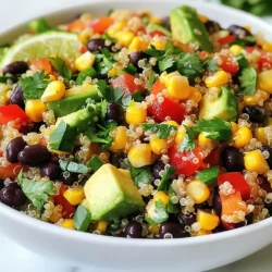 - 1 cup quinoa - 2 cups vegetable broth or water - 1 can (15 oz) black beans - 1 red bell pepper - 1 cup corn - 1 ripe avocado - 1/4 cup red onion - 1/4 cup fresh cilantro - 2 tablespoons extra virgin olive oil - 2 tablespoons freshly squeezed lime juice - 1 teaspoon ground cumin - Salt and black pepper I love using these fresh ingredients in my Black Bean Quinoa Salad. The quinoa is the heart of the dish. It gives a nice base and adds protein. The vegetable broth or water helps cook the quinoa well, making it fluffy. Next, I add black beans. They bring a creamy texture and a rich taste. The red bell pepper adds crunch and sweetness. I often choose corn for its bright color and sweet flavor. You can use fresh, canned, or frozen corn. Ripe avocados are a must. They add creaminess and healthy fats. The red onion gives a nice bite to the salad. Fresh cilantro brings a burst of flavor that I can’t resist. The dressing is simple but tasty. Extra virgin olive oil and lime juice brighten the salad. Ground cumin adds warmth and depth. I finish with salt and black pepper to enhance the flavors. This salad is a perfect mix of colors and tastes. Enjoy assembling these ingredients for a healthy and delicious meal! {{ingredient_image_2}} To start, you need to boil the quinoa. In a pot, mix 1 cup of rinsed quinoa with 2 cups of vegetable broth or water. Place it on medium-high heat. Wait for it to boil. Once it boils, reduce the heat to low. Cover the pot and let it simmer for about 15 minutes. This helps the quinoa absorb all the liquid. After cooking, take the pot off the heat. Let it sit for 10 minutes to cool. Then, fluff the quinoa with a fork. This makes it light and airy. Next, you’ll prepare the vegetable mixture. In a large mixing bowl, combine the black beans, diced red bell pepper, corn, diced avocado, finely chopped red onion, and roughly chopped cilantro. Make sure to rinse the black beans well first. Gently mix all these ingredients together to combine. This mixture adds great color and texture to your salad. Now, let’s make the dressing. In a small bowl, whisk together 2 tablespoons of extra virgin olive oil, 2 tablespoons of freshly squeezed lime juice, 1 teaspoon of ground cumin, and a sprinkle of salt and black pepper. Whisk well until the dressing is smooth and combined. This dressing will bring all the flavors together beautifully. It’s time to assemble the salad! Add the cooled quinoa to your vegetable mixture in the bowl. Drizzle the dressing over everything. Gently toss all the ingredients together. Make sure every piece is coated with that tasty dressing. After mixing, taste the salad. You can adjust the seasoning if you like. Add more salt or lime juice to fit your taste. For the best flavor, cover the salad and chill it in the fridge for at least 30 minutes. Chilling helps the flavors meld and taste even better. It’s a simple step that makes a big difference! Enjoy your vibrant Black Bean Quinoa Salad. To make fluffy quinoa, rinse it first. This helps remove bitter saponins. Use two cups of vegetable broth or water for every cup of quinoa. Bring it to a boil and then lower the heat. Cover the pot and let it simmer for about 15 minutes. After cooking, let it rest for 10 minutes. Fluff it with a fork for the best texture. For ripe avocados, look for a slight give when you press them gently. A ripe avocado has a dark skin. Avoid ones that feel mushy or have dark spots. For a zesty kick, add more lime juice. Start with two tablespoons, then taste. If it’s not tart enough, squeeze in more lime juice. You can also sprinkle in some salt or black pepper. This will help balance the flavors. Serve the salad in a big bowl for gatherings. It looks colorful and inviting. You can also use mason jars for individual servings. This adds a fun touch and shows off the bright colors. For garnishing, sprinkle more fresh cilantro on top. Add lime wedges for a pop of color. This also invites guests to add more lime if they want. Pro Tips Rinse Your Quinoa: Always rinse quinoa under cold water before cooking to remove its natural coating, called saponin, which can make it taste bitter. Perfectly Fluffy Quinoa: After cooking, let the quinoa sit covered for a few minutes before fluffing it with a fork. This helps achieve a light and fluffy texture. Customize Your Veggies: Feel free to swap out the vegetables in this salad based on your seasonal preferences or what you have on hand for a personalized touch. Chill for Flavor: Allowing the salad to chill in the refrigerator for at least 30 minutes helps the flavors meld together, enhancing the overall taste. {{image_4}} You can boost the protein in your black bean quinoa salad. Try adding grilled chicken for a hearty touch. Shrimp also works well and adds a nice flavor. If you prefer plant-based options, tofu is a great choice. Just marinate it and sauté until golden. These proteins make the salad more filling and satisfying. Feel free to get creative with your veggies. Cherry tomatoes add sweetness and color. Fresh cucumbers give a nice crunch. Sliced radishes can add a peppery kick. Mix and match your favorites to keep things exciting. The more colorful your salad, the more appealing it becomes! If you love heat, add some spice! Chopped jalapeños can give your salad a kick. You can also sprinkle in chili powder for a warm flavor. Adjust the amount based on your heat preference. Just a little spice can make your dish pop and add depth to the taste. This Black Bean Quinoa Salad stays fresh in the fridge for about 3 to 5 days. Store it in an airtight container. The flavors deepen as it chills. If you notice any excess liquid, just give it a gentle stir. You can freeze this salad, but some ingredients may change texture. The quinoa and black beans freeze well. However, the avocado may turn brown and mushy. If you want to freeze it, leave out the avocado and add it after thawing. Reheating is simple, though not always needed. If you like your salad warm, place it in a pan over low heat. Stir gently to warm it through. You can also microwave it in short bursts. Be careful not to overheat. This can make the salad mushy. Enjoy your meal at your preferred temperature. Yes, you can use other grains. Brown rice works well and adds a nutty taste. Couscous is another great option. It cooks fast and offers a light texture. Just cook them according to package directions. Absolutely! All the ingredients in this salad are vegan. Black beans, quinoa, and veggies make a great mix. You can enjoy this salad without any animal products. It’s a perfect choice for plant-based diets. This salad is easy to make gluten-free. Quinoa is naturally gluten-free, so you are good there. Just ensure that the vegetable broth is gluten-free. Check labels for any hidden gluten in canned items. This black bean and quinoa salad is easy to make and delicious. You start by cooking quinoa and preparing a mix of vegetables. Don't forget to make a tasty dressing! Toss everything together and chill for even better flavor. You can add proteins or change the veggies to suit your taste. Store leftovers in the fridge and enjoy them later. Try this salad for a healthy meal that fits your diet goals. Enjoy making it your own!