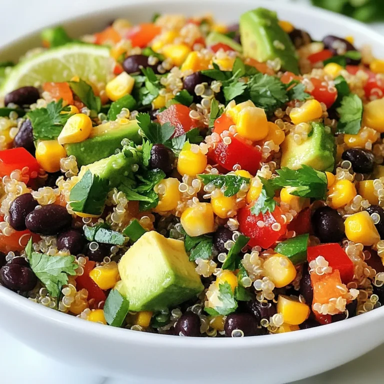 - 1 cup quinoa - 2 cups vegetable broth or water - 1 can (15 oz) black beans - 1 red bell pepper - 1 cup corn - 1 ripe avocado - 1/4 cup red onion - 1/4 cup fresh cilantro - 2 tablespoons extra virgin olive oil - 2 tablespoons freshly squeezed lime juice - 1 teaspoon ground cumin - Salt and black pepper I love using these fresh ingredients in my Black Bean Quinoa Salad. The quinoa is the heart of the dish. It gives a nice base and adds protein. The vegetable broth or water helps cook the quinoa well, making it fluffy. Next, I add black beans. They bring a creamy texture and a rich taste. The red bell pepper adds crunch and sweetness. I often choose corn for its bright color and sweet flavor. You can use fresh, canned, or frozen corn. Ripe avocados are a must. They add creaminess and healthy fats. The red onion gives a nice bite to the salad. Fresh cilantro brings a burst of flavor that I can’t resist. The dressing is simple but tasty. Extra virgin olive oil and lime juice brighten the salad. Ground cumin adds warmth and depth. I finish with salt and black pepper to enhance the flavors. This salad is a perfect mix of colors and tastes. Enjoy assembling these ingredients for a healthy and delicious meal! {{ingredient_image_2}} To start, you need to boil the quinoa. In a pot, mix 1 cup of rinsed quinoa with 2 cups of vegetable broth or water. Place it on medium-high heat. Wait for it to boil. Once it boils, reduce the heat to low. Cover the pot and let it simmer for about 15 minutes. This helps the quinoa absorb all the liquid. After cooking, take the pot off the heat. Let it sit for 10 minutes to cool. Then, fluff the quinoa with a fork. This makes it light and airy. Next, you’ll prepare the vegetable mixture. In a large mixing bowl, combine the black beans, diced red bell pepper, corn, diced avocado, finely chopped red onion, and roughly chopped cilantro. Make sure to rinse the black beans well first. Gently mix all these ingredients together to combine. This mixture adds great color and texture to your salad. Now, let’s make the dressing. In a small bowl, whisk together 2 tablespoons of extra virgin olive oil, 2 tablespoons of freshly squeezed lime juice, 1 teaspoon of ground cumin, and a sprinkle of salt and black pepper. Whisk well until the dressing is smooth and combined. This dressing will bring all the flavors together beautifully. It’s time to assemble the salad! Add the cooled quinoa to your vegetable mixture in the bowl. Drizzle the dressing over everything. Gently toss all the ingredients together. Make sure every piece is coated with that tasty dressing. After mixing, taste the salad. You can adjust the seasoning if you like. Add more salt or lime juice to fit your taste. For the best flavor, cover the salad and chill it in the fridge for at least 30 minutes. Chilling helps the flavors meld and taste even better. It’s a simple step that makes a big difference! Enjoy your vibrant Black Bean Quinoa Salad. To make fluffy quinoa, rinse it first. This helps remove bitter saponins. Use two cups of vegetable broth or water for every cup of quinoa. Bring it to a boil and then lower the heat. Cover the pot and let it simmer for about 15 minutes. After cooking, let it rest for 10 minutes. Fluff it with a fork for the best texture. For ripe avocados, look for a slight give when you press them gently. A ripe avocado has a dark skin. Avoid ones that feel mushy or have dark spots. For a zesty kick, add more lime juice. Start with two tablespoons, then taste. If it’s not tart enough, squeeze in more lime juice. You can also sprinkle in some salt or black pepper. This will help balance the flavors. Serve the salad in a big bowl for gatherings. It looks colorful and inviting. You can also use mason jars for individual servings. This adds a fun touch and shows off the bright colors. For garnishing, sprinkle more fresh cilantro on top. Add lime wedges for a pop of color. This also invites guests to add more lime if they want. Pro Tips Rinse Your Quinoa: Always rinse quinoa under cold water before cooking to remove its natural coating, called saponin, which can make it taste bitter. Perfectly Fluffy Quinoa: After cooking, let the quinoa sit covered for a few minutes before fluffing it with a fork. This helps achieve a light and fluffy texture. Customize Your Veggies: Feel free to swap out the vegetables in this salad based on your seasonal preferences or what you have on hand for a personalized touch. Chill for Flavor: Allowing the salad to chill in the refrigerator for at least 30 minutes helps the flavors meld together, enhancing the overall taste. {{image_4}} You can boost the protein in your black bean quinoa salad. Try adding grilled chicken for a hearty touch. Shrimp also works well and adds a nice flavor. If you prefer plant-based options, tofu is a great choice. Just marinate it and sauté until golden. These proteins make the salad more filling and satisfying. Feel free to get creative with your veggies. Cherry tomatoes add sweetness and color. Fresh cucumbers give a nice crunch. Sliced radishes can add a peppery kick. Mix and match your favorites to keep things exciting. The more colorful your salad, the more appealing it becomes! If you love heat, add some spice! Chopped jalapeños can give your salad a kick. You can also sprinkle in chili powder for a warm flavor. Adjust the amount based on your heat preference. Just a little spice can make your dish pop and add depth to the taste. This Black Bean Quinoa Salad stays fresh in the fridge for about 3 to 5 days. Store it in an airtight container. The flavors deepen as it chills. If you notice any excess liquid, just give it a gentle stir. You can freeze this salad, but some ingredients may change texture. The quinoa and black beans freeze well. However, the avocado may turn brown and mushy. If you want to freeze it, leave out the avocado and add it after thawing. Reheating is simple, though not always needed. If you like your salad warm, place it in a pan over low heat. Stir gently to warm it through. You can also microwave it in short bursts. Be careful not to overheat. This can make the salad mushy. Enjoy your meal at your preferred temperature. Yes, you can use other grains. Brown rice works well and adds a nutty taste. Couscous is another great option. It cooks fast and offers a light texture. Just cook them according to package directions. Absolutely! All the ingredients in this salad are vegan. Black beans, quinoa, and veggies make a great mix. You can enjoy this salad without any animal products. It’s a perfect choice for plant-based diets. This salad is easy to make gluten-free. Quinoa is naturally gluten-free, so you are good there. Just ensure that the vegetable broth is gluten-free. Check labels for any hidden gluten in canned items. This black bean and quinoa salad is easy to make and delicious. You start by cooking quinoa and preparing a mix of vegetables. Don't forget to make a tasty dressing! Toss everything together and chill for even better flavor. You can add proteins or change the veggies to suit your taste. Store leftovers in the fridge and enjoy them later. Try this salad for a healthy meal that fits your diet goals. Enjoy making it your own!