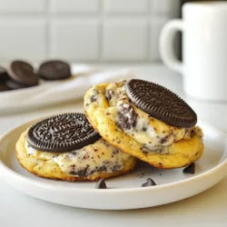 - 1 cup unsalted butter, softened - 1 cup granulated sugar - 1 cup packed brown sugar - 2 large eggs, at room temperature - 2 teaspoons vanilla extract - 3 cups all-purpose flour - 1 teaspoon baking soda - 1 teaspoon salt - 1 cup semi-sweet chocolate chips - 1 package (12 cookies) Oreo cookies, crushed - 8 oz cream cheese, softened - 1/4 cup powdered sugar - 1 teaspoon vanilla extract (for filling) - Additional crushed Oreo crumbs for garnish To make these Oreo cheesecake stuffed cookies, you need some simple and tasty ingredients. First, use unsalted butter for the best flavor. The butter should be softened to mix well with the sugars. Granulated sugar and brown sugar give the cookies a sweet touch. Next, you will need large eggs. Make sure they are at room temperature for the best mixing. Vanilla extract adds a lovely aroma and flavor. For the dough, you'll need all-purpose flour, baking soda, and salt. These help the cookies rise and give them structure. Semi-sweet chocolate chips add rich chocolate flavor. Don't forget the star of the show: Oreo cookies! Crush them into small pieces to mix into the dough. For the creamy filling, use softened cream cheese and powdered sugar. Add a touch of vanilla extract for extra flavor. Finally, keep some crushed Oreo crumbs aside. You will use them for a pretty garnish. With these ingredients, you are ready to create a delicious treat that everyone will love! {{ingredient_image_2}} 1. Preheat the oven: Set your oven to 350°F (175°C). 2. Prepare the baking sheet: Line a baking sheet with parchment paper. This helps the cookies not stick. 3. Cream together butter and sugars: In a large bowl, combine 1 cup of softened unsalted butter, 1 cup of granulated sugar, and 1 cup of packed brown sugar. Use a mixer to beat them until smooth and creamy, about 2-3 minutes. 1. Incorporate eggs and vanilla: Add 2 large eggs and 2 teaspoons of vanilla extract. Mix on low speed until fully combined. 2. Combine dry ingredients: In another bowl, whisk together 3 cups of all-purpose flour, 1 teaspoon of baking soda, and 1 teaspoon of salt. Slowly mix this into the wet ingredients until just combined. 3. Fold in mix-ins: Gently fold in 1 cup of semi-sweet chocolate chips and 1 package of crushed Oreo cookies. Make sure they are evenly spread in the dough. 1. Mix cream cheese, powdered sugar, and vanilla: In a bowl, blend 8 oz of softened cream cheese, 1/4 cup of powdered sugar, and 1 teaspoon of vanilla extract. Mix until smooth and creamy. 1. Shape the cookie balls: Take about 2 tablespoons of cookie dough and flatten it in your hand. Place 1 tablespoon of cheesecake filling in the center. Carefully encase the filling with the dough, rolling it into a ball shape. Make sure the filling is sealed. 2. Place on baking sheet: Arrange the stuffed cookie balls on the prepared baking sheet, leaving about 2 inches between each. 3. Bake the cookies: Bake in the oven for 12-15 minutes. The edges should be lightly golden, and the centers may look a bit soft. 1. Cooling time: Let the cookies cool on the baking sheet for about 5 minutes. 2. Transferring to wire rack: Carefully move the cookies to a wire rack to cool completely. 3. Garnishing: Before serving, dust the cookies with crushed Oreo crumbs for a tasty and fun presentation. To get the best cookie texture, you must avoid overmixing the dough. When you mix too much, the cookies can turn out tough. Mix until just combined, then stop. This keeps them soft and chewy. Best practices for baking include preheating your oven to the right temperature. Make sure it is set to 350°F (175°C). This helps your cookies bake evenly. Place the cookies about two inches apart on the baking sheet so they have space to spread. Adding a chocolate drizzle can make your cookies look stunning. Melt some semi-sweet chocolate and drizzle it over the cooled cookies. This makes them even more tempting and delicious. To make cookies extra chewy, use more brown sugar than white sugar. For a crispier cookie, bake them a minute longer. Keep an eye on them to avoid burning. One common mistake is not sealing the filling properly. Make sure the dough fully covers the cheesecake filling. If not, it can leak out while baking. Timing and temperature are key. Bake your cookies for 12 to 15 minutes. If they look underbaked in the center, that’s okay. They will firm up while cooling. Always let them cool on the baking sheet for five minutes before moving them. This helps them hold their shape. Pro Tips Chill the Dough: For even thicker cookies, chill the cookie dough for at least 30 minutes before baking. This helps prevent spreading and keeps the cookies chewy. Use Room Temperature Ingredients: Ensure all your ingredients, especially butter and cream cheese, are at room temperature. This helps create a smooth batter and evenly baked cookies. Customize the Filling: Feel free to add flavors to the cheesecake filling, such as lemon zest or a splash of almond extract, to elevate the taste even further. Storage Tips: Store the cookies in an airtight container at room temperature for up to a week, or freeze them for up to three months. Just thaw before enjoying! {{image_4}} You can add fun flavors to your Oreo cheesecake stuffed cookies. Try adding peanut butter for a nutty twist. It gives the cookies a rich, creamy taste. You can mix in crushed nuts or even swirl in some caramel. You can also use different types of Oreos. Double-stuffed Oreos give more creaminess. Seasonal varieties like pumpkin spice or peppermint can change the vibe of your cookies too. Be creative and explore! If you want a gluten-free version, swap all-purpose flour for almond or coconut flour. This change keeps the cookies tasty while being kind to your tummy. For a dairy-free option, use vegan cream cheese. There are many brands that taste great! If you want to cut sugar, use sugar substitutes. Erythritol or monk fruit sweetener can work well. They keep the sweetness without all the calories. You can enjoy your cookies guilt-free! These cookies are perfect for sharing! Serve them warm with a scoop of vanilla ice cream on the side. The hot and cold combo is a delight. You can also add whipped cream for extra flair. Another fun idea is to make dessert sandwiches. Take two cookies and add a layer of ice cream or cream cheese filling in between. This makes a fun treat for parties or family gatherings. Enjoy your delicious creations! To keep your Oreo cheesecake stuffed cookies fresh, store them in an airtight container. Layer parchment paper between the cookies to prevent sticking. They will stay fresh for up to five days at room temperature. If you want them to last longer, keep them in the fridge for about a week. You can freeze unbaked cookie dough for later use. To do this, scoop the cookie dough balls onto a baking sheet and freeze them until firm. Once frozen, store the dough in a freezer bag. They will stay good for about three months. For baked cookies, let them cool completely before placing them in an airtight container. They will last up to three months in the freezer. To reheat your cookies, place them in the microwave for about 10-15 seconds. This will keep them soft and warm. Make sure to check the filling to keep it intact. Avoid overheating, as that can affect the creamy cheesecake center. If you want a crispier cookie, reheat in the oven at 350°F for 5 minutes. Yes, you can use low-fat cream cheese. It will still give you a creamy filling. The taste may change slightly but the cookies will remain delicious. If you choose low-fat cream cheese, ensure it is softened well. This helps keep the filling smooth and easy to mix. To stop cookies from spreading, chill the dough for 30 minutes. This firms up the butter and makes it less likely to spread. Also, make sure you measure your flour correctly. Too little flour can cause excess spreading. Lastly, don’t skip lining your baking sheet. These cookies are tasty on their own, but you can pair them with ice cream. Vanilla or chocolate ice cream complements the rich flavors. Whipped cream or a drizzle of chocolate sauce adds a fun touch too. For a unique twist, serve them with a glass of cold milk. Yes, you can make the dough ahead of time. After mixing, cover it tightly and refrigerate for up to 3 days. This lets the flavors blend nicely. When ready to bake, let the dough sit at room temp for about 10 minutes. This makes it easier to shape the cookie balls. You now have a clear guide to making delicious Oreo Cheesecake Stuffed Cookies. From gathering ingredients to mixing the dough and baking, each step is easy to follow. Remember the tips for perfect texture and how to avoid common mistakes. You can also try fun variations and storage methods to keep cookies fresh. Experiment with flavors and enjoy these treats with friends or family. Baking is all about sharing joy, so get started today!