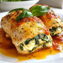 - 4 boneless, skinless chicken breasts - 1 cup fresh spinach, finely chopped - 1 cup ricotta cheese - 1/2 cup grated Parmesan cheese - 1/2 cup shredded mozzarella cheese - 2 cloves garlic, minced - 1 teaspoon dried oregano - 1 teaspoon salt - 1/2 teaspoon freshly ground black pepper - 1 tablespoon olive oil - 1 cup marinara sauce (for serving) - Fresh basil leaves, for garnish Using precise measurements can make a big difference. Here’s a quick breakdown: - Chicken breasts: 4 pieces, about 6 ounces each - Spinach: 1 cup, finely chopped, packed down - Ricotta cheese: 1 cup, whole milk for creaminess - Parmesan cheese: 1/2 cup, freshly grated for best flavor - Mozzarella cheese: 1/2 cup, shredded for melting - Garlic: 2 cloves, minced finely for even flavor - Oregano: 1 teaspoon, dried for a stronger taste - Salt: 1 teaspoon, adjust if needed - Black pepper: 1/2 teaspoon, freshly ground for zest - Olive oil: 1 tablespoon for searing - Marinara sauce: 1 cup, your favorite jarred or homemade - Fresh basil: A few leaves for garnish Sometimes, you may need to swap ingredients. Here are some ideas: - Use frozen spinach if fresh isn’t available. Just thaw and squeeze out water. - Swap ricotta with cottage cheese for a lighter option. - Try feta cheese instead of Parmesan for a tangy twist. - Use fresh herbs like thyme or parsley instead of oregano. - If you prefer a lighter cheese, use low-fat mozzarella. - Replace marinara with pesto for a different sauce flavor. These changes can help you make this dish your own while keeping it delicious! {{ingredient_image_2}} Start by preheating your oven to 375°F (190°C). This step is key. A hot oven helps the chicken cook evenly. In a medium bowl, combine the filling ingredients. Mix together 1 cup of chopped spinach, 1 cup of ricotta cheese, and 1/2 cup of grated Parmesan cheese. Add 1/2 cup of shredded mozzarella cheese, 2 minced garlic cloves, 1 teaspoon of dried oregano, 1 teaspoon of salt, and 1/2 teaspoon of black pepper. Stir the mixture until it's smooth and creamy. Take 4 boneless, skinless chicken breasts and place them on a cutting board. Carefully cut a pocket into each breast. Make sure you do not slice all the way through. Next, generously fill each pocket with your creamy spinach mixture. If the filling spills out, use toothpicks to hold it in. In a large, oven-safe skillet, heat 1 tablespoon of olive oil over medium heat. Once hot, add the stuffed chicken breasts. Sear each side for 3-4 minutes. This gives the chicken a lovely golden-brown crust. After searing, place the skillet in your preheated oven. Bake the chicken for 20-25 minutes. The internal temperature should reach 165°F (75°C). This ensures the chicken is safe to eat. Once baked, take the skillet out of the oven. Let the chicken rest for about 5 minutes. This helps the juices stay in. Serve the stuffed chicken breasts with marinara sauce on top. Finish with fresh basil leaves for a splash of color and flavor. You can also sprinkle extra Parmesan cheese on top and serve with garlic bread or a light salad. Enjoy! To get the best stuffing, make sure you chop the spinach finely. This helps it mix well with the ricotta and other cheeses. Don't overfill the chicken. If you do, the filling may spill out while cooking. Use a toothpick to secure the chicken opening if needed. This keeps that creamy goodness inside. To keep your chicken moist, always sear it before baking. This step locks in flavor and moisture. After baking, let the chicken rest for about five minutes. This resting time helps the juices settle, making every bite more tender and juicy. You can boost the flavor by adding fresh herbs. Try mixing in basil or parsley into the stuffing. A pinch of red pepper flakes gives a nice kick. Also, drizzle some extra olive oil over the chicken before baking. This adds richness and helps with browning. Pro Tips Use Fresh Ingredients: Whenever possible, choose fresh spinach and high-quality cheeses for a richer flavor and better texture in your filling. Don’t Overstuff: While it may be tempting to add more filling, overstuffing can lead to a mess during cooking. Aim for a generous but manageable amount. Check for Doneness: Use a meat thermometer to ensure the chicken reaches an internal temperature of 165°F (75°C) for safe consumption and optimal juiciness. Rest Your Chicken: Allow the stuffed chicken breasts to rest for a few minutes after baking. This helps retain moisture and enhances the overall flavor. {{image_4}} You can change up the cheese in this dish. Instead of ricotta, try goat cheese. It adds a tangy flavor. Cream cheese can also work for a richer taste. If you want more depth, mix in some feta. Each cheese gives a unique flavor twist. Add more veggies to your filling for extra taste and nutrition. Chopped mushrooms bring a nice earthy note. Sun-dried tomatoes can add a touch of sweetness. Artichoke hearts make the dish feel gourmet. Just make sure to chop everything finely for easy stuffing. If you like heat, consider adding red pepper flakes to your filling. This adds a nice kick. You might also use pepper jack cheese for a spicier cheese option. Serve with a spicy marinara sauce for more heat. Adjust the spice level to fit your taste. To keep your spinach ricotta stuffed chicken breasts fresh, store them in an airtight container. If they are whole, wrap them tightly in plastic wrap. Place them in the fridge for up to three days. Ensure the chicken is cooled before you store it. This helps it stay moist and tasty. If you have leftovers, do not let them sit out for long. Always refrigerate after serving. When you're ready to enjoy your leftovers, reheating is simple. Preheat your oven to 350°F (175°C). Place the chicken in an oven-safe dish. Cover it with foil to keep it moist. Bake for about 15 to 20 minutes, or until it is warmed through. You can also reheat in the microwave. Use a microwave-safe plate and cover it with a damp paper towel. Heat in 1-minute intervals until hot. If you want to freeze your stuffed chicken, do it before baking. Wrap each stuffed chicken breast in plastic wrap, then place them in a freezer bag. Press out as much air as you can to prevent freezer burn. You can freeze them for up to three months. When ready to cook, thaw the chicken in the fridge overnight. Then, bake as directed in your recipe. This way, you can enjoy a tasty meal at any time! Cook stuffed chicken breasts for about 20-25 minutes in the oven at 375°F (190°C). Use a meat thermometer to check the internal temperature. It should reach 165°F (75°C) to ensure it's safe to eat. Cooking times may vary based on the size of the chicken breasts. Yes, you can use frozen spinach. Just make sure to thaw it and drain excess water. Frozen spinach is a great time-saver and works well in this recipe. It still provides the same flavor and nutrients as fresh spinach. You can serve these stuffed chicken breasts with a variety of sides. Here are some ideas: - Garlic bread - A light salad - Steamed vegetables - Pasta with marinara sauce These sides complement the rich flavors of the chicken and add balance to your meal. To check if the chicken is cooked through, use a meat thermometer. Insert it into the thickest part of the chicken. If it reads 165°F (75°C), the chicken is done. If you don't have a thermometer, you can cut into the chicken. The juices should run clear, and the meat should be opaque and white throughout. In this article, we covered the essential ingredients and straightforward steps for making stuffed chicken breasts. We explored ingredient measurements, substitutions, and helpful tips for juicy results. Variations allow you to mix in different flavors while storage info ensures your dish stays fresh. Remember, you can easily adapt this recipe to fit your taste. With practice, your stuffed chicken will impress everyone at dinner. Enjoy your cooking journey!