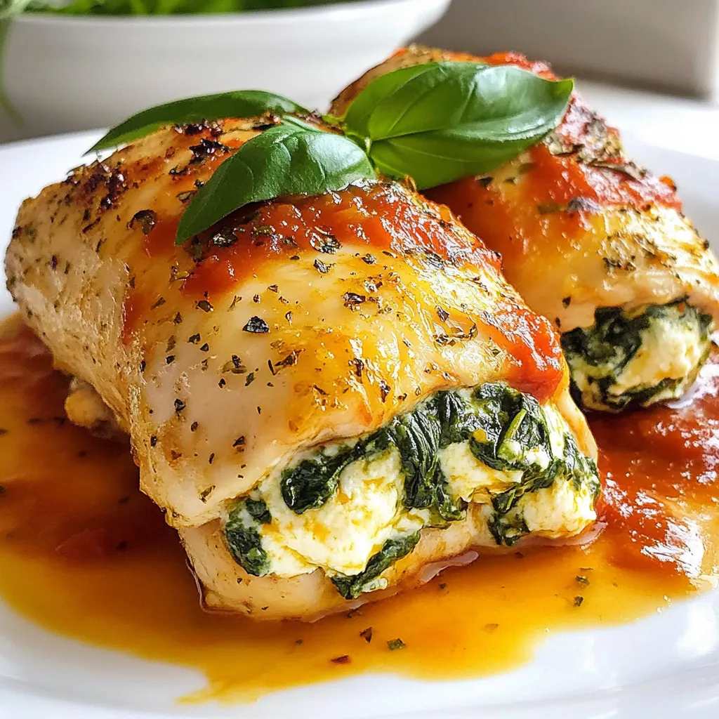 - 4 boneless, skinless chicken breasts - 1 cup fresh spinach, finely chopped - 1 cup ricotta cheese - 1/2 cup grated Parmesan cheese - 1/2 cup shredded mozzarella cheese - 2 cloves garlic, minced - 1 teaspoon dried oregano - 1 teaspoon salt - 1/2 teaspoon freshly ground black pepper - 1 tablespoon olive oil - 1 cup marinara sauce (for serving) - Fresh basil leaves, for garnish Using precise measurements can make a big difference. Here’s a quick breakdown: - Chicken breasts: 4 pieces, about 6 ounces each - Spinach: 1 cup, finely chopped, packed down - Ricotta cheese: 1 cup, whole milk for creaminess - Parmesan cheese: 1/2 cup, freshly grated for best flavor - Mozzarella cheese: 1/2 cup, shredded for melting - Garlic: 2 cloves, minced finely for even flavor - Oregano: 1 teaspoon, dried for a stronger taste - Salt: 1 teaspoon, adjust if needed - Black pepper: 1/2 teaspoon, freshly ground for zest - Olive oil: 1 tablespoon for searing - Marinara sauce: 1 cup, your favorite jarred or homemade - Fresh basil: A few leaves for garnish Sometimes, you may need to swap ingredients. Here are some ideas: - Use frozen spinach if fresh isn’t available. Just thaw and squeeze out water. - Swap ricotta with cottage cheese for a lighter option. - Try feta cheese instead of Parmesan for a tangy twist. - Use fresh herbs like thyme or parsley instead of oregano. - If you prefer a lighter cheese, use low-fat mozzarella. - Replace marinara with pesto for a different sauce flavor. These changes can help you make this dish your own while keeping it delicious! {{ingredient_image_2}} Start by preheating your oven to 375°F (190°C). This step is key. A hot oven helps the chicken cook evenly. In a medium bowl, combine the filling ingredients. Mix together 1 cup of chopped spinach, 1 cup of ricotta cheese, and 1/2 cup of grated Parmesan cheese. Add 1/2 cup of shredded mozzarella cheese, 2 minced garlic cloves, 1 teaspoon of dried oregano, 1 teaspoon of salt, and 1/2 teaspoon of black pepper. Stir the mixture until it's smooth and creamy. Take 4 boneless, skinless chicken breasts and place them on a cutting board. Carefully cut a pocket into each breast. Make sure you do not slice all the way through. Next, generously fill each pocket with your creamy spinach mixture. If the filling spills out, use toothpicks to hold it in. In a large, oven-safe skillet, heat 1 tablespoon of olive oil over medium heat. Once hot, add the stuffed chicken breasts. Sear each side for 3-4 minutes. This gives the chicken a lovely golden-brown crust. After searing, place the skillet in your preheated oven. Bake the chicken for 20-25 minutes. The internal temperature should reach 165°F (75°C). This ensures the chicken is safe to eat. Once baked, take the skillet out of the oven. Let the chicken rest for about 5 minutes. This helps the juices stay in. Serve the stuffed chicken breasts with marinara sauce on top. Finish with fresh basil leaves for a splash of color and flavor. You can also sprinkle extra Parmesan cheese on top and serve with garlic bread or a light salad. Enjoy! To get the best stuffing, make sure you chop the spinach finely. This helps it mix well with the ricotta and other cheeses. Don't overfill the chicken. If you do, the filling may spill out while cooking. Use a toothpick to secure the chicken opening if needed. This keeps that creamy goodness inside. To keep your chicken moist, always sear it before baking. This step locks in flavor and moisture. After baking, let the chicken rest for about five minutes. This resting time helps the juices settle, making every bite more tender and juicy. You can boost the flavor by adding fresh herbs. Try mixing in basil or parsley into the stuffing. A pinch of red pepper flakes gives a nice kick. Also, drizzle some extra olive oil over the chicken before baking. This adds richness and helps with browning. Pro Tips Use Fresh Ingredients: Whenever possible, choose fresh spinach and high-quality cheeses for a richer flavor and better texture in your filling. Don’t Overstuff: While it may be tempting to add more filling, overstuffing can lead to a mess during cooking. Aim for a generous but manageable amount. Check for Doneness: Use a meat thermometer to ensure the chicken reaches an internal temperature of 165°F (75°C) for safe consumption and optimal juiciness. Rest Your Chicken: Allow the stuffed chicken breasts to rest for a few minutes after baking. This helps retain moisture and enhances the overall flavor. {{image_4}} You can change up the cheese in this dish. Instead of ricotta, try goat cheese. It adds a tangy flavor. Cream cheese can also work for a richer taste. If you want more depth, mix in some feta. Each cheese gives a unique flavor twist. Add more veggies to your filling for extra taste and nutrition. Chopped mushrooms bring a nice earthy note. Sun-dried tomatoes can add a touch of sweetness. Artichoke hearts make the dish feel gourmet. Just make sure to chop everything finely for easy stuffing. If you like heat, consider adding red pepper flakes to your filling. This adds a nice kick. You might also use pepper jack cheese for a spicier cheese option. Serve with a spicy marinara sauce for more heat. Adjust the spice level to fit your taste. To keep your spinach ricotta stuffed chicken breasts fresh, store them in an airtight container. If they are whole, wrap them tightly in plastic wrap. Place them in the fridge for up to three days. Ensure the chicken is cooled before you store it. This helps it stay moist and tasty. If you have leftovers, do not let them sit out for long. Always refrigerate after serving. When you're ready to enjoy your leftovers, reheating is simple. Preheat your oven to 350°F (175°C). Place the chicken in an oven-safe dish. Cover it with foil to keep it moist. Bake for about 15 to 20 minutes, or until it is warmed through. You can also reheat in the microwave. Use a microwave-safe plate and cover it with a damp paper towel. Heat in 1-minute intervals until hot. If you want to freeze your stuffed chicken, do it before baking. Wrap each stuffed chicken breast in plastic wrap, then place them in a freezer bag. Press out as much air as you can to prevent freezer burn. You can freeze them for up to three months. When ready to cook, thaw the chicken in the fridge overnight. Then, bake as directed in your recipe. This way, you can enjoy a tasty meal at any time! Cook stuffed chicken breasts for about 20-25 minutes in the oven at 375°F (190°C). Use a meat thermometer to check the internal temperature. It should reach 165°F (75°C) to ensure it's safe to eat. Cooking times may vary based on the size of the chicken breasts. Yes, you can use frozen spinach. Just make sure to thaw it and drain excess water. Frozen spinach is a great time-saver and works well in this recipe. It still provides the same flavor and nutrients as fresh spinach. You can serve these stuffed chicken breasts with a variety of sides. Here are some ideas: - Garlic bread - A light salad - Steamed vegetables - Pasta with marinara sauce These sides complement the rich flavors of the chicken and add balance to your meal. To check if the chicken is cooked through, use a meat thermometer. Insert it into the thickest part of the chicken. If it reads 165°F (75°C), the chicken is done. If you don't have a thermometer, you can cut into the chicken. The juices should run clear, and the meat should be opaque and white throughout. In this article, we covered the essential ingredients and straightforward steps for making stuffed chicken breasts. We explored ingredient measurements, substitutions, and helpful tips for juicy results. Variations allow you to mix in different flavors while storage info ensures your dish stays fresh. Remember, you can easily adapt this recipe to fit your taste. With practice, your stuffed chicken will impress everyone at dinner. Enjoy your cooking journey!