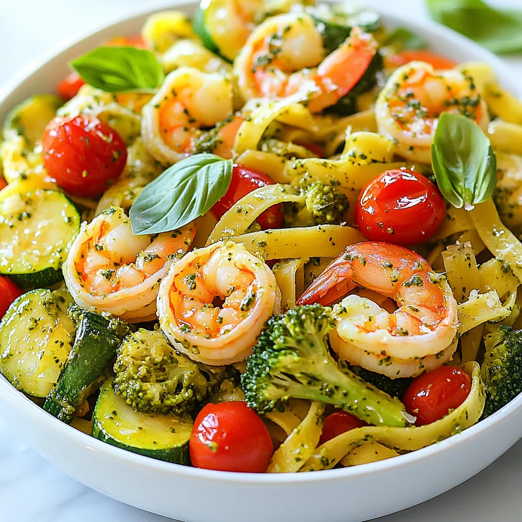 To create a delicious Pesto Shrimp Pasta Primavera, you will need the following ingredients: - 8 ounces fettuccine pasta - 1 pound large shrimp, peeled and deveined - 2 cups broccoli florets - 1 bell pepper, thinly sliced (red or yellow) - 1 medium zucchini, sliced into thin rounds - 1 cup cherry tomatoes, halved - 1/4 cup basil pesto (homemade or store-bought) - 3 tablespoons olive oil - 3 cloves garlic, minced - Salt and pepper to taste - Grated Parmesan cheese for serving (optional) - Fresh basil leaves, for garnish Using fresh ingredients makes a big difference. Choose bright broccoli and firm zucchini. The bell pepper should be crisp, either red or yellow, to add color. Select large shrimp that look fresh and shiny. Fresh shrimp cook up tender and tasty. For pasta, I love using fettuccine, but any pasta you like works great. Quality basil pesto, whether homemade or from a jar, gives the dish its rich flavor. You can easily customize this dish based on what you have or prefer. Here are some ideas: - Add spinach or kale for extra greens. - Toss in some peas for sweetness. - Use asparagus instead of broccoli for a different taste. - Swap the shrimp for chicken or tofu for a different protein. - Try sun-dried tomatoes if you want a stronger flavor. Feel free to mix and match based on your taste and what you have on hand! {{ingredient_image_2}} Start by boiling a large pot of salted water. Once it bubbles, add 8 ounces of fettuccine. Cook it for about 8-10 minutes. You want it to be al dente, which means it should be firm yet tender. After cooking, drain the pasta but save a small cup of pasta water. This will help later on. Next, heat 2 tablespoons of olive oil in a large skillet over medium heat. Once the oil is warm, add 3 cloves of minced garlic. Sauté this for about 30 seconds until it smells great. Then, add 1 pound of peeled and deveined shrimp. Cook each side for 2-3 minutes. They will turn pink and opaque when done. Season with salt and pepper for flavor. Once cooked, take the shrimp out and set them aside. In the same skillet, add 1 tablespoon of olive oil. Toss in 2 cups of broccoli florets, 1 sliced bell pepper, and 1 sliced zucchini. Sauté these for 4-5 minutes. You want them to be tender but still crisp. After that, add 1 cup of halved cherry tomatoes. Cook for another 2 minutes until they soften. Now, return the fettuccine and shrimp to the skillet. Gradually stir in 1/4 cup of basil pesto, mixing it well. Make sure all of the pasta is coated. If it looks dry, add a splash of the reserved pasta water. This helps create a nice creamy sauce. Taste your dish and adjust the seasoning if needed. Now, it’s time to serve! Place the pasta primavera into bowls. For a special touch, sprinkle some grated Parmesan cheese on top. Add a few fresh basil leaves as a lovely garnish. Enjoy your colorful and tasty meal! To cook pasta just right, start with a large pot. Fill it with water and add salt. Bring the water to a boil. Then, add the fettuccine. Check the package for cooking time. Taste it a minute before the time is up. It should be firm but not hard. Drain the pasta but keep a bit of the water. This water helps make the sauce creamy later. For tasty shrimp, use large, fresh shrimp. Peel and devein them before cooking. Heat olive oil in a skillet over medium heat. Add minced garlic first for great flavor. Cook the shrimp for 2-3 minutes per side. Look for a pink and opaque color. Season well with salt and pepper. This step brings out the shrimp's natural sweetness. Pasta primavera shines with colorful veggies. Broccoli, bell peppers, zucchini, and cherry tomatoes work best. They add both crunch and color. Cook them until tender but still crisp. This keeps the dish fresh and vibrant. Feel free to mix in other favorites like carrots or snap peas. Pesto adds depth to your dish. You can use store-bought or homemade. If you want more flavor, add extra garlic or lemon juice. A pinch of red pepper flakes can add some heat. If your pesto is too thick, mix in a little pasta water. This will help it coat the pasta better. Taste as you go to find your perfect balance. Pro Tips Fresh Ingredients Matter: Always use fresh vegetables and high-quality shrimp for the best flavor and texture. Fresh ingredients enhance the dish's overall appeal. Customize Your Pesto: If you're feeling adventurous, try adding nuts like walnuts or pine nuts to your pesto for added depth and texture. You can also experiment with different herbs. Perfectly Cooked Pasta: Ensure your pasta is al dente by following package instructions closely. Overcooked pasta can become mushy and lose its appeal in the dish. Garnish for Presentation: Don't skip the garnish! Fresh basil leaves and grated Parmesan not only add flavor but also make your dish look restaurant-quality. Presentation is key! {{image_4}} You can customize your Pesto Shrimp Pasta Primavera easily. Feel free to swap in other proteins. Chicken or scallops work well and add great flavor. For a plant-based option, try chickpeas or tofu. You can also add more veggies for extra crunch. Consider adding spinach, asparagus, or snap peas. Each brings a unique taste and texture. While basil pesto is classic, feel free to get creative with sauces. Try sun-dried tomato pesto for a rich, tangy twist. A creamy Alfredo sauce can also add a nice touch. For a kick, consider a spicy arrabbiata sauce. These options can change the whole dish and keep it exciting. If you need a gluten-free dish, simply use gluten-free pasta. Many brands offer great options that hold up well. For a vegan meal, swap shrimp for marinated mushrooms or lentils. Use a vegan pesto made with nuts and nutritional yeast instead of cheese. These changes ensure everyone can enjoy this tasty dish. To store leftover pesto shrimp pasta primavera, place it in an airtight container. Make sure to let it cool to room temperature first. The pasta will stay fresh for up to three days in the fridge. If you have extra basil pesto, you can drizzle a little on top before sealing the container. This helps keep the pasta moist and flavorful. When you’re ready to eat the leftovers, reheat the pasta gently. You can use a microwave or a skillet. If using a microwave, add a splash of water to keep it from drying out. Heat it in short bursts, stirring in between. In a skillet, add a little olive oil and warm it on low heat. Stir often until it’s heated through. This keeps the shrimp tender and the veggies crisp. If you want to freeze your pesto shrimp pasta primavera, do so within two days of making it. Place it in a freezer-safe container. Make sure to leave some space at the top, as the pasta may expand. It can be frozen for up to three months. To reheat, thaw it in the fridge overnight. Then, warm it up gently as I described before. This way, you can enjoy a delicious meal later without much hassle. Yes, you can use frozen shrimp. Just make sure to thaw them first. Place the shrimp in cold water for about 15-20 minutes to defrost. This helps keep the shrimp tender. Once thawed, peel and devein them if needed. Then, you can sauté them just like fresh shrimp. You can use any pesto you like! Homemade basil pesto is the best for fresh flavor. Store-bought pesto saves time and can taste great too. Look for one with high-quality ingredients. You might even try sun-dried tomato pesto for a unique twist. To add some heat, sprinkle in red pepper flakes while cooking. You can also use spicy pesto if you find it. Another option is to add sliced fresh jalapeños or a dash of hot sauce when serving. Adjust the spice level to fit your taste. Yes, you can make this dish ahead. Cook the pasta and shrimp, and store them separately in the fridge. Sauté the veggies just before serving. When ready, combine everything in a pan, add the pesto, and warm it through. Your meal will still taste fresh and tasty! This blog post guides you in making Pesto Shrimp Pasta Primavera. We covered key ingredients, tasty cooking steps, and fun variations. You learned how to get the best flavors and textures while cooking. Storing and reheating leftovers was also discussed, making this dish a lasting delight. Remember, using fresh ingredients makes a real difference. Try different vegetables or spices to make this dish your own. Enjoy every bite!