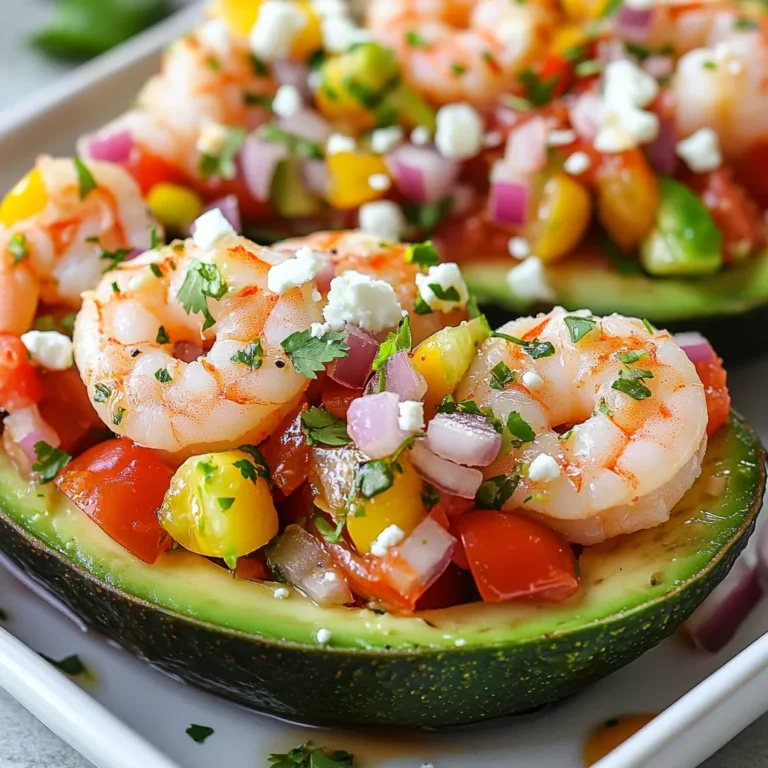 - 1 lb shrimp, peeled and deveined - 2 ripe avocados, halved and pitted - 1 cup cherry tomatoes, halved - 1/4 cup red onion, finely chopped - 1 jalapeño, deseeded and minced - 2 tablespoons fresh cilantro, chopped - 2 tablespoons lime juice The shrimp serves as the star of this dish. It brings a sweet and light taste. Avocados add a rich creaminess. They also provide healthy fats that make this meal satisfying. The vegetables for pico de gallo give color and crunch. Cherry tomatoes offer freshness, while red onion and jalapeño add a bite. Cilantro brightens it all up, and lime juice ties the flavors together. - 1 teaspoon garlic powder - 1 teaspoon ground cumin - Salt and pepper to taste - Optional toppings: crumbled feta cheese, dollop of sour cream, lime wedges Seasonings are key to making the shrimp shine. Garlic powder and cumin add warmth and depth. Salt and pepper enhance the natural flavors, while lime juice adds zesty brightness. For those who want extra flavor, try crumbled feta cheese or a dollop of sour cream. Lime wedges on the side give you a fresh squeeze when serving. These simple options make your taco boats even better! {{ingredient_image_2}} First, season the shrimp. In a bowl, mix the peeled and deveined shrimp with garlic powder, ground cumin, salt, and pepper. Toss the shrimp well so they are coated evenly. This step adds great taste to our dish. Next, cook the shrimp in a skillet. Heat a splash of olive oil in a pan over medium-high heat. When the oil shimmers, add the shrimp. Cook them for about 2-3 minutes on each side. The shrimp should turn pink and opaque when done. Once cooked, take the shrimp off heat and set them aside. Now, let’s make the pico de gallo. In another bowl, mix the halved cherry tomatoes, chopped red onion, and minced jalapeño. Add chopped fresh cilantro for flavor. Then, drizzle lime juice over the mixture. Stir everything well to combine. Taste it and adjust seasoning with salt and pepper to your liking. It’s time to assemble the taco boats. Take each avocado half and carefully scoop out some flesh. This makes room for our filling. Be careful not to break the skin. Fill each avocado half with the cooked shrimp. Then, top them with a generous amount of the pico de gallo mixture. For extra flavor, you can add optional toppings like crumbled feta cheese or a dollop of sour cream. Serve the taco boats right away, with lime wedges on the side for a zesty kick. To cook shrimp just right, aim for a cooking time of 2-3 minutes per side. This short time keeps the shrimp tender and juicy. Cook them until they turn pink and opaque. If you leave them too long, they will become tough. Use medium-high heat for cooking. This helps the shrimp cook evenly and quickly. I always watch them closely to prevent overcooking. As soon as they look pink, take them off the heat. When selecting ripe avocados, look for ones that yield slightly to gentle pressure. Avoid ones that feel mushy or have dark spots. A ripe avocado should have a dark green skin and feel firm yet soft. To prevent browning, squeeze fresh lime juice over any cut avocado. This juice acts as a barrier to slow oxidation. If you have leftover avocado, wrap it tightly in plastic wrap to keep air out. For serving, arrange the taco boats on a colorful platter. This makes them eye-catching and fun. Place lime wedges around the platter for guests to use. Garnish with fresh cilantro leaves for a pop of color. You can also sprinkle crumbled feta cheese on top for added flavor. A well-presented dish makes every meal feel special. Enjoy your beautiful and tasty shrimp avocado taco boats! Pro Tips Best Shrimp Selection: Opt for wild-caught shrimp for superior flavor and texture. Check for a slight sheen and firm texture when purchasing. Ripeness of Avocados: Make sure your avocados are perfectly ripe. They should yield slightly to gentle pressure but not be overly soft. Enhancing Flavor: Marinate the shrimp in lime juice and spices for at least 15 minutes before cooking to deepen the flavors. Serving Suggestion: Serve the taco boats on a bed of shredded lettuce or cabbage for added crunch and a colorful presentation. {{image_4}} You can switch shrimp for chicken or fish in this dish. Both options work well. Simply season them like you do with shrimp. Cook chicken until it reaches 165°F. For fish, choose a firm type, like tilapia or cod. If you want a vegetarian or vegan option, try black beans or jackfruit. Both add great flavor and texture. For a meat-like feel, use seasoned tofu. Cook until golden brown to enhance taste. To add a kick, mix spices or hot sauce into your shrimp. Chipotle powder or cayenne pepper can really elevate the flavor. If you love heat, add more minced jalapeño or a hotter variety. Changing toppings can also change the dish. Try adding fresh corn, diced mango, or even pickled onions. Crumbled feta cheese or sour cream can add creaminess. Lime wedges give a zesty touch, too. For side dishes, consider serving with rice or quinoa. A fresh green salad pairs well, too. You could also add tortilla chips and salsa for crunch. To make this a full meal, serve with grilled veggies or a hearty soup. This way, you create a vibrant dining experience that everyone will love. To keep your shrimp avocado taco boats fresh, store them in an airtight container. This helps prevent air from getting in and drying them out. For the shrimp and pico de gallo, you can store them separately. Keep the avocado halves in the fridge, but they might brown. Use lemon or lime juice on the avocado flesh to slow this process. You can keep the shrimp in the fridge for up to three days. The pico de gallo lasts about two days. However, try to eat them soon for the best taste. Yes, you can freeze shrimp avocado taco boats, but it takes some care. The shrimp can be frozen, but avocado does not freeze well. It turns mushy when thawed. If you want to freeze the shrimp, cook it first. Cool it down, then place it in a freezer-safe bag. Remove as much air as possible. You can freeze it for up to three months. For the pico de gallo, freeze the tomatoes and onions separately. Avoid freezing the avocado. When you're ready to serve, simply thaw the shrimp and pico de gallo in the fridge overnight. To cook shrimp for tacos, start with fresh or thawed shrimp. Season them well for flavor. I like to use garlic powder and cumin. Heat a skillet over medium-high heat and add olive oil. When the oil is hot, add the shrimp. Cook them for about 2-3 minutes on each side. They should turn pink and opaque. This method keeps the shrimp tender and juicy. Yes, you can use frozen shrimp! First, thaw them in the fridge overnight or under cold water for about 15 minutes. After thawing, peel and devein if needed. Then, follow the same cooking steps as fresh shrimp. This way, you’ll still enjoy tasty shrimp in your taco boats. To keep avocados fresh, use lime juice. Squeeze some lime juice over the cut avocado. This helps slow down browning. You can also store them in an airtight container. If you want to use the avocado later, leave the pit in the unused half. This can help too. Enjoy your bright green avocado in the taco boats! This guide covers how to create delicious shrimp avocado taco boats. You learned about the key ingredients, like shrimp and fresh pico de gallo. I shared step-by-step cooking instructions, helpful tips, and storage guides. Don’t forget the fun variations to try. Enjoy your cooking journey. These taco boats can impress everyone at your table. They are simple, tasty, and full of fresh flavors. Get creative and make them your own!