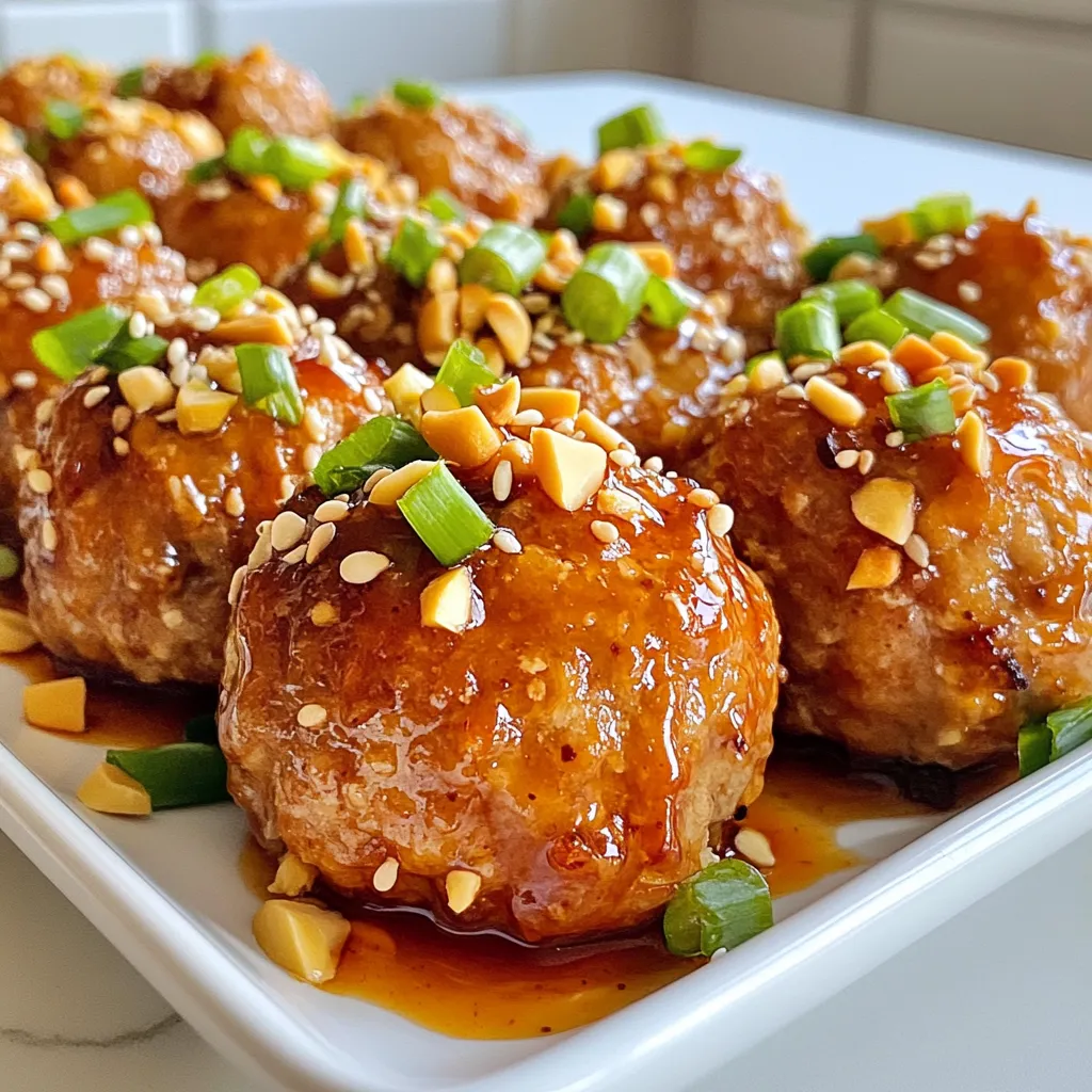 To make Firecracker Chicken Meatballs, you will need the following ingredients: - 1 pound ground chicken - 1/2 cup breadcrumbs - 1/4 cup green onions, finely chopped - 1/4 cup fresh cilantro, chopped - 2 cloves garlic, minced - 1 tablespoon fresh ginger, grated - 1 tablespoon soy sauce - 1 tablespoon sriracha (adjust according to your spice tolerance) - 1 teaspoon sesame oil - 1/2 teaspoon salt - 1/4 teaspoon black pepper - 1/4 cup sweet chili sauce (for glazing) - Chopped peanuts and sesame seeds (for garnish) - Extra green onions (for garnish) You can easily swap ingredients based on your taste or what you have. Here are some ideas: - For ground chicken, try ground turkey or pork. - Use panko instead of regular breadcrumbs for extra crunch. - If you lack fresh herbs, dried herbs can work in a pinch. - Replace sriracha with any hot sauce you prefer. - If you want a gluten-free option, choose gluten-free soy sauce. To ensure your meatballs taste great, keep these tips in mind: - Use fresh herbs for the best flavor. - Choose high-quality ground chicken. Look for lean meat with some fat for juiciness. - Keep your ingredients cold until you mix them. This helps maintain texture. - Store your fresh ingredients in the fridge until you're ready to cook. - Check your spices for freshness to maximize flavor. By following these tips and using quality ingredients, you ensure your Firecracker Chicken Meatballs will impress everyone! {{ingredient_image_2}} To make the meatball mixture, take a large bowl. Add 1 pound of ground chicken. Next, mix in 1/2 cup of breadcrumbs. Then, add 1/4 cup of finely chopped green onions and 1/4 cup of chopped cilantro. Now, include 2 minced garlic cloves and 1 tablespoon of grated ginger. Pour in 1 tablespoon of soy sauce and 1 tablespoon of sriracha for heat. Add 1 teaspoon of sesame oil, 1/2 teaspoon of salt, and 1/4 teaspoon of black pepper. Use your hands or a spoon to mix it all together. Be gentle! Overmixing can make the meatballs hard. You want a soft, tender mixture. First, preheat your oven to 400°F (200°C). While the oven heats, line a baking sheet with parchment paper. This helps the meatballs not stick. Now, wet your hands slightly. This stops the chicken mixture from sticking. Roll the mixture into 1.5-inch meatballs. Place them on the baking sheet, giving them space. Bake the meatballs for 18 to 20 minutes. They should be fully cooked when they reach 165°F (74°C). Five minutes before the meatballs are done, drizzle 1/4 cup of sweet chili sauce over them. This makes a tasty glaze. Let the sauce caramelize while the meatballs bake. When the meatballs are ready, take them out of the oven. Let them cool for a couple of minutes. Serve them warm on a platter. For a fun finish, garnish with chopped peanuts, sesame seeds, and extra green onions. This adds color and crunch to your dish! To get the best texture, mix the meat gently. Overmixing makes them tough. Use your hands or a spoon to combine the ingredients well. Keep the meatballs about 1.5 inches wide for even cooking. This size helps them cook through without drying out. If you want more heat, add more sriracha. Start with a small amount and taste as you go. If you prefer a milder flavor, cut back on the sriracha or skip it altogether. Remember, the sweet chili sauce adds sweetness and some spice, balancing the flavors nicely. For a beautiful display, use a large platter. Drizzle any leftover sweet chili sauce over the meatballs. Then, sprinkle chopped peanuts, sesame seeds, and extra green onions on top. Adding fresh cilantro sprigs can give a pop of color. This not only looks great but adds flavor too! Pro Tips Mix Gently: Be careful not to overmix the meatball mixture. This keeps them tender and juicy. Adjust Spice Level: Feel free to modify the amount of sriracha based on your personal spice tolerance. Glazing Technique: Drizzle the sweet chili sauce during the last few minutes of baking for a perfectly caramelized finish. Serve Fresh: For the best texture and flavor, serve the meatballs warm right after baking. {{image_4}} You can spice up your Firecracker Chicken Meatballs with various sauces. Here are some fun ideas: - Teriyaki Sauce: Add a sweet and savory taste. Just drizzle it on after baking. - Buffalo Sauce: For a spicy kick, toss the meatballs in buffalo sauce. It adds heat and flavor. - Honey Garlic Sauce: This sauce gives a sweet and sticky glaze. It balances the spice well. Each sauce changes the dish's flavor and keeps your meals exciting. Want to boost the nutrition? Add veggies right into the meatballs! Here are some options: - Finely Chopped Bell Peppers: They add sweetness and color. - Grated Zucchini: This keeps the meatballs moist and adds fiber. - Shredded Carrots: They add crunch and natural sweetness. Mix these into your meatball mixture. It’s a simple way to get more veggies in your meals. If you want to switch up the protein, you have choices! Here are some alternatives: - Ground Turkey: This is leaner and still very tasty. It gives a lighter option. - Ground Pork: It adds a rich flavor. Perfect for meatball fans. - Plant-Based Ground Meat: Great for a meatless meal. Look for options made from pea protein or soy. These substitutions keep the dish flavorful while meeting different dietary needs. To keep your Firecracker Chicken Meatballs fresh, place them in an airtight container. Let the meatballs cool completely before storing. This helps prevent excess moisture, which can make them soggy. You can store them in the fridge for up to three days. If you want to keep them longer, freezing is a great option. When it's time to enjoy the leftovers, reheating is key. You can use an oven or a microwave. For the oven, preheat it to 350°F (175°C). Place the meatballs on a baking sheet and cover them with foil. Heat for about 10-15 minutes until warm. If using the microwave, place the meatballs on a microwave-safe plate. Heat in 30-second intervals until hot, about 2-3 minutes total. To freeze the meatballs, first, let them cool. Arrange them in a single layer on a baking sheet and freeze for about an hour. Once frozen, transfer them to a freezer-safe bag. Squeeze out as much air as possible before sealing. They can stay frozen for up to three months. When you’re ready to eat, thaw them in the fridge overnight before reheating. Enjoy those spicy, tasty bites anytime! Firecracker Chicken Meatballs last for about 3 to 4 days in the fridge. Store them in an airtight container. Make sure they cool completely before putting them away. This helps keep them fresh longer. If you want to save them for later, consider freezing them. Yes, you can bake the meatballs instead of frying them. Baking is a healthier option and it’s easy. Just preheat your oven to 400°F (200°C) and follow the baking steps. Baking gives a nice texture and allows the flavors to blend well. You can even glaze them with sweet chili sauce while baking. You can serve Firecracker Chicken Meatballs with many sides. Here are some great ideas: - Steamed rice or jasmine rice - Noodles tossed in sesame oil - Fresh green salad with a light dressing - Roasted vegetables for a crunchy bite - A side of dipping sauce for extra flavor Feel free to mix and match! Enjoy the fun and flavor of your meal. In this blog post, I covered the essential steps to make delicious Firecracker Chicken Meatballs. We explored the key ingredients, helpful tips for freshness, and step-by-step baking instructions. I shared variations to mix things up and storage tips to keep your meatballs tasty. These meatballs are great for any meal. You can adjust the spice, add veggies, and even change proteins. Enjoy making these flavorful bites!