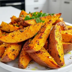 - 2 large sweet potatoes, thoroughly washed and sliced into wedges - 3 tablespoons extra virgin olive oil - 4 cloves of garlic, finely minced - 1 teaspoon smoked paprika - 1 teaspoon onion powder - 1 teaspoon sea salt - ½ teaspoon freshly ground black pepper - Fresh parsley, finely chopped (for garnish) - Optional: 1 tablespoon of freshly grated Parmesan cheese for enhanced flavor Choose firm, bright sweet potatoes for the best flavor. The fresher, the better! When slicing, aim for even wedges. This helps them cook at the same rate. Use fresh garlic for a stronger taste. If you don’t have smoked paprika, regular paprika works too. If you have a nut allergy, you can use sunflower oil instead of olive oil. For a dairy-free dish, skip the Parmesan. Instead, add nutritional yeast for a cheesy flavor without the dairy. If you're sensitive to garlic, try using garlic powder, adjusting to your taste. First, you need to preheat your air fryer. Set it to 400°F (200°C). This step takes about 5 minutes. Preheating helps the wedges cook evenly. Next, wash the sweet potatoes well. Cut them into wedges. In a large bowl, mix the wedges with olive oil, minced garlic, smoked paprika, onion powder, sea salt, and black pepper. Toss everything together. Make sure each wedge gets coated nicely. Now, place the seasoned wedges in the air fryer basket. Arrange them in a single layer. This helps them cook well. If you have too many wedges, cook them in batches. Set the timer for 15 to 20 minutes. Halfway through, shake the basket. This gives them a nice, even browning. When done, take the wedges out of the air fryer. Let them cool for a minute. If you want, sprinkle some freshly grated Parmesan cheese on top. This adds great flavor. Then, transfer the wedges to a plate. Garnish with chopped parsley for color. Enjoy your tasty sweet potato wedges! To make your sweet potato wedges crispy, start with dry potatoes. Pat them with a towel after washing. The oil helps, too. Use extra virgin olive oil for the best flavor. Toss the wedges well to coat them evenly. Arranging them in a single layer in the air fryer is key. This lets hot air circulate and crisp them up. Shake the basket halfway through cooking. This helps them cook evenly on all sides for that golden crunch. You can boost the flavor of your wedges in fun ways. Try adding fresh herbs like rosemary or thyme. These add a nice earthy taste. For a spicy kick, mix in some cayenne pepper or chili powder. You can also sprinkle Parmesan cheese on top while they are hot. This creates a savory flavor that melts into the wedges. If you want a bit of sweetness, add a touch of brown sugar to the mix. This gives a sweet contrast to the garlic. If you have many wedges to cook, do it in batches. Overcrowding the air fryer makes it harder for the hot air to reach all areas. This can lead to soggy wedges. Instead, cook them in two or three rounds. Just remember to keep them warm in the oven if you need to. Set your oven to a low temperature, around 200°F (93°C), to keep them nice and hot until all are ready. This way, everyone enjoys crispy wedges at the same time. {{image_4}} To spice things up, add heat to your wedges. Mix in 1 teaspoon of cayenne pepper or chili powder along with the garlic and seasonings. This twist gives your sweet potato wedges a fiery kick. They are perfect for those who love spicy food. Serve them with a cooling dip, like yogurt or sour cream, to balance the heat. For a fresh flavor, try herb-infused wedges. Add a blend of dried herbs like oregano, thyme, or rosemary to the seasoning mix. You can also toss in some fresh herbs after cooking. This variation adds a lovely aroma and enhances the overall taste. Fresh basil or cilantro can give your wedges an extra boost. For a cheesy delight, sprinkle freshly grated Parmesan cheese on your hot wedges. The cheese melts slightly and adds a rich flavor. You can also try crumbled feta or shredded cheddar for a different taste. The cheese pairs well with the garlic and sweet potato, making every bite even more enjoyable. To store leftover garlic sweet potato wedges, let them cool first. Place them in an airtight container. They can last in the fridge for up to three days. Make sure to keep them in a single layer if possible. This helps prevent sogginess. Reheating the wedges is simple. I recommend using the air fryer for the best results. Set the air fryer to 350°F (175°C). Heat the wedges for about 5 to 7 minutes. This will give them a nice crisp again. You can also use an oven if you don’t have an air fryer. Just place them on a baking sheet and heat them at the same temperature. If you have extra wedges, you can freeze them. To do this, spread the cooled wedges on a baking sheet in a single layer. Freeze them for about an hour. Once they’re frozen, transfer them to a freezer-safe bag. They can last up to three months in the freezer. When you’re ready to eat, no need to thaw. Just air fry them straight from the freezer at 400°F (200°C) for about 15 minutes. Enjoy! You should cook sweet potato wedges in the air fryer for 15 to 20 minutes. The exact time depends on how thick you cut the wedges. A good tip is to shake the basket halfway through. This helps them cook evenly. Look for a golden brown color and a crispy texture. Yes, you can use regular potatoes instead of sweet potatoes. Russet or Yukon Gold potatoes work well. They will have a different taste but will still be delicious. Just remember to adjust the cooking time if your wedges are thicker. Garlic sweet potato wedges pair well with many dishes. You can serve them with grilled chicken or fish. They also go great with salads or burgers. For a tasty snack, enjoy them with a dipping sauce, like ranch or garlic aioli. To make sweet potato wedges crispy, cut them evenly to ensure uniform cooking. Toss them in olive oil and seasonings before cooking. Preheating the air fryer is key to achieving that crispiness too. Finally, shake the basket halfway through cooking to allow hot air to circulate. You learned how to make delicious sweet potato wedges. We covered the best ingredients, cooking steps, and tips for crispiness. Don’t forget about tasty variations and smart storage options. Use these insights to create dishes that fit your taste. Remember, the air fryer makes cooking easy and fun. Enjoy trying your new skills and recipes. Happy cooking!