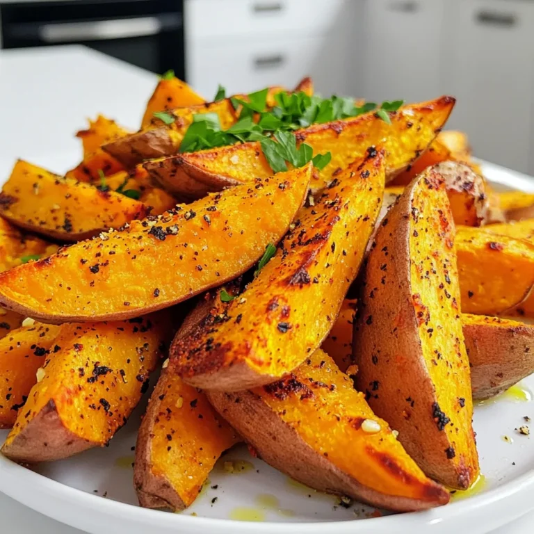 - 2 large sweet potatoes, thoroughly washed and sliced into wedges - 3 tablespoons extra virgin olive oil - 4 cloves of garlic, finely minced - 1 teaspoon smoked paprika - 1 teaspoon onion powder - 1 teaspoon sea salt - ½ teaspoon freshly ground black pepper - Fresh parsley, finely chopped (for garnish) - Optional: 1 tablespoon of freshly grated Parmesan cheese for enhanced flavor Choose firm, bright sweet potatoes for the best flavor. The fresher, the better! When slicing, aim for even wedges. This helps them cook at the same rate. Use fresh garlic for a stronger taste. If you don’t have smoked paprika, regular paprika works too. If you have a nut allergy, you can use sunflower oil instead of olive oil. For a dairy-free dish, skip the Parmesan. Instead, add nutritional yeast for a cheesy flavor without the dairy. If you're sensitive to garlic, try using garlic powder, adjusting to your taste. First, you need to preheat your air fryer. Set it to 400°F (200°C). This step takes about 5 minutes. Preheating helps the wedges cook evenly. Next, wash the sweet potatoes well. Cut them into wedges. In a large bowl, mix the wedges with olive oil, minced garlic, smoked paprika, onion powder, sea salt, and black pepper. Toss everything together. Make sure each wedge gets coated nicely. Now, place the seasoned wedges in the air fryer basket. Arrange them in a single layer. This helps them cook well. If you have too many wedges, cook them in batches. Set the timer for 15 to 20 minutes. Halfway through, shake the basket. This gives them a nice, even browning. When done, take the wedges out of the air fryer. Let them cool for a minute. If you want, sprinkle some freshly grated Parmesan cheese on top. This adds great flavor. Then, transfer the wedges to a plate. Garnish with chopped parsley for color. Enjoy your tasty sweet potato wedges! To make your sweet potato wedges crispy, start with dry potatoes. Pat them with a towel after washing. The oil helps, too. Use extra virgin olive oil for the best flavor. Toss the wedges well to coat them evenly. Arranging them in a single layer in the air fryer is key. This lets hot air circulate and crisp them up. Shake the basket halfway through cooking. This helps them cook evenly on all sides for that golden crunch. You can boost the flavor of your wedges in fun ways. Try adding fresh herbs like rosemary or thyme. These add a nice earthy taste. For a spicy kick, mix in some cayenne pepper or chili powder. You can also sprinkle Parmesan cheese on top while they are hot. This creates a savory flavor that melts into the wedges. If you want a bit of sweetness, add a touch of brown sugar to the mix. This gives a sweet contrast to the garlic. If you have many wedges to cook, do it in batches. Overcrowding the air fryer makes it harder for the hot air to reach all areas. This can lead to soggy wedges. Instead, cook them in two or three rounds. Just remember to keep them warm in the oven if you need to. Set your oven to a low temperature, around 200°F (93°C), to keep them nice and hot until all are ready. This way, everyone enjoys crispy wedges at the same time. {{image_4}} To spice things up, add heat to your wedges. Mix in 1 teaspoon of cayenne pepper or chili powder along with the garlic and seasonings. This twist gives your sweet potato wedges a fiery kick. They are perfect for those who love spicy food. Serve them with a cooling dip, like yogurt or sour cream, to balance the heat. For a fresh flavor, try herb-infused wedges. Add a blend of dried herbs like oregano, thyme, or rosemary to the seasoning mix. You can also toss in some fresh herbs after cooking. This variation adds a lovely aroma and enhances the overall taste. Fresh basil or cilantro can give your wedges an extra boost. For a cheesy delight, sprinkle freshly grated Parmesan cheese on your hot wedges. The cheese melts slightly and adds a rich flavor. You can also try crumbled feta or shredded cheddar for a different taste. The cheese pairs well with the garlic and sweet potato, making every bite even more enjoyable. To store leftover garlic sweet potato wedges, let them cool first. Place them in an airtight container. They can last in the fridge for up to three days. Make sure to keep them in a single layer if possible. This helps prevent sogginess. Reheating the wedges is simple. I recommend using the air fryer for the best results. Set the air fryer to 350°F (175°C). Heat the wedges for about 5 to 7 minutes. This will give them a nice crisp again. You can also use an oven if you don’t have an air fryer. Just place them on a baking sheet and heat them at the same temperature. If you have extra wedges, you can freeze them. To do this, spread the cooled wedges on a baking sheet in a single layer. Freeze them for about an hour. Once they’re frozen, transfer them to a freezer-safe bag. They can last up to three months in the freezer. When you’re ready to eat, no need to thaw. Just air fry them straight from the freezer at 400°F (200°C) for about 15 minutes. Enjoy! You should cook sweet potato wedges in the air fryer for 15 to 20 minutes. The exact time depends on how thick you cut the wedges. A good tip is to shake the basket halfway through. This helps them cook evenly. Look for a golden brown color and a crispy texture. Yes, you can use regular potatoes instead of sweet potatoes. Russet or Yukon Gold potatoes work well. They will have a different taste but will still be delicious. Just remember to adjust the cooking time if your wedges are thicker. Garlic sweet potato wedges pair well with many dishes. You can serve them with grilled chicken or fish. They also go great with salads or burgers. For a tasty snack, enjoy them with a dipping sauce, like ranch or garlic aioli. To make sweet potato wedges crispy, cut them evenly to ensure uniform cooking. Toss them in olive oil and seasonings before cooking. Preheating the air fryer is key to achieving that crispiness too. Finally, shake the basket halfway through cooking to allow hot air to circulate. You learned how to make delicious sweet potato wedges. We covered the best ingredients, cooking steps, and tips for crispiness. Don’t forget about tasty variations and smart storage options. Use these insights to create dishes that fit your taste. Remember, the air fryer makes cooking easy and fun. Enjoy trying your new skills and recipes. Happy cooking!