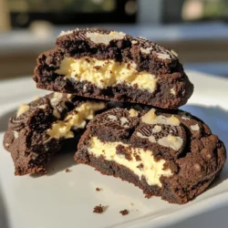 - 1 cup unsalted butter, softened to room temperature - 1 cup brown sugar, packed tightly - 1/2 cup granulated sugar - 1 large egg - 1 teaspoon vanilla extract - 2 1/2 cups all-purpose flour - 1 teaspoon baking soda - 1 teaspoon salt - 1 cup semi-sweet chocolate chips - 1 cup crushed Oreo cookies (about 10 cookies) - 8 oz cream cheese, softened to room temperature - 1/2 cup powdered sugar - 1/2 teaspoon vanilla extract - 1/2 cup crushed Oreo cookies (about 5 cookies) - Butter Temperature: Use softened butter. This helps mix the dough easily. - Chocolate Types: I prefer semi-sweet chocolate chips. They balance well with the sweetness. - Cream Cheese: Make sure it’s softened too. It blends better for a smooth filling. {{ingredient_image_2}} Start by preheating your oven to 350°F (175°C). This step is key to get the best cookies. While the oven heats, line two baking sheets with parchment paper. This helps with easy cleanup and prevents sticking. In a mixing bowl, take 8 oz of softened cream cheese. Add 1/2 cup of powdered sugar and 1/2 teaspoon of vanilla extract. Mix these well with an electric mixer until smooth and creamy. Now, gently fold in 1/2 cup of crushed Oreo cookies. Set this tasty filling aside for later. In a large mixing bowl, cream together 1 cup of softened unsalted butter, 1 cup of brown sugar, and 1/2 cup of granulated sugar. Use an electric mixer for about 2-3 minutes until it becomes light and fluffy. Next, beat in 1 large egg and 1 teaspoon of vanilla extract until fully combined. In another bowl, whisk together 2 1/2 cups of all-purpose flour, 1 teaspoon of baking soda, and 1 teaspoon of salt. Gradually mix this dry blend into the wet ingredients. Be careful not to overmix. Fold in 1 cup of semi-sweet chocolate chips and 1 cup of crushed Oreo cookies. Now, take about a tablespoon-sized portion of cookie dough. Flatten it in your palm and place about one teaspoon of the cheesecake filling in the center. Fold the dough edges over the filling and seal it carefully to form a ball. Arrange the stuffed cookie dough balls on the lined baking sheets, leaving about 2 inches between them. Bake your cookies in the preheated oven for 10-12 minutes. Look for lightly golden edges and just set centers. Once baked, let them cool on the sheets for about 5 minutes. After that, transfer them to a wire rack to cool completely. To get the best cookie texture, use room temperature butter. This helps the butter mix well with sugars. Cream it until fluffy, about 2-3 minutes. For a chewy cookie, do not bake too long. The edges should be golden, while the center looks slightly soft. Overmixing can make cookies tough. After adding flour, mix just until combined. It’s okay if some flour shows. When you fold in chocolate chips and Oreos, use a gentle hand. This helps keep the dough light and fluffy. You can add more fun flavors to your cookies. Consider mixing in: - Chopped nuts for crunch - Different types of chocolate chips - Sprinkles for color These add-ins can make your cookies unique and exciting! Pro Tips Chill the Dough: For best results, chill the cookie dough for at least 30 minutes before baking. This helps prevent spreading and ensures a thicker cookie. Use Room Temperature Ingredients: Ensure your butter and cream cheese are at room temperature for easier mixing and a smoother cheesecake filling. Don’t Overbake: Keep an eye on the cookies as they bake; they should be slightly undercooked in the center for a chewy texture. They will continue to firm up as they cool. Experiment with Fillings: Feel free to customize the cheesecake filling by adding flavors like lemon zest or chocolate chips for extra flair! {{image_4}} You can change the cheesecake filling to suit your taste. Try adding flavors like lemon, strawberry, or pumpkin. Just mix your choice of flavored yogurt or puree into the cream cheese. This gives a fun twist to your Oreo cheesecake stuffed cookies. You can also use different types of cheese, like ricotta or mascarpone, for a creamier filling. Get creative with your cookie mix-ins! Instead of just Oreos, try adding crushed candy bars, nuts, or even pretzels. You can also use white or dark chocolate chips for a different flavor. Each time, you create a new cookie experience. This makes your baking fun and exciting, and your cookies will always taste fresh. Making these cookies vegan or gluten-free is easy. For vegan cookies, swap the butter with coconut oil or vegan butter. Use a flax egg instead of a regular egg. For gluten-free, choose almond or coconut flour. Just make sure to adjust the amounts. These simple swaps let everyone enjoy these tasty treats. To keep your Oreo cheesecake stuffed cookies fresh, store them in an airtight container. Place parchment paper between layers to prevent sticking. They can stay fresh for about 3 to 5 days at room temperature. If you want to keep them longer, consider refrigerating them. They will last about a week in the fridge. Freezing these cookies is easy. Let them cool completely before you freeze them. Then, wrap each cookie in plastic wrap or foil. Place the wrapped cookies in a freezer-safe bag or container. They can last up to 3 months in the freezer. When you're ready to enjoy, simply thaw them at room temperature. To bring back the softness of your cookies, reheat them gently. Preheat your oven to 350°F (175°C). Place the cookies on a baking sheet and heat for about 5-7 minutes. You can also use the microwave. Heat each cookie for about 10-15 seconds. This warms them up and makes them soft again. Enjoy every gooey bite! Yes, you can make the cheesecake filling ahead. Just mix cream cheese, powdered sugar, and vanilla. Store it in the fridge for up to 3 days. If you make it early, let it sit at room temperature for a bit before using. These cookies last about a week at room temperature. Keep them in an airtight container to keep them fresh. You can also freeze them for up to 3 months. Just thaw them before eating. Overmixing can make your cookies tough. Mix just until the dry ingredients blend in. The dough should be soft and a bit chunky. This way, your cookies stay chewy and delicious. Yes! You can use other cookies like chocolate chip or peanut butter. Just crush them like you do with Oreos. This adds fun flavors and textures to your cookies. Get creative and try your favorites! This blog post covers everything you need to know to make delicious cookies. We talked about the key ingredients for cookie dough and cheesecake filling. I shared step-by-step instructions so you can bake with ease. Tips help you get the best texture and flavor. Variations give you fun ways to change each recipe. Lastly, we explored storage and reheating for soft cookies. Enjoy baking these treats and get creative with your own twists!