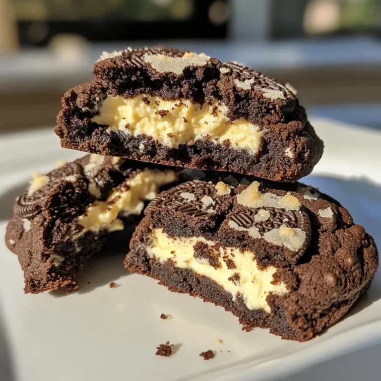 - 1 cup unsalted butter, softened to room temperature - 1 cup brown sugar, packed tightly - 1/2 cup granulated sugar - 1 large egg - 1 teaspoon vanilla extract - 2 1/2 cups all-purpose flour - 1 teaspoon baking soda - 1 teaspoon salt - 1 cup semi-sweet chocolate chips - 1 cup crushed Oreo cookies (about 10 cookies) - 8 oz cream cheese, softened to room temperature - 1/2 cup powdered sugar - 1/2 teaspoon vanilla extract - 1/2 cup crushed Oreo cookies (about 5 cookies) - Butter Temperature: Use softened butter. This helps mix the dough easily. - Chocolate Types: I prefer semi-sweet chocolate chips. They balance well with the sweetness. - Cream Cheese: Make sure it’s softened too. It blends better for a smooth filling. {{ingredient_image_2}} Start by preheating your oven to 350°F (175°C). This step is key to get the best cookies. While the oven heats, line two baking sheets with parchment paper. This helps with easy cleanup and prevents sticking. In a mixing bowl, take 8 oz of softened cream cheese. Add 1/2 cup of powdered sugar and 1/2 teaspoon of vanilla extract. Mix these well with an electric mixer until smooth and creamy. Now, gently fold in 1/2 cup of crushed Oreo cookies. Set this tasty filling aside for later. In a large mixing bowl, cream together 1 cup of softened unsalted butter, 1 cup of brown sugar, and 1/2 cup of granulated sugar. Use an electric mixer for about 2-3 minutes until it becomes light and fluffy. Next, beat in 1 large egg and 1 teaspoon of vanilla extract until fully combined. In another bowl, whisk together 2 1/2 cups of all-purpose flour, 1 teaspoon of baking soda, and 1 teaspoon of salt. Gradually mix this dry blend into the wet ingredients. Be careful not to overmix. Fold in 1 cup of semi-sweet chocolate chips and 1 cup of crushed Oreo cookies. Now, take about a tablespoon-sized portion of cookie dough. Flatten it in your palm and place about one teaspoon of the cheesecake filling in the center. Fold the dough edges over the filling and seal it carefully to form a ball. Arrange the stuffed cookie dough balls on the lined baking sheets, leaving about 2 inches between them. Bake your cookies in the preheated oven for 10-12 minutes. Look for lightly golden edges and just set centers. Once baked, let them cool on the sheets for about 5 minutes. After that, transfer them to a wire rack to cool completely. To get the best cookie texture, use room temperature butter. This helps the butter mix well with sugars. Cream it until fluffy, about 2-3 minutes. For a chewy cookie, do not bake too long. The edges should be golden, while the center looks slightly soft. Overmixing can make cookies tough. After adding flour, mix just until combined. It’s okay if some flour shows. When you fold in chocolate chips and Oreos, use a gentle hand. This helps keep the dough light and fluffy. You can add more fun flavors to your cookies. Consider mixing in: - Chopped nuts for crunch - Different types of chocolate chips - Sprinkles for color These add-ins can make your cookies unique and exciting! Pro Tips Chill the Dough: For best results, chill the cookie dough for at least 30 minutes before baking. This helps prevent spreading and ensures a thicker cookie. Use Room Temperature Ingredients: Ensure your butter and cream cheese are at room temperature for easier mixing and a smoother cheesecake filling. Don’t Overbake: Keep an eye on the cookies as they bake; they should be slightly undercooked in the center for a chewy texture. They will continue to firm up as they cool. Experiment with Fillings: Feel free to customize the cheesecake filling by adding flavors like lemon zest or chocolate chips for extra flair! {{image_4}} You can change the cheesecake filling to suit your taste. Try adding flavors like lemon, strawberry, or pumpkin. Just mix your choice of flavored yogurt or puree into the cream cheese. This gives a fun twist to your Oreo cheesecake stuffed cookies. You can also use different types of cheese, like ricotta or mascarpone, for a creamier filling. Get creative with your cookie mix-ins! Instead of just Oreos, try adding crushed candy bars, nuts, or even pretzels. You can also use white or dark chocolate chips for a different flavor. Each time, you create a new cookie experience. This makes your baking fun and exciting, and your cookies will always taste fresh. Making these cookies vegan or gluten-free is easy. For vegan cookies, swap the butter with coconut oil or vegan butter. Use a flax egg instead of a regular egg. For gluten-free, choose almond or coconut flour. Just make sure to adjust the amounts. These simple swaps let everyone enjoy these tasty treats. To keep your Oreo cheesecake stuffed cookies fresh, store them in an airtight container. Place parchment paper between layers to prevent sticking. They can stay fresh for about 3 to 5 days at room temperature. If you want to keep them longer, consider refrigerating them. They will last about a week in the fridge. Freezing these cookies is easy. Let them cool completely before you freeze them. Then, wrap each cookie in plastic wrap or foil. Place the wrapped cookies in a freezer-safe bag or container. They can last up to 3 months in the freezer. When you're ready to enjoy, simply thaw them at room temperature. To bring back the softness of your cookies, reheat them gently. Preheat your oven to 350°F (175°C). Place the cookies on a baking sheet and heat for about 5-7 minutes. You can also use the microwave. Heat each cookie for about 10-15 seconds. This warms them up and makes them soft again. Enjoy every gooey bite! Yes, you can make the cheesecake filling ahead. Just mix cream cheese, powdered sugar, and vanilla. Store it in the fridge for up to 3 days. If you make it early, let it sit at room temperature for a bit before using. These cookies last about a week at room temperature. Keep them in an airtight container to keep them fresh. You can also freeze them for up to 3 months. Just thaw them before eating. Overmixing can make your cookies tough. Mix just until the dry ingredients blend in. The dough should be soft and a bit chunky. This way, your cookies stay chewy and delicious. Yes! You can use other cookies like chocolate chip or peanut butter. Just crush them like you do with Oreos. This adds fun flavors and textures to your cookies. Get creative and try your favorites! This blog post covers everything you need to know to make delicious cookies. We talked about the key ingredients for cookie dough and cheesecake filling. I shared step-by-step instructions so you can bake with ease. Tips help you get the best texture and flavor. Variations give you fun ways to change each recipe. Lastly, we explored storage and reheating for soft cookies. Enjoy baking these treats and get creative with your own twists!