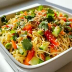 - 8 oz rice noodles - 1 cup shredded carrots - 1 bell pepper (red or yellow), thinly sliced - 1 cucumber, julienned - 1 cup edamame (shelled) - 1/4 cup green onions, finely chopped - 1/4 cup fresh cilantro, roughly chopped - 1/4 cup roasted sesame seeds - 3 tablespoons soy sauce - 2 tablespoons sesame oil - 1 tablespoon fresh ginger, grated - 1 tablespoon honey or maple syrup - 1 tablespoon rice vinegar - 1 teaspoon chili oil (optional, for a spicy kick) The key to a great Sesame Ginger Noodle Salad is fresh ingredients. Rice noodles are the base. They are light and soak up all the yummy flavors. Fresh vegetables add crunch and color. I love using carrots, bell peppers, cucumbers, and edamame. They not only look good but taste great too. Green onions and cilantro give the salad a zesty kick. For the dressing, mix soy sauce and sesame oil. This gives a rich, nutty flavor. Ginger adds warmth and spice. Honey or maple syrup brings some sweetness. Rice vinegar adds tang. If you like heat, chili oil is a fun touch. It makes the salad pop! Every ingredient plays a role in making this salad fresh and flavorful. The balance of textures and tastes is what makes it a delight. Enjoy creating this vibrant dish! To cook rice noodles properly, follow the package instructions. Usually, you will soak them in hot water for about 10 minutes. This softens them without cooking too long. Once they are soft, drain the noodles well. Rinsing them with cold water is key. This stops the cooking process and keeps the noodles from sticking together. Next, let’s prepare the fresh vegetables. In a large mixing bowl, combine the shredded carrots, thinly sliced bell pepper, julienned cucumber, shelled edamame, chopped green onions, and roughly chopped cilantro. Stir these ingredients together to mix them evenly. This mix brings a crunch and freshness to your salad. Now, it’s time to make the dressing. In a small bowl or jar, whisk together the soy sauce, sesame oil, grated ginger, honey or maple syrup, rice vinegar, and chili oil if you want some heat. Whisk until everything is smooth. This dressing enhances the flavors of your salad, making it extra tasty. Carefully add the cooled rice noodles to the bowl with the vegetables. Drizzle the dressing over the noodles and veggies. Using tongs or forks, gently toss everything together. You want to coat the noodles and veggies evenly with the dressing. For the final touch, sprinkle roasted sesame seeds on top of the salad. Give it one last gentle toss to mix in the seeds. Let the salad sit at room temperature for about 10 minutes. This resting time lets the flavors blend wonderfully before you serve it. To make the dressing just right, taste it as you mix. If you like it sweeter, add more honey or maple syrup. Want more heat? Just a little more chili oil will do. Using fresh ginger adds a bright kick. Peel it using a spoon for ease. Grate it finely for the best flavor. Fresh ginger gives a crisp taste that dried ginger can't match. Serve your salad in a big, colorful bowl. This makes it look inviting. If you want, you can also use small plates. Garnish with extra sesame seeds. They add crunch and a nice look. A few sprigs of fresh cilantro on top will brighten the dish. This salad pairs well with grilled chicken or shrimp for protein. You could also serve it with a side of spring rolls for a full meal. To make it heartier, toss in some cubed tofu or chickpeas. These add protein and make the salad more filling. Enjoy the fresh, tasty flavors! {{image_4}} You can change the noodles or vegetables in this salad. Instead of rice noodles, try soba noodles or even zucchini noodles for a low-carb option. Swap out the bell pepper for sliced radishes or snap peas for added crunch. For protein, you can add tofu, grilled chicken, or shrimp. Tofu is a great choice for a vegetarian option. If you want a heartier meal, chicken adds nice flavor and texture. You can play with the dressing to create different flavors. For a spicy kick, add more chili oil or a dash of sriracha. If you prefer a sweeter dressing, increase the honey or maple syrup. If you're looking for vegan options, replace honey with agave syrup. For a gluten-free version, use tamari instead of soy sauce. These swaps keep the salad tasty while meeting your dietary needs. To store your Sesame Ginger Noodle Salad, place it in an airtight container. This keeps it fresh and tasty. You can store the salad in the fridge for up to three days. After that, the veggies may lose their crunch. You can prepare this salad in advance for quick meals. Cook the rice noodles and chop the veggies ahead of time. Keep the dressing separate until you are ready to eat. This helps keep everything crisp and fresh. If you want to save time, you can make a big batch and enjoy it over a few days. Just remember to store it properly! Yes, you can make this salad ahead. Just follow these tips: - Cook the rice noodles and cool them completely. - Mix the fresh vegetables and store them in a separate bowl. - Prepare the dressing and keep it in a jar. - Combine everything on the day you plan to serve. This keeps the noodles and veggies crisp. If you don’t have rice noodles, try these options: - Soba noodles are a great choice. They add a nutty flavor. - Whole wheat spaghetti can work in a pinch. - Zucchini noodles are a fun, low-carb alternative. Yes, but check the labels. Use gluten-free soy sauce for the dressing. This makes the salad safe for those with gluten allergies. Use gluten-free noodles as well, like rice or quinoa noodles. To add heat, consider these options: - Mix in chili oil to the dressing. Start with a small amount. - Add sliced fresh jalapeños for a fresh kick. - Sprinkle red pepper flakes on top before serving. These adjustments will make your salad more exciting and bold! This salad combines rice noodles and fresh veggies for a tasty meal. The dressing adds zest with soy sauce, ginger, and honey. You learned how to cook noodles, mix the salad, and perfect the dressing. Try different ingredients to make it your own. Store leftovers properly for fresh meals later. Enjoy this versatile dish any time. A little meal prep can save time and stress. Happy cooking!