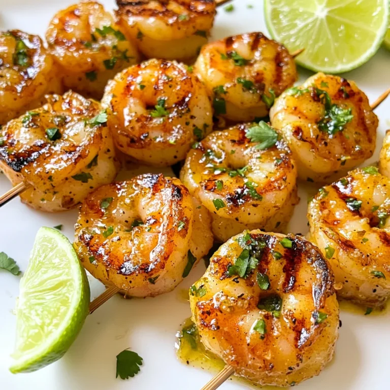 - 1 lb large shrimp, peeled and deveined - Wooden or metal skewers - 3 tablespoons extra virgin olive oil - 2 tablespoons freshly squeezed lime juice - 2 cloves garlic, minced - 1 tablespoon chili powder - 1 teaspoon ground cumin - 1 teaspoon smoked paprika - 1 teaspoon honey - Salt and freshly ground pepper to taste - Fresh cilantro, finely chopped - Lime wedges for serving For the best flavor, use fresh shrimp. The marinade brings a zesty kick that pairs well with the shrimp. Soaking wooden skewers helps prevent them from burning. You can choose metal skewers if you have them. Fresh cilantro adds color and taste on top. Lime wedges give a fresh burst when served. Enjoy these colorful skewers at your next gathering! {{ingredient_image_2}} If you use wooden skewers, soak them for 30 minutes in water. This helps prevent burning. For metal skewers, you can skip this step. Make sure to gather all your ingredients before starting. It makes the process smoother and more fun. In a mixing bowl, combine the following: - 3 tablespoons extra virgin olive oil - 2 tablespoons freshly squeezed lime juice - 2 cloves garlic, minced - 1 tablespoon chili powder - 1 teaspoon ground cumin - 1 teaspoon smoked paprika - 1 teaspoon honey - Salt and freshly ground pepper to taste Whisk these ingredients together until well blended. The marinade gives the shrimp a great taste, with zesty and smoky notes. Now, add 1 lb of peeled and deveined shrimp to the marinade. Toss gently so that each shrimp gets coated. Cover the bowl with plastic wrap. Let it chill in the fridge for 20-30 minutes. This step is key for deep flavor. While the shrimp marinates, preheat your grill to medium-high heat. A hot grill is what gives your shrimp those nice grill marks. After marinating, carefully thread the shrimp onto the skewers. Aim for 4-5 shrimp per skewer. This spacing helps them cook evenly. Place the skewers on the grill. Cook each side for about 2-3 minutes. You want them to turn pink and opaque. Watch closely to avoid overcooking. Once done, take the skewers off the grill. Arrange them on a platter. For a pop of color, sprinkle chopped cilantro on top. Serve with lime wedges for an extra citrusy kick. You can also place them on a bed of mixed greens or with grilled veggies for added flair. Enjoy your tasty chili lime shrimp skewers! Grilling shrimp is fun and easy. Here are some tips to help you: - Use a hot grill: Preheat your grill to medium-high heat. This gives shrimp nice grill marks. - Don’t overcrowd the skewers: Place 4-5 shrimp per skewer. This helps them cook evenly. - Watch the time: Grill each side for 2-3 minutes. Shrimp cook fast, so keep an eye on them. - Use tongs: They help flip the skewers easily without losing shrimp. When buying shrimp, look for these points: - Freshness: Choose shrimp that smell like the sea. Avoid any with a strong fishy odor. - Size: Large shrimp work best for skewers. Look for 16-20 count per pound. - Shell condition: The shell should be shiny and moist. Avoid any that look dry or dull. - Sustainability: Check if the shrimp are wild-caught or farmed sustainably. If you can’t grill, here are two great ways to cook shrimp: - Oven baking: Preheat your oven to 400°F. Place the skewers on a baking sheet and bake for about 6-8 minutes. - Broiling: Set your broiler to high. Place the skewers on an oven-safe dish and broil for 2-3 minutes per side. Both methods give you delicious, juicy shrimp with a slightly different texture. Pro Tips Marinate Longer for More Flavor: If you have time, marinate the shrimp for 1-2 hours. This allows the flavors to penetrate deeper, resulting in an even tastier dish. Use Fresh Shrimp: Whenever possible, opt for fresh shrimp instead of frozen for the best texture and flavor. If using frozen, ensure they are fully thawed before marinating. Experiment with Other Spices: Feel free to customize the spice blend to your liking. Adding cayenne pepper for heat or oregano for an herby touch can elevate the dish! Keep an Eye on Cooking Time: Shrimp cook quickly, so watch them closely. Overcooked shrimp become tough and rubbery, so remove them from the grill as soon as they turn pink and opaque. {{image_4}} To turn up the heat, add more chili powder. You can also include crushed red pepper flakes. If you love heat, try using fresh jalapeños. Slice them thin and add to the marinade. This will give your shrimp a nice kick. If you're feeling bold, consider using habanero or serrano peppers. Just remember, a little goes a long way! You can make your skewers more colorful and healthy by adding veggies. Bell peppers, zucchini, and cherry tomatoes work well. Cut them into bite-sized pieces. Alternate shrimp and veggies on the skewers for a fun look. Not only do they add flavor, but they also add great texture. Plus, they grill beautifully alongside the shrimp! Different sauces can enhance your shrimp skewers. Try a creamy avocado sauce for a cool contrast. A tangy mango salsa adds a sweet twist. You can also serve them with spicy aioli for an extra kick. Each sauce brings its own flavor, making your meal more exciting. Don’t be afraid to mix and match! After cooking, let the Chili Lime Shrimp Skewers cool down. Place any leftovers in an airtight container. You can store them in the fridge for up to three days. Make sure to keep the skewers together to maintain their flavor. If you separate the shrimp from the skewers, they will stay fresh longer. To reheat the shrimp, use a skillet over medium heat. This keeps them juicy and warm. Heat for about 3-4 minutes or until they are hot. You can also use a microwave. If you choose this method, cover the shrimp with a damp paper towel. This helps prevent drying out. For longer storage, you can freeze the shrimp. Place them in a single layer on a baking sheet first. Once frozen, transfer them to a freezer bag. They will stay good for about three months. To use them, thaw in the fridge overnight before reheating. You should marinate the shrimp for 20 to 30 minutes. This time lets the shrimp soak up all the flavors. If you marinate too long, the acid from the lime juice can make the shrimp tough. Yes, you can use frozen shrimp. Just make sure to thaw them first. Place them in the fridge overnight or run them under cold water. Pat them dry before marinating to keep the flavors strong. A gas or charcoal grill works great for shrimp skewers. Both types give shrimp a nice char and smoky flavor. A grill pan on the stove is fine too if you don't have an outdoor grill. Absolutely! You can make the marinade a day ahead. Just store it in the fridge until you're ready. This saves time and lets the flavors blend even more. Chili lime shrimp skewers are easy to make and packed with flavor. We covered key ingredients, marinade tips, grilling steps, and how to serve. Remember to marinate the shrimp well for the best taste. Enjoy experimenting with veggie additions and spicy variations. Store leftovers properly to keep them fresh. This dish fits any occasion, whether you're grilling or using the oven. With these tips, you can create a fantastic meal that impresses. Dive into the joy of grilling and savor every bite!