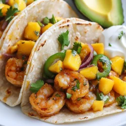 To make these tasty tacos, gather these key ingredients: - 1 pound large shrimp, peeled and deveined - 8 small corn tortillas - 1 ripe mango, finely diced - 1/4 red onion, finely chopped - 1 jalapeño pepper, deseeded and minced - 1/4 cup fresh cilantro, chopped - Juice of 1 fresh lime - Ripe avocado, sliced for topping These fresh items bring bright flavors and a colorful look to your meal. For the shrimp, you'll need these simple seasonings: - 1 tablespoon extra virgin olive oil - 1 teaspoon chili powder - 1 teaspoon ground cumin - 1/2 teaspoon smoked paprika - Sea salt and freshly cracked black pepper, to taste These spices add depth and warmth to the shrimp. The olive oil helps the spices stick and keeps the shrimp juicy. You can add extra flavors with these optional toppings: - Creamy sour cream or Greek yogurt for serving These toppings give your tacos a creamy contrast. They also cool the heat from the jalapeño if you want a milder bite. Feel free to serve these tacos with lime wedges on the side. They add a zesty kick to every bite. {{ingredient_image_2}} Start by marinating the shrimp. In a medium bowl, mix the shrimp with olive oil, chili powder, ground cumin, smoked paprika, sea salt, and black pepper. Use your hands to coat the shrimp well with the spices. This step adds flavor and keeps the shrimp tender. Next, heat a large skillet over medium-high heat. Once hot, add the shrimp in a single layer. Cook for about two to three minutes on each side. Look for the shrimp to turn bright pink and opaque. Once cooked, remove the skillet from the heat. While the shrimp cook, prepare the spicy mango salsa. In another bowl, combine diced mango, chopped red onion, minced jalapeño, chopped cilantro, and lime juice. Stir well to mix the ingredients. Let the salsa sit for a few minutes, so the flavors blend nicely. To warm the corn tortillas, place them in a dry skillet over medium heat. Heat each tortilla for about 30 seconds on each side. They should be warm and easy to fold. This step helps to enhance their flavor. Now it's time to assemble the tacos. Take a warm tortilla and lay it flat on a plate. Add a generous portion of the cooked shrimp on top. Then, spoon on a hearty amount of the fresh mango salsa. For extra creaminess, add a slice of avocado on each taco. To make your tacos look amazing, stack them neatly on a colorful platter. Garnish with extra cilantro leaves for a bright touch. Serve lime wedges on the side for an extra splash of freshness. This presentation makes the dish pop and invites everyone to dig in! To cook shrimp just right, heat your skillet until it's hot. Add the shrimp in a single layer. Cook for about 2-3 minutes on each side. The shrimp should turn bright pink and opaque when done. This quick cooking keeps them tender and juicy. Yes, you can marinate shrimp ahead of time. Combine the shrimp with olive oil and spices. Let them sit for 15-30 minutes. This allows the flavors to soak in. You can prepare the shrimp a few hours before cooking, but avoid marinating them overnight. This keeps them fresh and tasty. When serving your tacos, stack them neatly on a colorful platter. Add lime wedges for a zesty kick. You can also top them with extra cilantro. For a rich touch, add creamy avocado slices. If desired, serve with sour cream or Greek yogurt for a cool contrast. Enjoy! Pro Tips Perfect Shrimp Cooking Time: Keep a close eye on the shrimp while cooking; they only need about 2-3 minutes per side. Overcooking can make them rubbery. Fresh Ingredients for Salsa: Use ripe, fresh mango and fresh cilantro for the best flavor in your salsa. This will elevate the taste of your tacos. Customize the Heat: Adjust the amount of jalapeño in the salsa according to your heat preference. You can also add more spices to the shrimp for an extra kick. Warm Tortillas Properly: Make sure the tortillas are warm and pliable before assembling the tacos. This prevents them from cracking and enhances the overall texture. {{image_4}} You can swap shrimp for chicken or fish. Chicken thighs work well and stay juicy. Fish like tilapia or cod also suit the tacos. If you want a vegetarian option, try black beans or grilled veggies. These choices add new flavors and textures. The key is to season them well to match the spice of the shrimp. You can change the mango salsa to suit your taste. Try adding diced pineapple for a sweet twist. For a spicier kick, add more jalapeño or even serrano peppers. You can also mix in diced bell peppers or cucumber for crunch. If you want a zing, add a splash of orange juice. Each variation keeps it fresh and fun. For gluten-free tortillas, look for corn tortillas. They are naturally gluten-free and work great. You can also find many brands of gluten-free flour tortillas. Just check the label to ensure they are safe. These options let everyone enjoy the tacos without worries about gluten. Store leftover tacos in an airtight container. Keep the shrimp and salsa separate from the tortillas. This helps keep everything fresh. Place the shrimp and salsa in the fridge. They will stay good for up to two days. Wrap the tortillas in foil or plastic wrap. They can last about one day in the fridge. You can freeze the shrimp and salsa too. Place the shrimp in a freezer-safe bag. Remove as much air as possible. Label the bag with the date. The shrimp can freeze for up to three months. For the salsa, use a separate container. It can also freeze for about three months. Just remember to leave some space in the container. The salsa may expand when frozen. To reheat shrimp, place them in a skillet. Heat over medium heat for about five minutes. Stir often until they are warm. For salsa, let it thaw in the fridge overnight. You can warm it gently in a pan if you prefer it warm. Warm tortillas can be made in a dry skillet. Heat them for about 30 seconds on each side. This keeps them soft and tasty. Enjoy your tacos fresh again! The best way to cook shrimp is in a hot skillet. First, marinate the shrimp in olive oil and spices. Then, heat your skillet over medium-high heat. Add the shrimp in a single layer. Cook for 2-3 minutes on each side. Look for bright pink and opaque shrimp when done. This method gives you juicy shrimp full of flavor. Yes, you can use frozen shrimp. Just make sure to thaw them first. Place the shrimp in cold water for about 15 minutes. After thawing, pat them dry before marinating. Frozen shrimp can taste great, too, if cooked right. The key is to ensure they are not overcooked. You can use many fruits in salsa. Pineapple adds sweetness and a tropical twist. Peaches bring a juicy, fresh flavor. Mango is sweet, but berries like strawberries work well too. Each fruit gives a unique taste. Mix and match to find your favorite blend. To make the tacos spicier, add more jalapeño to the salsa. You can also try some hot sauce. Another option is to use spicy chili powder in the marinade. If you like heat, feel free to experiment with different peppers. Adjust the spice level to your taste! In this blog post, we explored how to make spicy mango salsa shrimp tacos. We covered the main ingredients, step-by-step cooking instructions, and tips for perfect shrimp. You learned about fun variations, how to store leftovers, and answers to common questions. Making these tacos is easy and fun. You'll impress your friends and family with fresh flavors. Try different toppings and enjoy all the tasty options. Happy cooking!