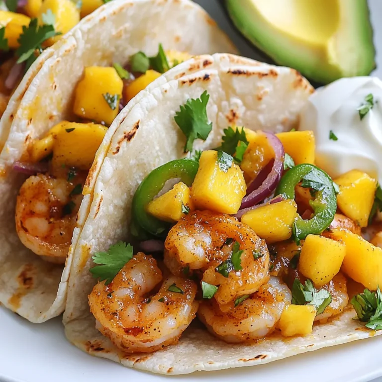 To make these tasty tacos, gather these key ingredients: - 1 pound large shrimp, peeled and deveined - 8 small corn tortillas - 1 ripe mango, finely diced - 1/4 red onion, finely chopped - 1 jalapeño pepper, deseeded and minced - 1/4 cup fresh cilantro, chopped - Juice of 1 fresh lime - Ripe avocado, sliced for topping These fresh items bring bright flavors and a colorful look to your meal. For the shrimp, you'll need these simple seasonings: - 1 tablespoon extra virgin olive oil - 1 teaspoon chili powder - 1 teaspoon ground cumin - 1/2 teaspoon smoked paprika - Sea salt and freshly cracked black pepper, to taste These spices add depth and warmth to the shrimp. The olive oil helps the spices stick and keeps the shrimp juicy. You can add extra flavors with these optional toppings: - Creamy sour cream or Greek yogurt for serving These toppings give your tacos a creamy contrast. They also cool the heat from the jalapeño if you want a milder bite. Feel free to serve these tacos with lime wedges on the side. They add a zesty kick to every bite. {{ingredient_image_2}} Start by marinating the shrimp. In a medium bowl, mix the shrimp with olive oil, chili powder, ground cumin, smoked paprika, sea salt, and black pepper. Use your hands to coat the shrimp well with the spices. This step adds flavor and keeps the shrimp tender. Next, heat a large skillet over medium-high heat. Once hot, add the shrimp in a single layer. Cook for about two to three minutes on each side. Look for the shrimp to turn bright pink and opaque. Once cooked, remove the skillet from the heat. While the shrimp cook, prepare the spicy mango salsa. In another bowl, combine diced mango, chopped red onion, minced jalapeño, chopped cilantro, and lime juice. Stir well to mix the ingredients. Let the salsa sit for a few minutes, so the flavors blend nicely. To warm the corn tortillas, place them in a dry skillet over medium heat. Heat each tortilla for about 30 seconds on each side. They should be warm and easy to fold. This step helps to enhance their flavor. Now it's time to assemble the tacos. Take a warm tortilla and lay it flat on a plate. Add a generous portion of the cooked shrimp on top. Then, spoon on a hearty amount of the fresh mango salsa. For extra creaminess, add a slice of avocado on each taco. To make your tacos look amazing, stack them neatly on a colorful platter. Garnish with extra cilantro leaves for a bright touch. Serve lime wedges on the side for an extra splash of freshness. This presentation makes the dish pop and invites everyone to dig in! To cook shrimp just right, heat your skillet until it's hot. Add the shrimp in a single layer. Cook for about 2-3 minutes on each side. The shrimp should turn bright pink and opaque when done. This quick cooking keeps them tender and juicy. Yes, you can marinate shrimp ahead of time. Combine the shrimp with olive oil and spices. Let them sit for 15-30 minutes. This allows the flavors to soak in. You can prepare the shrimp a few hours before cooking, but avoid marinating them overnight. This keeps them fresh and tasty. When serving your tacos, stack them neatly on a colorful platter. Add lime wedges for a zesty kick. You can also top them with extra cilantro. For a rich touch, add creamy avocado slices. If desired, serve with sour cream or Greek yogurt for a cool contrast. Enjoy! Pro Tips Perfect Shrimp Cooking Time: Keep a close eye on the shrimp while cooking; they only need about 2-3 minutes per side. Overcooking can make them rubbery. Fresh Ingredients for Salsa: Use ripe, fresh mango and fresh cilantro for the best flavor in your salsa. This will elevate the taste of your tacos. Customize the Heat: Adjust the amount of jalapeño in the salsa according to your heat preference. You can also add more spices to the shrimp for an extra kick. Warm Tortillas Properly: Make sure the tortillas are warm and pliable before assembling the tacos. This prevents them from cracking and enhances the overall texture. {{image_4}} You can swap shrimp for chicken or fish. Chicken thighs work well and stay juicy. Fish like tilapia or cod also suit the tacos. If you want a vegetarian option, try black beans or grilled veggies. These choices add new flavors and textures. The key is to season them well to match the spice of the shrimp. You can change the mango salsa to suit your taste. Try adding diced pineapple for a sweet twist. For a spicier kick, add more jalapeño or even serrano peppers. You can also mix in diced bell peppers or cucumber for crunch. If you want a zing, add a splash of orange juice. Each variation keeps it fresh and fun. For gluten-free tortillas, look for corn tortillas. They are naturally gluten-free and work great. You can also find many brands of gluten-free flour tortillas. Just check the label to ensure they are safe. These options let everyone enjoy the tacos without worries about gluten. Store leftover tacos in an airtight container. Keep the shrimp and salsa separate from the tortillas. This helps keep everything fresh. Place the shrimp and salsa in the fridge. They will stay good for up to two days. Wrap the tortillas in foil or plastic wrap. They can last about one day in the fridge. You can freeze the shrimp and salsa too. Place the shrimp in a freezer-safe bag. Remove as much air as possible. Label the bag with the date. The shrimp can freeze for up to three months. For the salsa, use a separate container. It can also freeze for about three months. Just remember to leave some space in the container. The salsa may expand when frozen. To reheat shrimp, place them in a skillet. Heat over medium heat for about five minutes. Stir often until they are warm. For salsa, let it thaw in the fridge overnight. You can warm it gently in a pan if you prefer it warm. Warm tortillas can be made in a dry skillet. Heat them for about 30 seconds on each side. This keeps them soft and tasty. Enjoy your tacos fresh again! The best way to cook shrimp is in a hot skillet. First, marinate the shrimp in olive oil and spices. Then, heat your skillet over medium-high heat. Add the shrimp in a single layer. Cook for 2-3 minutes on each side. Look for bright pink and opaque shrimp when done. This method gives you juicy shrimp full of flavor. Yes, you can use frozen shrimp. Just make sure to thaw them first. Place the shrimp in cold water for about 15 minutes. After thawing, pat them dry before marinating. Frozen shrimp can taste great, too, if cooked right. The key is to ensure they are not overcooked. You can use many fruits in salsa. Pineapple adds sweetness and a tropical twist. Peaches bring a juicy, fresh flavor. Mango is sweet, but berries like strawberries work well too. Each fruit gives a unique taste. Mix and match to find your favorite blend. To make the tacos spicier, add more jalapeño to the salsa. You can also try some hot sauce. Another option is to use spicy chili powder in the marinade. If you like heat, feel free to experiment with different peppers. Adjust the spice level to your taste! In this blog post, we explored how to make spicy mango salsa shrimp tacos. We covered the main ingredients, step-by-step cooking instructions, and tips for perfect shrimp. You learned about fun variations, how to store leftovers, and answers to common questions. Making these tacos is easy and fun. You'll impress your friends and family with fresh flavors. Try different toppings and enjoy all the tasty options. Happy cooking!