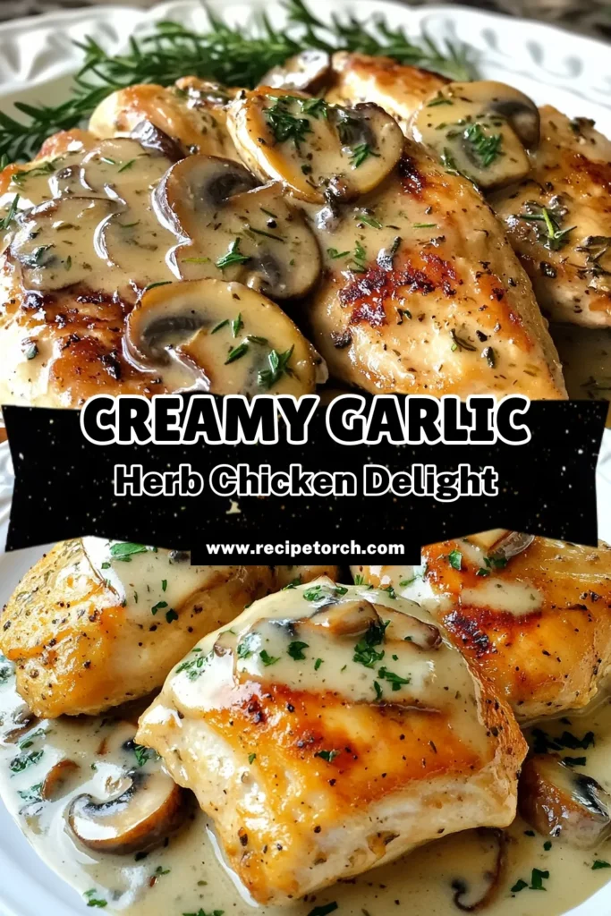 Discover the ultimate garlic herb chicken recipe with this creamy Garlic Herb Mushroom Chicken! Perfect for easy chicken dinners, this dish features tender chicken breasts, sautéed mushrooms, and aromatic herbs like thyme and rosemary. In just 30 minutes, you'll have a flavorful main course ideal for busy weeknights. Save this recipe for your next dinner! #GarlicHerbChicken #CreamyGarlicChicken #MushroomChickenDishes #EasyChickenDinner