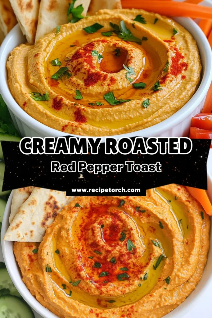 Discover the ultimate roasted red pepper hummus recipe that’s perfect for any gathering! This easy hummus with tahini blends creamy chickpeas and vibrant roasted red peppers for a delightful homemade roasted red pepper dip. It's a healthy chickpea spread that’s perfect for dipping with fresh veggies or pita. Ready in just 10 minutes, it's a must-try! Save this recipe for your next snack! #HummusRecipe #HealthySnack #DipRecipes #ChickpeaSpread