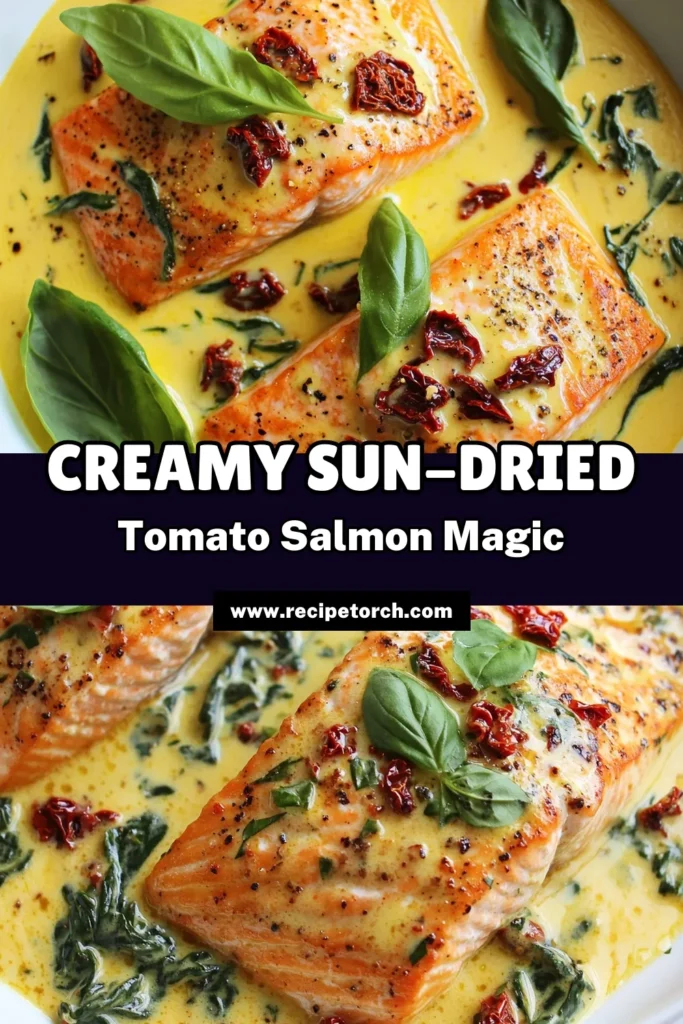 Indulge in this creamy salmon recipe with a twist! This easy salmon recipe features tender salmon fillets topped with a luscious sun-dried tomato sauce, making it a standout among sun-dried tomato dishes. Perfect for a quick dinner, this Italian salmon with cream dish is sure to impress. Try this spinach and salmon recipe for a nutritious meal that your family will love. Save this delicious recipe for later! #CreamySalmon #EasySalmonRecipe #SunDriedTomato #ItalianCuisine