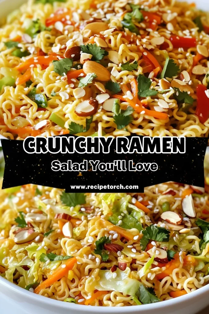 Discover the deliciousness of Crunchy Ramen Noodle Salad, a refreshing and healthy Instant Ramen Salad Recipe perfect for any occasion. This Cold Ramen Noodle Salad combines crisp veggies like cabbage, carrots, and bell pepper with a tangy dressing, making it an irresistible Asian Cabbage Salad. Enjoy this Healthy Ramen Salad chilled for the ultimate flavor experience. Try it today and impress your guests! #RamenSalad #HealthyRecipes #ColdSalad #AsianCuisine