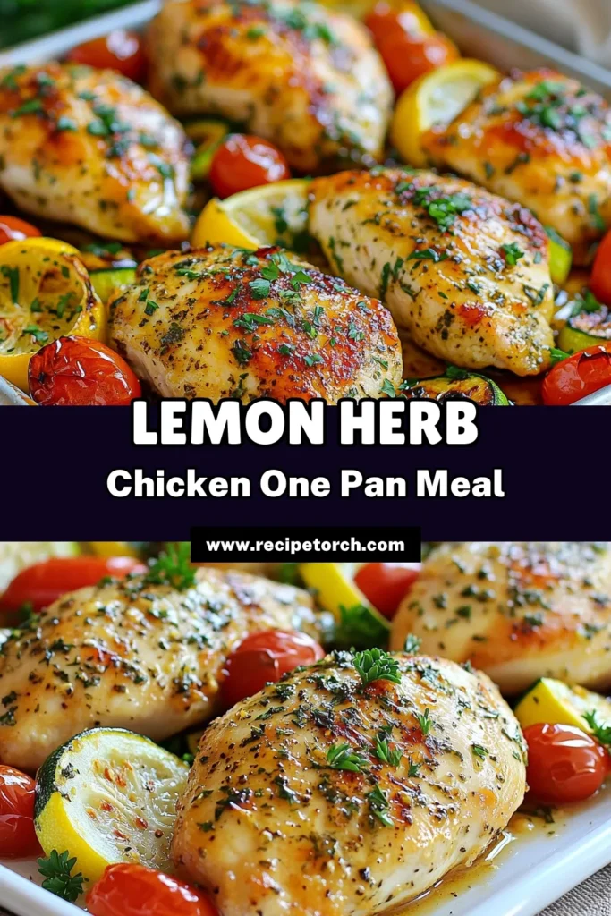 Looking for a delicious and healthy sheet pan meal? Try this Lemon Herb Chicken recipe! This easy chicken dinner recipe features juicy chicken breasts paired with roasted vegetables like zucchini, red bell pepper, and cherry tomatoes. Perfect for busy weeknights, this sheet pan chicken dinner is packed with flavor and nutrition. Give it a go and impress your family! Save this recipe for later! #LemonHerbChicken #SheetPanDinner #EasyDinnerRecipe #HealthyMeals