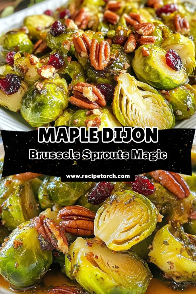 Discover the deliciousness of Maple Dijon Brussels sprouts with this easy roasted Brussels sprouts recipe. Tossed with sweet maple syrup and tangy Dijon mustard, these Brussels sprouts with pecans and cranberries make for an irresistible side dish or a healthy Brussels sprouts salad. Perfect for any meal, this recipe is sure to impress! Try it today and elevate your dining experience. Save this recipe! #MapleDijonBrusselsSprouts #RoastedBrusselsSprouts #HealthyRecipes #SideDishIdeas
