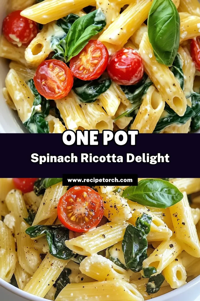 Get ready for a delightful dinner with this one pot spinach ricotta pasta! This easy spinach pasta recipe combines creamy ricotta with fresh spinach and bursts of cherry tomatoes, making it the perfect quick vegetarian pasta dish. Ready in just 25 minutes, it's ideal for busy nights. Enjoy a hassle-free meal that packs flavor and nutrition! Try it tonight and save for later! #OnePotMeals #SpinachRicottaPasta #QuickRecipes #VegetarianDinner