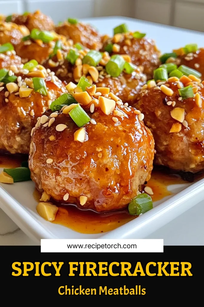 Spice up your appetizer game with these delicious Firecracker Chicken Meatballs! This easy spicy chicken meatballs recipe features ground chicken blended with fresh herbs and a kick of sriracha for unforgettable flavor. Baked to perfection, these Asian meatballs with sriracha are perfect for any gathering. Make them your go-to easy chicken meatball appetizer and impress your guests! Try the recipe today! #FirecrackerChickenMeatballs #SpicyChickenMeatballs #BakedChickenMeatballs #AsianMeatballs