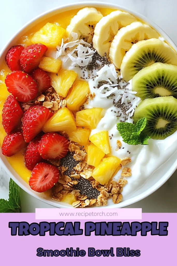 Discover the ultimate tropical smoothie bowl with this refreshing pineapple smoothie recipe! Perfect for healthy breakfast ideas, this dairy-free smoothie bowl combines frozen pineapple and coconut milk for a creamy treat. Top it with fresh fruits, granola, and chia seeds for added nutrition and flavor. Enjoy it as a nourishing start to your day. Don't miss out—save this healthy tropical breakfast idea now! #SmoothieBowl #HealthyEating #TropicalVibes #DairyFreeRecipes