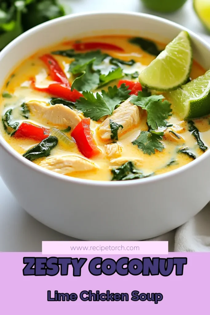 Discover the deliciousness of Coconut Lime Chicken Soup, a Thai-inspired delight that combines the creaminess of coconut milk with zesty lime. This easy lime chicken soup is perfect for any meal, featuring tender chicken, fresh veggies, and a burst of flavor. Try this Coconut Milk Chicken Soup recipe today for a healthy chicken soup option your family will love. Click to save and enjoy! #CoconutLimeChickenSoup #HealthyChickenSoupRecipes #EasyLimeChickenSoup #ThaiInspiredSoup