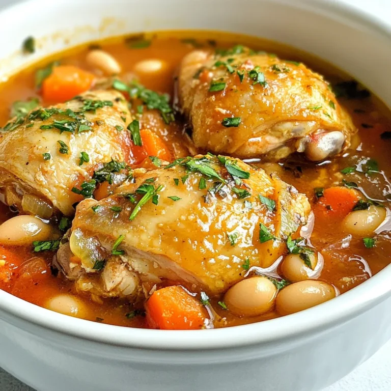 - 4 boneless, skinless chicken thighs, cut into bite-sized pieces - 2 cups cooked white beans (cannellini or great northern), drained and rinsed - 1 medium onion, finely diced - 3 cloves garlic, minced - 2 medium carrots, peeled and diced - 2 celery stalks, diced - 1 can (14 oz) diced tomatoes, with their juices - 4 cups low-sodium chicken broth - 2 teaspoons dried rosemary - 2 teaspoons dried thyme - 1 teaspoon smoked paprika - 2 tablespoons extra virgin olive oil - Salt and freshly ground black pepper to taste - Fresh parsley, chopped (for garnish) Gathering the right ingredients is key to a great stew. I love using boneless, skinless chicken thighs. They stay juicy and tender during cooking. White beans add a creamy texture and a nice flavor. I prefer cannellini or great northern beans for this recipe. Next, I use fresh vegetables: onion, garlic, carrots, and celery. These bring depth and sweetness. Diced tomatoes give a lovely color and tang. Low-sodium chicken broth adds richness without too much salt. For seasoning, I use dried rosemary, thyme, and smoked paprika. These herbs make every bite taste like Tuscany. Don't forget salt and pepper to enhance the flavors. Lastly, I like to sprinkle fresh parsley on top for a pop of color and freshness. With these ingredients, you can create a comforting and tasty meal that warms the soul. {{ingredient_image_2}} 1. Start by heating 2 tablespoons of extra virgin olive oil in a large pot over medium heat. 2. Once the oil is hot, add 1 medium diced onion. Sauté the onion for 3-4 minutes until it turns soft and clear. This step builds a tasty base for the stew. 3. Next, stir in 3 minced garlic cloves, 2 diced carrots, and 2 diced celery stalks. Cook these veggies for about 5 minutes. They should become soft and brighten in color. 4. Now it's time to add 4 boneless, skinless chicken thighs cut into bite-sized pieces. Season these with salt, black pepper, 2 teaspoons of dried rosemary, 2 teaspoons of dried thyme, and 1 teaspoon of smoked paprika. Brown the chicken for 5-7 minutes. Stir often for even cooking. 1. After browning the chicken, pour in a 14-ounce can of diced tomatoes with their juices. Follow this with 4 cups of low-sodium chicken broth. Stir to mix everything well. 2. Bring the stew to a gentle simmer. Once it simmers, add 2 cups of cooked white beans, drained and rinsed. Gently stir them in, letting them warm through for about 20-25 minutes. This will allow the flavors to blend nicely. 1. After simmering, taste the stew. Adjust seasoning with more salt or pepper if needed. 2. For a thicker stew, take a spoon and gently mash some of the white beans against the pot's side. This will help thicken the broth. 3. Ladle the stew into bowls. Finish each serving with a sprinkle of fresh chopped parsley for a touch of color and freshness. Enjoy your warm and hearty meal! To boost the flavor of your Tuscan White Bean Chicken Stew, try adjusting the seasonings. Add more smoked paprika for a smoky kick or a pinch of red pepper flakes for heat. Herbs like fresh thyme or rosemary can also brighten the dish. Simmering time is key. A longer simmer helps the flavors blend well. Aim for at least 20-25 minutes. This way, the chicken gets tender and absorbs the herbs' taste. For the best sautéing, use medium heat. This gives you a nice golden color on the chicken and veggies. Avoid high heat, which may burn your ingredients. When choosing a pot, go for a heavy-bottomed Dutch oven. This type of pot distributes heat evenly, preventing hot spots. It also retains heat well, perfect for simmering the stew. Pair your stew with crusty artisan bread. It soaks up the broth beautifully and adds a nice texture. A simple side of mixed greens or a light salad can balance the meal's richness. For garnishing, sprinkle freshly chopped parsley on top. It adds a pop of color and freshness. You can also add a drizzle of olive oil for extra flavor. Pro Tips Use Fresh Herbs: Fresh rosemary and thyme can elevate the flavor profile significantly. Add them toward the end of cooking for a burst of freshness. Customize Your Beans: If you have leftover beans from another dish, feel free to use them in this stew. Different beans will add unique textures and flavors. Thicken the Stew: For a creamier consistency, you can blend a portion of the stew and stir it back in. This will give it a heartier texture. Make It Ahead: This stew tastes even better the next day! Make it ahead of time and store it in the refrigerator to let the flavors meld. {{image_4}} You can change the meat in this stew. Try turkey or pork for a twist. If you want more protein, use chickpeas or lentils. These options bring their own flavor and texture. You can also swap the beans. Use navy beans or black beans if you prefer. Each type has a distinct taste and adds a unique touch to the stew. Adding greens can boost the stew's nutrition. Spinach or kale work well. Just stir them in during the last few minutes of cooking. They wilt quickly and add a lovely color. You can also play with spices. Try adding cumin for warmth or red pepper flakes for heat. Experimenting with spices can create new flavor profiles that excite your taste buds. To make the stew gluten-free, ensure you use gluten-free broth. Most broths are safe, but it’s best to check labels. If you're going dairy-free, this recipe is already perfect. It contains no dairy. For vegetarian or vegan options, omit the chicken and use vegetable broth instead. You can add more beans or tofu for extra protein. This way, everyone can enjoy a warm bowl of comfort. - Use an airtight container to keep your stew fresh. - Glass or plastic containers work well. - Let the stew cool before sealing. - Store in the fridge for up to 4 days. - To freeze the stew, let it cool completely. - Pour it into freezer-safe bags or containers. - Leave some space for the stew to expand. - Label the bags with the date for easy tracking. To thaw the stew, place it in the fridge overnight. For reheating, warm it on the stove or in the microwave. Stir well and enjoy! How long does Tuscan White Bean Chicken Stew last in the fridge? Tuscan White Bean Chicken Stew lasts about 3 to 4 days in the fridge. Store it in an airtight container. Keep it cool to maintain its flavor and safety. Can I use canned beans instead of dried? Yes, you can use canned beans. They save time and are ready to use. Just rinse and drain them before adding to the stew. This makes cooking easier and faster. What to do if the stew is too salty? If your stew is too salty, add a peeled potato. Let it cook for a while, then remove it. The potato absorbs extra salt. You can also add more broth or water to balance the flavor. Fixing a runny stew If your stew is too runny, mash some white beans against the pot's side. This thickens the stew and adds creaminess. You can also simmer it longer to evaporate some liquid. How to make the stew more flavorful To boost flavor, add more herbs like thyme or rosemary. You can also stir in a splash of lemon juice or balsamic vinegar. These ingredients brighten the dish and elevate the taste. Caloric content per serving Each serving contains about 320 calories. This hearty meal fills you up without weighing you down. Breakdown of key nutrients and benefits - Protein: Chicken and beans provide lean protein for muscle health. - Fiber: White beans offer fiber for good digestion. - Vitamins: Carrots and celery add vitamins A and C. - Healthy Fats: Olive oil gives healthy fats good for the heart. This stew is not only tasty but also packed with nutrients for a balanced meal. This article shared a simple and tasty recipe for Tuscan White Bean Chicken Stew. You learned about the key ingredients and step-by-step cooking methods. We also covered tips for enhancing flavor, ingredient swaps, and storage advice. Remember, cooking is about creativity and personal taste. Don't hesitate to make it your own! Enjoy this hearty dish with your favorite bread or sides. Happy cooking!