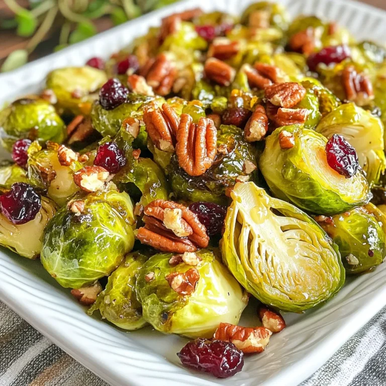 - 1 lb Brussels sprouts, trimmed and halved - 3 tablespoons extra virgin olive oil - 2 tablespoons pure maple syrup - 1 tablespoon smooth Dijon mustard - 1 teaspoon garlic powder - 1 teaspoon sea salt - ½ teaspoon freshly ground black pepper - ¼ cup pecans, roughly chopped - ¼ cup dried cranberries To make Maple Dijon Brussels Sprouts, you start with fresh Brussels sprouts. These little green gems are packed with flavor and nutrients. Trim and halve them so they roast evenly. Next, you will need high-quality extra virgin olive oil. This oil brings richness and helps the sprouts crisp up. Pure maple syrup adds sweetness that balances the mustard's tang. I always choose real maple syrup for the best flavor. Smooth Dijon mustard is key for that zing. It gives a sharp taste that pairs nicely with the sweet maple syrup. For seasoning, garlic powder is a must. It adds depth without overpowering the dish. Sea salt enhances all the flavors, while black pepper provides a warm kick. To finish this dish, I love adding pecans and dried cranberries. The pecans give a nice crunch, while the cranberries add a burst of sweetness. This combination makes the dish colorful and fun to eat. Gather these ingredients, and you're ready to create a delicious side that everyone will love! {{ingredient_image_2}} 1. Preheat your oven to 400°F (200°C). This helps the Brussels sprouts roast evenly. 2. In a large mixing bowl, combine the extra virgin olive oil, pure maple syrup, smooth Dijon mustard, garlic powder, sea salt, and freshly ground black pepper. Whisk these ingredients together until they blend well and are smooth. 1. Carefully add the halved Brussels sprouts to the bowl. Make sure each sprout is coated with the tasty dressing. Toss gently to cover all the sprouts. 2. Line a baking sheet with parchment paper for easy cleaning. Spread the seasoned Brussels sprouts in a single layer on the sheet. Keep them spaced out for even cooking. 3. Sprinkle the roughly chopped pecans over the Brussels sprouts. They add a nice crunch to your dish. 4. Place the baking sheet in the oven and roast for 20-25 minutes. Halfway through, give the sprouts a gentle toss. This helps them cook evenly and turn golden brown. 1. Once roasted, take the baking sheet out of the oven. Immediately add the dried cranberries to the Brussels sprouts. Toss everything together to mix in the sweet flavor of the cranberries. 2. Serve the dish warm. It makes a great side to your favorite protein or adds color to a hearty salad. When roasting Brussels sprouts, place them in a single layer. This helps them cook evenly. Crowding the pan can make them steam instead. To achieve perfect caramelization, keep the oven at 400°F. This high heat brings out their natural sweetness. Toss them halfway through cooking to ensure even browning. Serve your roasted Brussels sprouts on a nice platter. This makes the dish look more inviting. Add a sprinkle of chopped pecans and dried cranberries on top. It adds color and texture, making it eye-catching. Try using local maple syrup for a unique taste. It can add depth to your dish. You can also use flavored maple syrup, like cinnamon or vanilla. Switch up your mustard to explore new flavors. Spicy brown mustard can add a kick. Honey mustard offers sweetness that pairs well with the sprouts. Pro Tips Use Fresh Brussels Sprouts: Opt for fresh Brussels sprouts rather than frozen for the best texture and flavor. Look for bright green, compact sprouts with no yellow leaves. Adjust Sweetness: If you prefer a less sweet dish, reduce the amount of maple syrup or substitute it with a hint of balsamic vinegar to maintain the tangy flavor. Enhance with Cheese: For an extra layer of flavor, consider adding crumbled feta or shaved Parmesan cheese just before serving. Experiment with Nuts: Feel free to swap out pecans for walnuts or almonds, depending on your preference, to add a different texture and taste to the dish. {{image_4}} You can switch up the nuts in this recipe. Try walnuts or almonds for a new crunch. They add a nice texture. You can also swap honey for maple syrup if you prefer. Honey gives a different sweetness but works well. Want some heat? Add chili flakes to the mix. They give the dish a spicy kick. You can also add citrus zest, like lemon or orange, for extra brightness. It lifts the flavors and makes the dish pop. If you're vegan, you can use plant-based butter instead of regular butter. This keeps the dish creamy while staying true to your diet. For gluten-free options, make sure your Dijon mustard is gluten-free. Check labels to ensure all ingredients suit your needs. To keep your Maple Dijon Brussels sprouts fresh, store them in an airtight container. Place them in the fridge right after they cool down. They will stay fresh for about 3 to 5 days. If you notice any strong smells or changes in texture, it’s best to toss them out. For reheating, the oven is your best friend. Preheat it to 350°F (175°C). Spread the Brussels sprouts on a baking sheet and heat for about 10-15 minutes. This method helps keep them crispy. You can use the microwave, too. Just place them in a microwave-safe bowl and cover. Heat them for 1-2 minutes. The microwave is quicker, but it may make them a bit soft. Yes, you can freeze Brussels sprouts! To prepare for freezing, first blanch them in boiling water for 3 minutes. Then, plunge them into ice water to stop the cooking. Drain well, and place them in a freezer bag. Remove as much air as you can before sealing. They can last up to 3 months in the freezer. Can I use frozen Brussels sprouts? Yes, you can use frozen Brussels sprouts. They may not get as crispy as fresh ones. If you use frozen, thaw them first and pat them dry. This helps them roast better. What’s the best serving suggestion for this dish? Serve these Brussels sprouts warm as a side dish. They pair well with roasted chicken or pork. You can also add them to salads for extra flavor and crunch. How do I know when Brussels sprouts are done? Brussels sprouts are done when they are fork-tender and golden brown. After about 20-25 minutes in the oven, check for tenderness. Toss them halfway to ensure even cooking. What can I add to make it more filling? To make this dish more filling, add cooked quinoa or farro. You could also mix in some roasted potatoes or sweet potatoes for added texture and flavor. Are Brussels sprouts good for you? Yes, Brussels sprouts are very good for you. They are low in calories and high in vitamins and fiber. They support digestion and boost your immune system. How many calories are in Maple Dijon Brussels Sprouts? Maple Dijon Brussels sprouts contain about 200 calories per serving. This includes the healthy fats from olive oil and the sweetness from maple syrup. This blog post provided a simple, tasty recipe for Maple Dijon Brussels sprouts. We explored key ingredients like Brussels sprouts, maple syrup, and pecans. Detailed instructions showed how to roast them perfectly. I shared tips for presentation and flavor enhancement, along with variations to suit your taste. Finally, we discussed how to store and reheat leftovers. Enjoy making this dish, and remember: it’s all about enjoying fresh flavors and healthy eating. Get creative and make it your own!