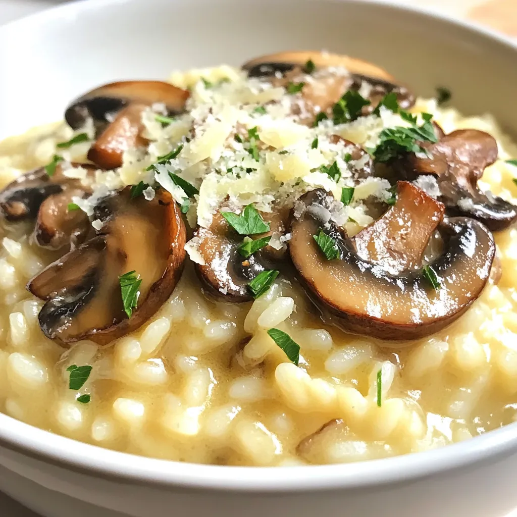 To make a creamy mushroom risotto, you need just a few simple ingredients. Each one plays a key role in creating that rich, comforting flavor. - 1 cup Arborio rice - 4 cups vegetable broth (homemade or low-sodium for better flavor) - 1 cup mushrooms, sliced (cremini or shiitake for richness) - 1 small onion, finely chopped - 2 cloves garlic, minced - 1/2 cup grated Parmesan cheese (or more for a cheesier flavor) - 1/4 cup heavy cream - 2 tablespoons extra virgin olive oil - 1 tablespoon unsalted butter - Salt and pepper to taste - Fresh parsley, finely chopped for garnish Each ingredient adds depth to the dish. Arborio rice is special because it absorbs liquid well and becomes creamy. The vegetable broth brings warmth and flavor. Using fresh mushrooms, like cremini or shiitake, adds an earthy richness. Don’t skip the onion and garlic; they create a great base of flavor. Parmesan cheese is a must for creaminess. Heavy cream smooths it out even more. Olive oil and butter help blend everything while adding richness. Finally, salt and pepper season the dish, and fresh parsley gives a lovely touch when served. Every ingredient matters in this simple yet elegant dish. {{ingredient_image_2}} Start by warming your vegetable broth in a medium saucepan. Keep it at a gentle simmer over low heat. This step is key. Warm broth helps the rice cook evenly. I always use homemade or low-sodium broth. It gives better flavor and control over salt levels. In a large skillet, mix olive oil and unsalted butter. Heat it over medium heat until it bubbles. Add finely chopped onion and sauté for 3-4 minutes. You want it translucent and fragrant. Next, add minced garlic and sliced mushrooms. Cook for 5-7 minutes. This helps the mushrooms release moisture and enhances their flavor. Now, add the Arborio rice to the skillet. Stir constantly for 1-2 minutes. This toasts the rice and coats it with the flavors. After that, start adding your warm broth, one ladle at a time. Stir often. Let the rice absorb the liquid fully before adding more. This process takes about 18-20 minutes. Once the rice is creamy and al dente, lower the heat. Stir in grated Parmesan cheese and heavy cream. Mix until it is smooth and creamy. Adjust with salt and pepper to your taste. This is where the magic happens, creating that rich, velvety texture. To make the best risotto, focus on the rice. Use Arborio rice. It has a high starch content, which helps create that creamy texture. Cook the rice until it's al dente. This means it should be firm but not hard when you bite it. Add broth slowly. Start with one ladle at a time and stir. Let the rice soak up the liquid before adding more. This takes about 18-20 minutes. Stirring helps release the starch, making the risotto creamy without clumping. You can boost the flavor of your risotto with herbs and spices. Try adding thyme or rosemary for an earthy taste. For a kick, sprinkle in some red pepper flakes. Pair your risotto with proteins for a complete meal. Grilled chicken or shrimp works well. You can also serve it with sautéed greens for a fresh touch. These pairings add depth and balance to the dish. Pro Tips Use Fresh Mushrooms: Opt for fresh, high-quality mushrooms like cremini or shiitake to enhance the flavor profile of your risotto. Gradual Broth Addition: Add the broth gradually, allowing the rice to absorb the liquid slowly, which is key to achieving that creamy texture. Stir Constantly: Keep stirring the risotto while cooking. This helps release the starch from the rice, contributing to the creamy consistency. Rest Before Serving: Let the risotto rest for a minute after cooking. This helps the flavors meld together and enhances the overall taste. {{image_4}} You can switch up your risotto by using different types of mushrooms. Each type brings its own flavor. For instance, shiitake mushrooms add a rich, earthy taste. Cremini mushrooms provide a mild, nutty flavor. You can also try portobello or oyster mushrooms for variety. Mix and match to find your favorite combination. This way, you create a unique dish every time you cook. If you want a vegan version, you can swap out the cheese and cream. Use nutritional yeast for a cheesy flavor without dairy. For creaminess, try coconut cream or cashew cream. These options keep the risotto rich and flavorful. You won’t miss the dairy at all. Just make sure to check your broth for animal products. To make your risotto even heartier, consider adding vegetables or proteins. Peas, spinach, or asparagus work well and add color. For proteins, try adding sautéed shrimp or grilled chicken. Tofu is a great option for a plant-based protein. These additions not only boost nutrition but also enhance flavors. You can customize your dish to fit your taste and needs. To keep your risotto fresh, place it in an airtight container. This prevents air from getting in and drying it out. Make sure to cool the risotto to room temperature before sealing the container. Store it in the fridge for up to three days. When you reheat, add a splash of broth or water to help revive the creaminess. You can freeze risotto, but it’s best to do it soon after cooking. Use a freezer-safe container and portion it out. Make sure to leave some space at the top for the risotto to expand. Label the container with the date. You can freeze it for up to one month. To use, thaw it in the fridge overnight before reheating. When reheating risotto, avoid the microwave if you can. Use a pan on low heat instead. Add a bit of broth or water to keep it creamy. Stir often, and don’t rush it. This method helps the risotto regain its lovely texture. Enjoy your risotto just like the first time! Arborio rice is the best choice for risotto. This short-grain rice has a high starch content. When cooked, it releases starch, which makes the risotto creamy. Arborio rice also absorbs flavors well. It has a firm texture that stays al dente. Look for it in most grocery stores or online. Yes, you can prepare risotto ahead of time. Cook it, then cool it quickly to stop cooking. Store it in an airtight container in the fridge. When ready to eat, reheat it on low heat. Add a splash of broth to bring back the creaminess. Stir often to avoid clumping. To keep risotto creamy and not sticky, avoid overcooking the rice. Stir often, but don’t overdo it. Adding broth too quickly can also cause stickiness. Make sure to add it one ladle at a time. Allow the rice to absorb each addition before adding more. This method helps keep the texture right. Risotto is a delight that combines simple ingredients for amazing flavor. You learned about key ingredients and the importance of using fresh broth. I shared step-by-step tips to make creamy risotto, including how to sauté aromatics properly. We also explored variations, from mushroom options to vegan substitutes. Lastly, I covered smart storage and reheating methods. Remember, cooking is about practice. Enjoy experimenting with risotto recipes to find your perfect dish. Your kitchen adventures await!