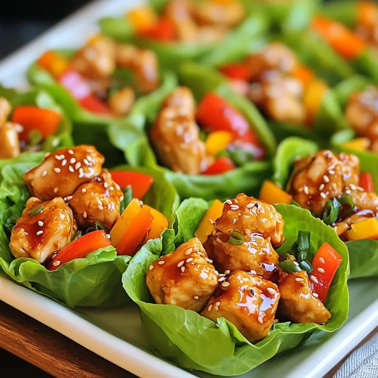 To make teriyaki chicken lettuce cups, you will need: - 1 lb boneless, skinless chicken thighs, diced into bite-sized pieces - 3 tablespoons soy sauce (or low-sodium soy sauce for a lighter option) - 2 tablespoons honey for sweetness - 1 tablespoon rice vinegar for tang - 1 tablespoon sesame oil for richness - 2 cloves garlic, minced finely - 1 tablespoon fresh ginger, minced or grated - 1 bell pepper, diced (choose any color for a vibrant look) - 1 carrot, grated for added crunch - 1 green onion, sliced thinly for garnish - 1 head of butter or romaine lettuce, carefully separated into individual leaves - Sesame seeds for garnish, adding a nutty flavor Each of these ingredients brings its unique taste and texture to the dish. The chicken thighs provide a juicy base, while the soy sauce adds depth. Honey gives the meal a touch of sweetness, balancing the salty soy sauce. Garnishes can elevate your dish. Consider adding: - Thinly sliced cucumbers for freshness - Halved cherry tomatoes for color - Chopped cilantro for a fresh herb kick - Extra sesame seeds for crunch These add-ins can give your lettuce cups a beautiful look and extra flavor. If you have dietary needs, there are easy swaps: - Use tofu instead of chicken for a vegan option. - Swap soy sauce with tamari for a gluten-free choice. - Use agave nectar in place of honey for a vegan sweetener. - Replace sesame oil with olive oil if you prefer a different fat. These substitutions help tailor the recipe to fit your needs while keeping it delicious. {{ingredient_image_2}} To start, grab a medium mixing bowl. In the bowl, add 3 tablespoons of soy sauce, 2 tablespoons of honey, 1 tablespoon of rice vinegar, and 1 tablespoon of sesame oil. Next, mince 2 cloves of garlic and add them to the mix. Then, mince or grate 1 tablespoon of fresh ginger. Whisk all these ingredients together until they blend well. This marinade will give your chicken a great flavor. Now, take 1 pound of diced chicken thighs and place them in the marinade. Toss the chicken pieces to ensure they are evenly coated. Cover the bowl with plastic wrap. Let it sit at room temperature for at least 15 minutes. If you have time, refrigerate it for up to 1 hour. This will let the flavors soak into the chicken. Heat a large skillet over medium-high heat. Once hot, add the marinated chicken along with all the marinade from the bowl. Sauté the chicken for about 8 to 10 minutes. Stir occasionally until the chicken cooks through and starts to caramelize. This gives the chicken a lovely glaze. After the chicken is done, add 1 diced bell pepper and 1 grated carrot to the skillet. Stir for another 2 to 3 minutes, cooking until the veggies are just tender but still crunchy. Once everything is cooked, take the skillet off the heat. Sprinkle the warm chicken mixture with sliced green onions for a fresh taste. Now, grab a leaf of butter or romaine lettuce. Place a generous spoonful of the teriyaki chicken mixture in the center. Fold the lettuce leaf over the filling like a wrap. To finish, sprinkle sesame seeds on top for extra flavor and texture. Enjoy your fresh and flavorful treat! To get the best teriyaki flavor, balance is key. Use soy sauce and honey in equal parts. The soy sauce gives saltiness, while honey adds sweetness. Don't forget the rice vinegar for a touch of tang. Fresh garlic and ginger add a bright kick. Mix these well and let the chicken soak in this yummy marinade. The longer you marinate, the better the taste. Fifteen minutes works, but an hour is even better! For tender chicken, use boneless, skinless thighs. They stay juicy and cook well. Cut them into small pieces for even cooking. Sauté in a hot skillet for a nice caramelization. Stir often, but don’t crowd the pan. If you add too much chicken at once, it won't brown well. This step is crucial for flavor and texture. When it comes to serving, think vibrant colors. Use a large platter for the lettuce cups. Arrange them neatly. Add thinly sliced cucumbers or cherry tomatoes for a pop of color. You can also sprinkle sesame seeds on top for a nice touch. Serve with extra sauce on the side for dipping. This makes your dish look fun and inviting! Pro Tips Marinate Longer for Flavor: While 15 minutes will suffice, marinating the chicken for up to an hour allows the flavors to penetrate deeper, resulting in a more flavorful dish. Use Fresh Ingredients: Fresh garlic and ginger elevate the dish's flavor profile significantly, so try to use fresh rather than pre-minced varieties. Customize Your Veggies: Feel free to add other vegetables such as shredded cabbage or snap peas for extra crunch and nutrition, making this dish even more versatile. Perfect Your Lettuce Cups: Choose sturdy lettuce like butter or romaine to hold the filling well, ensuring each bite is packed with flavor without falling apart. {{image_4}} You can swap chicken for other proteins. Tofu works great for a plant-based meal. Choose firm tofu for the best texture. Just cube it and marinate like you would the chicken. Shrimp is another tasty choice. Cook shrimp for about 3-5 minutes until they turn pink. Both options keep the dish fresh and flavorful. For a vegetarian or vegan dish, use mushrooms or jackfruit. Both add texture and soak up flavors well. You can also mix in black beans for protein. They work well with teriyaki sauce. Add extra veggies like bell peppers and carrots for more color and crunch. These swaps make the dish just as satisfying without meat. You can play with flavors in teriyaki. For a spicy kick, add chili paste or sriracha to the marinade. This gives each bite a nice heat. Alternatively, mix in pineapple for a sweet twist. Use fresh pineapple chunks in the skillet. They caramelize nicely and add a tropical vibe. No matter the flavor, each version stays fresh and delicious. To keep your teriyaki chicken fresh, store it in airtight containers. Make sure it cools down first. Place any leftover chicken mixture in one container and the lettuce leaves in another. This helps keep the lettuce crisp. You can keep the chicken mixture in the fridge for up to three days. When you are ready to eat the leftovers, reheat the chicken in a skillet. Heat it over medium heat for about five to seven minutes. Stir often to avoid burning. Check that it is hot before serving. Avoid microwaving, as this can make the chicken tough. If you want to save the teriyaki chicken for later, freezing is a great option. Place the cooled chicken mixture in a freezer-safe bag or container. Remove as much air as possible to prevent freezer burn. The chicken can stay frozen for up to three months. Just thaw it in the fridge overnight before reheating. Avoid freezing the lettuce, as it does not thaw well. Yes, you can make Teriyaki Chicken Lettuce Cups ahead. Prepare the chicken and veggies in advance. Store them in separate containers in the fridge. When you are ready to serve, just assemble them in the lettuce cups. This keeps the lettuce crisp and fresh. You can serve these cups with a side of rice or noodles. A light salad pairs well too. For a fun twist, add some fresh fruit like pineapple or mango. These options balance the savory flavors of the chicken. Making teriyaki sauce is simple. Mix together: - 3 tablespoons soy sauce - 2 tablespoons honey - 1 tablespoon rice vinegar - 1 tablespoon sesame oil - 2 cloves minced garlic - 1 tablespoon minced ginger Blend these ingredients in a bowl. This sauce adds a sweet and tangy flavor to your chicken. Yes, Teriyaki Chicken Lettuce Cups can be gluten-free. Use gluten-free soy sauce to ensure it meets dietary needs. All other ingredients are naturally gluten-free, making this dish safe for those with gluten sensitivities. Teriyaki chicken lettuce cups are simple and fun to make. We covered the best ingredients, including substitutes for your needs. I shared step-by-step instructions to marinate, cook, and assemble your cups. Tips also helped you perfect the flavor and presentation. Remember, you can try different proteins or flavors. You can even store leftovers for later. Enjoy this dish while being creative in the kitchen!