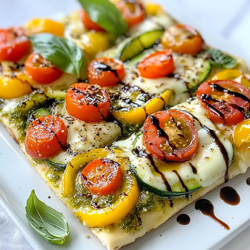 - 1 large flatbread or pita bread - 1/4 cup vibrant basil pesto sauce - 1/2 cup cherry tomatoes, halved - 1/2 cup mixed bell peppers, sliced - 1/2 cup zucchini, thinly sliced - 1/4 cup red onion, paper-thin slices - 1/2 cup mozzarella cheese, freshly shredded - 1 tablespoon extra-virgin olive oil - Salt and freshly cracked black pepper, to taste - Fresh basil leaves for garnish - Optional: Balsamic glaze for a tangy finish The main ingredients make this flatbread a delight. The flatbread serves as a base for our toppings. I like using large flatbreads or pita bread for their texture. The basil pesto sauce adds a rich flavor. You only need a little, but it packs a punch! I love cherry tomatoes for their sweetness. Halving them allows their juice to blend well. Mixed bell peppers add color and crunch. Red and yellow peppers work best for a bright look. Zucchini slices are tender and complement the other veggies. Red onion gives a zing that balances the dish. Lastly, mozzarella cheese melts beautifully. It creates a lovely, gooey topping. For seasonings and extras, I recommend extra-virgin olive oil. It enhances the veggies' flavors. Salt and fresh black pepper are must-haves for seasoning. I always use fresh basil leaves for garnish. They add a pop of color and freshness. If you want to elevate the taste, try balsamic glaze. It brings a tangy twist to each bite! {{ingredient_image_2}} - Preheat the oven to 400°F (200°C). - Prepare a baking sheet with parchment paper. - Spread 1/4 cup of basil pesto sauce across the flatbread. - In a bowl, combine 1/2 cup halved cherry tomatoes, 1/2 cup mixed bell peppers, 1/2 cup zucchini rounds, and 1/4 cup thin red onion slices. - Drizzle with 1 tablespoon of extra-virgin olive oil and season with salt and black pepper. Toss well. - Distribute the vegetable mixture evenly on the flatbread. - Sprinkle 1/2 cup freshly shredded mozzarella cheese on top. - Bake the flatbread for 10-12 minutes until the cheese bubbles and the edges turn golden. - Once done, remove it from the oven and let it cool for a few minutes. - Slice into wedges and garnish with fresh basil leaves. Optionally, drizzle with balsamic glaze before serving. To get the best crust, always preheat your oven to 400°F. This heat helps the edges crisp nicely. Use a baking sheet lined with parchment paper. This prevents sticking and makes cleanup easy. For even cheese melting, shred your mozzarella fresh. Pre-shredded cheese has additives that can affect melting. Want to boost flavor? Try adding a pinch of garlic powder or crushed red pepper. These spices give your flatbread a tasty kick. If you don't have balsamic glaze, use a drizzle of lemon juice. It adds a nice tang and complements the veggies. Slice your flatbread into wedges for easy serving. Arrange them on a rustic wooden board for a cozy feel. Garnish with fresh basil leaves on top. You can even add a sprinkle of extra cheese for a beautiful touch. Serve a small bowl of balsamic glaze on the side. This allows guests to dip and enjoy! Pro Tips Use Homemade Pesto: For an extra burst of flavor, consider making your own basil pesto at home. Freshly made pesto can elevate this dish to new heights. Cheese Variations: Experiment with different types of cheese like feta or goat cheese for a unique twist. Each will bring a distinct flavor profile to your flatbread. Veggie Options: Feel free to add or substitute any seasonal vegetables you have on hand, such as spinach, artichokes, or olives, for even more variety. Perfect Crispiness: If you prefer a crunchier flatbread, try broiling it for the last 1-2 minutes of baking for a golden-brown finish, but watch closely to avoid burning. {{image_4}} You can change the veggies based on the season. In summer, use fresh zucchini, tomatoes, and bell peppers. They taste great and look bright on your flatbread. In winter, try root veggies like sweet potatoes or carrots. They bring warmth and earthiness to your meal. Check local farmers’ markets for fresh, in-season produce. This choice supports local farms and gives you the best flavors. If you need gluten-free options, look for gluten-free flatbread or use corn tortillas. They hold up well and taste good. For those avoiding dairy, vegan cheese works great. Many brands offer tasty plant-based cheese that melts well. Check the ingredients to find one you love. Want to add protein? Try grilled chicken, chickpeas, or tofu. They make the flatbread more filling. You can also explore different pesto types. Sun-dried tomato or spinach pesto can change the flavor. Each type adds a unique twist, making your dish exciting every time! To keep your flatbread fresh, first let it cool. Wrap the flatbread in plastic wrap or foil. Place it in an airtight container. Store it in the fridge for up to three days. If you want to store it longer, freeze it. Wrap it tightly in plastic wrap and then in foil. This helps prevent freezer burn. Frozen flatbread can last up to three months. When it's time to eat, you can reheat your flatbread. The best method is to use an oven. Preheat your oven to 350°F (175°C). Place the flatbread directly on the rack for about 5-7 minutes. This keeps the crust crispy. If you use a microwave, place a paper towel under the flatbread. This helps absorb moisture and prevents sogginess. Heat for about 30 seconds, but check often. Your pesto veggie flatbread stays fresh for about three days in the fridge. After that, it may lose flavor and texture. Signs of spoilage include a sour smell or slimy texture. If you see any mold, throw it away. Always trust your senses when it comes to food safety. If you don’t have pesto, you can use hummus. Hummus adds creaminess and flavor. You can also try sun-dried tomato spread or olive tapenade. These options give a tasty twist to the flatbread. Try to choose spreads with a similar texture. Yes, you can prepare flatbread in advance. Just bake it and store it in the fridge. When ready to eat, reheat it in the oven for a few minutes. This keeps it warm and crispy. You can also prep the veggies ahead and store them separately. The best vegetables for flatbread are colorful and flavorful. Try using cherry tomatoes, bell peppers, zucchini, and red onion. Other good options include spinach, mushrooms, or artichokes. Choose veggies you love to eat. Mix and match for variety and texture. To make a gluten-free flatbread, use gluten-free pita bread or tortillas. Many brands offer great options that taste good. Always check the label for gluten-free certification. You can also make your own flatbread using gluten-free flour. This option gives you control over the ingredients. In this article, I covered how to make a delicious Pesto Veggie Flatbread. You learned about the main ingredients, step-by-step instructions, and tips to make it perfect. I also shared variations to customize your flatbread and storage tips to keep it fresh. Remember, this dish is easy to adapt and fun to make. Enjoy experimenting with seasonal veggies or adding your favorite proteins. With simple steps, you can create a tasty meal that everyone will love.