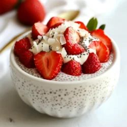 - 1 cup coconut milk - 1 cup almond milk - 1/4 cup chia seeds - 2 tablespoons maple syrup or honey - 1 teaspoon pure vanilla extract - 1/2 teaspoon sea salt - 1 cup fresh strawberries - 2 tablespoons unsweetened shredded coconut For the best flavor, choose high-quality coconut milk. Canned coconut milk gives a rich, creamy base. If you prefer, you can swap almond milk for any milk you like. Chia seeds are the star here. They soak up the liquid and help thicken the pudding. Using maple syrup adds a nice sweetness. Honey works too, if you want a different taste. Add pure vanilla extract for extra flavor depth. Just a tiny bit of sea salt balances the sweetness. Fresh strawberries add a juicy, bright kick. Finally, sprinkle shredded coconut on top. It adds a crunchy texture and a hint of coconut flavor. This combination creates a delightful treat you’ll love. {{ingredient_image_2}} Start by grabbing a medium bowl. Pour in 1 cup of coconut milk and 1 cup of almond milk. I like using canned coconut milk for a creamier taste. Add 2 tablespoons of maple syrup for sweetness, or honey if you prefer. Next, add 1 teaspoon of pure vanilla extract and 1/2 teaspoon of sea salt. Whisk all these ingredients together until they blend smoothly. This step is key for a great base. Now, it's time to add the chia seeds. Gradually sprinkle in 1/4 cup of chia seeds while stirring the milk mixture. This helps prevent clumping. Keep stirring until the chia seeds are evenly mixed in. You want them spread out well in the mixture. This ensures that every spoonful is packed with those tiny powerhouses. Once the chia seeds are mixed in, cover the bowl tightly with plastic wrap or a lid. Place it in the fridge for at least 4 hours. For the best results, let it chill overnight. This waiting time allows the chia seeds to soak up the liquid. They will turn the mixture into a thick, pudding-like texture. When you're ready to serve, give it a good stir to break up any clumps. This will help create a smooth, creamy pudding that looks and tastes amazing. To get the best texture for your chia pudding, use good quality coconut milk. I suggest using canned coconut milk for a rich, creamy feel. Blend the coconut milk with almond milk, maple syrup, vanilla, and salt. Stir these well to mix. When you add the chia seeds, sprinkle them slowly while stirring. This stops them from clumping. Let the mixture sit in the fridge for at least four hours. Overnight is even better! This gives the seeds time to soak up the liquid and thicken the pudding. Serving can make a big difference! I love using clear glasses or bowls. This lets the colorful layers shine through. Start with a layer of chia pudding at the bottom. Then, add a layer of sliced strawberries. Top it off with a sprinkle of shredded coconut. For extra flair, add a mint leaf on top. It adds a pop of green and looks great for guests! If you prefer your pudding sweeter, you can adjust the maple syrup. Add a bit more to the base mixture. Honey works too if you want a different flavor. Taste the mixture before chilling. This way, you can find the perfect balance that fits your sweet tooth! Pro Tips Use Canned Coconut Milk: For an ultra-creamy texture, using canned coconut milk is highly recommended, as it has a richer consistency compared to other varieties. Chill Overnight: For the best texture, let the pudding chill overnight. This allows the chia seeds to fully absorb the liquid, resulting in a thicker, creamier pudding. Experiment with Sweeteners: Feel free to swap out maple syrup for honey or agave syrup to cater to your taste preferences or dietary needs. Layering Presentation: For an attractive presentation, layer the pudding and strawberries in clear glasses, and finish with a mint leaf for added color and freshness. {{image_4}} You can swap strawberries for other fruits. Try ripe mango, blueberries, or bananas. Each fruit adds its own flavor. For a tropical twist, use pineapple or passion fruit. Just chop them small and layer them on top. The color and taste will be bright and fun! This recipe is already dairy-free and vegan. The coconut and almond milk keep it creamy. If you want to change the flavor, use oat or soy milk. Both are great choices. They add a different taste while keeping it vegan. Toppings can make your pudding more exciting. Add nuts like almonds or walnuts for crunch. Seeds such as pumpkin or sunflower seeds add texture too. You can also sprinkle more coconut on top for extra flavor. Fresh mint leaves add a pop of color and freshness. Drizzle with honey or maple syrup if you like it sweeter. These small touches can change your dish into a showstopper! To keep your strawberry coconut chia pudding fresh, store it in the fridge. Use an airtight container. This helps prevent the pudding from absorbing other flavors in your fridge. Make sure to cover the top with plastic wrap if using a bowl. You can freeze chia pudding for later use. Scoop the pudding into individual portions in freezer-safe containers. Leave some space at the top, as the pudding may expand when frozen. To eat, thaw it in the fridge overnight. Stir well before serving. When stored properly in the fridge, your chia pudding lasts about 4-5 days. If you freeze it, it can last up to 2 months. Just remember, the texture may change slightly after freezing and thawing. Always check for any off smells or changes in color before eating. Yes, you can use other types of milk. Almond milk works well and adds a nice flavor. You can also try oat milk, soy milk, or even regular cow's milk. Each type brings its own taste. Feel free to experiment with what you enjoy most. Let the chia pudding sit for at least four hours. For the best results, leave it overnight. This time allows the chia seeds to soak up the liquid. They swell and create a creamy texture. You want that pudding-like consistency for the best experience. Chia seeds offer many health benefits. They are rich in fiber, which helps digestion. They also provide protein, making them a great snack. Chia seeds are high in omega-3 fatty acids, which are good for your heart. Plus, they are packed with antioxidants. Adding chia seeds to your diet is a smart choice for health. This blog post covered the key ingredients and steps to make a delicious chia pudding. We explored how to mix the base, add chia seeds, and chill the mixture. I shared tips for perfect texture and creative presentation ideas. Variations help you tailor the recipe with different fruits and toppings. We also discussed storage and answered common questions. Now you can enjoy chia pudding, knowing how to make it your own!