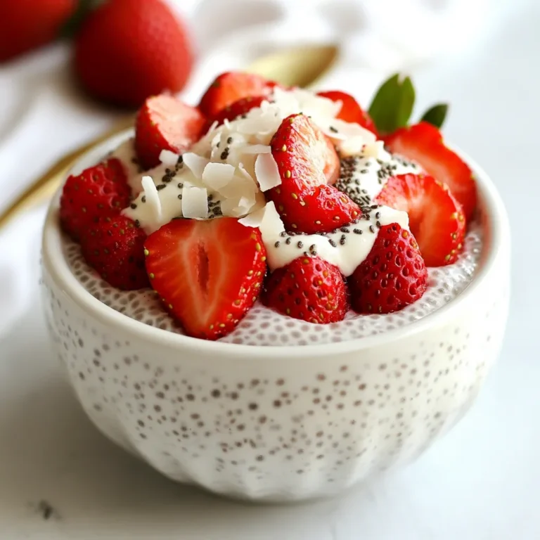 - 1 cup coconut milk - 1 cup almond milk - 1/4 cup chia seeds - 2 tablespoons maple syrup or honey - 1 teaspoon pure vanilla extract - 1/2 teaspoon sea salt - 1 cup fresh strawberries - 2 tablespoons unsweetened shredded coconut For the best flavor, choose high-quality coconut milk. Canned coconut milk gives a rich, creamy base. If you prefer, you can swap almond milk for any milk you like. Chia seeds are the star here. They soak up the liquid and help thicken the pudding. Using maple syrup adds a nice sweetness. Honey works too, if you want a different taste. Add pure vanilla extract for extra flavor depth. Just a tiny bit of sea salt balances the sweetness. Fresh strawberries add a juicy, bright kick. Finally, sprinkle shredded coconut on top. It adds a crunchy texture and a hint of coconut flavor. This combination creates a delightful treat you’ll love. {{ingredient_image_2}} Start by grabbing a medium bowl. Pour in 1 cup of coconut milk and 1 cup of almond milk. I like using canned coconut milk for a creamier taste. Add 2 tablespoons of maple syrup for sweetness, or honey if you prefer. Next, add 1 teaspoon of pure vanilla extract and 1/2 teaspoon of sea salt. Whisk all these ingredients together until they blend smoothly. This step is key for a great base. Now, it's time to add the chia seeds. Gradually sprinkle in 1/4 cup of chia seeds while stirring the milk mixture. This helps prevent clumping. Keep stirring until the chia seeds are evenly mixed in. You want them spread out well in the mixture. This ensures that every spoonful is packed with those tiny powerhouses. Once the chia seeds are mixed in, cover the bowl tightly with plastic wrap or a lid. Place it in the fridge for at least 4 hours. For the best results, let it chill overnight. This waiting time allows the chia seeds to soak up the liquid. They will turn the mixture into a thick, pudding-like texture. When you're ready to serve, give it a good stir to break up any clumps. This will help create a smooth, creamy pudding that looks and tastes amazing. To get the best texture for your chia pudding, use good quality coconut milk. I suggest using canned coconut milk for a rich, creamy feel. Blend the coconut milk with almond milk, maple syrup, vanilla, and salt. Stir these well to mix. When you add the chia seeds, sprinkle them slowly while stirring. This stops them from clumping. Let the mixture sit in the fridge for at least four hours. Overnight is even better! This gives the seeds time to soak up the liquid and thicken the pudding. Serving can make a big difference! I love using clear glasses or bowls. This lets the colorful layers shine through. Start with a layer of chia pudding at the bottom. Then, add a layer of sliced strawberries. Top it off with a sprinkle of shredded coconut. For extra flair, add a mint leaf on top. It adds a pop of green and looks great for guests! If you prefer your pudding sweeter, you can adjust the maple syrup. Add a bit more to the base mixture. Honey works too if you want a different flavor. Taste the mixture before chilling. This way, you can find the perfect balance that fits your sweet tooth! Pro Tips Use Canned Coconut Milk: For an ultra-creamy texture, using canned coconut milk is highly recommended, as it has a richer consistency compared to other varieties. Chill Overnight: For the best texture, let the pudding chill overnight. This allows the chia seeds to fully absorb the liquid, resulting in a thicker, creamier pudding. Experiment with Sweeteners: Feel free to swap out maple syrup for honey or agave syrup to cater to your taste preferences or dietary needs. Layering Presentation: For an attractive presentation, layer the pudding and strawberries in clear glasses, and finish with a mint leaf for added color and freshness. {{image_4}} You can swap strawberries for other fruits. Try ripe mango, blueberries, or bananas. Each fruit adds its own flavor. For a tropical twist, use pineapple or passion fruit. Just chop them small and layer them on top. The color and taste will be bright and fun! This recipe is already dairy-free and vegan. The coconut and almond milk keep it creamy. If you want to change the flavor, use oat or soy milk. Both are great choices. They add a different taste while keeping it vegan. Toppings can make your pudding more exciting. Add nuts like almonds or walnuts for crunch. Seeds such as pumpkin or sunflower seeds add texture too. You can also sprinkle more coconut on top for extra flavor. Fresh mint leaves add a pop of color and freshness. Drizzle with honey or maple syrup if you like it sweeter. These small touches can change your dish into a showstopper! To keep your strawberry coconut chia pudding fresh, store it in the fridge. Use an airtight container. This helps prevent the pudding from absorbing other flavors in your fridge. Make sure to cover the top with plastic wrap if using a bowl. You can freeze chia pudding for later use. Scoop the pudding into individual portions in freezer-safe containers. Leave some space at the top, as the pudding may expand when frozen. To eat, thaw it in the fridge overnight. Stir well before serving. When stored properly in the fridge, your chia pudding lasts about 4-5 days. If you freeze it, it can last up to 2 months. Just remember, the texture may change slightly after freezing and thawing. Always check for any off smells or changes in color before eating. Yes, you can use other types of milk. Almond milk works well and adds a nice flavor. You can also try oat milk, soy milk, or even regular cow's milk. Each type brings its own taste. Feel free to experiment with what you enjoy most. Let the chia pudding sit for at least four hours. For the best results, leave it overnight. This time allows the chia seeds to soak up the liquid. They swell and create a creamy texture. You want that pudding-like consistency for the best experience. Chia seeds offer many health benefits. They are rich in fiber, which helps digestion. They also provide protein, making them a great snack. Chia seeds are high in omega-3 fatty acids, which are good for your heart. Plus, they are packed with antioxidants. Adding chia seeds to your diet is a smart choice for health. This blog post covered the key ingredients and steps to make a delicious chia pudding. We explored how to mix the base, add chia seeds, and chill the mixture. I shared tips for perfect texture and creative presentation ideas. Variations help you tailor the recipe with different fruits and toppings. We also discussed storage and answered common questions. Now you can enjoy chia pudding, knowing how to make it your own!