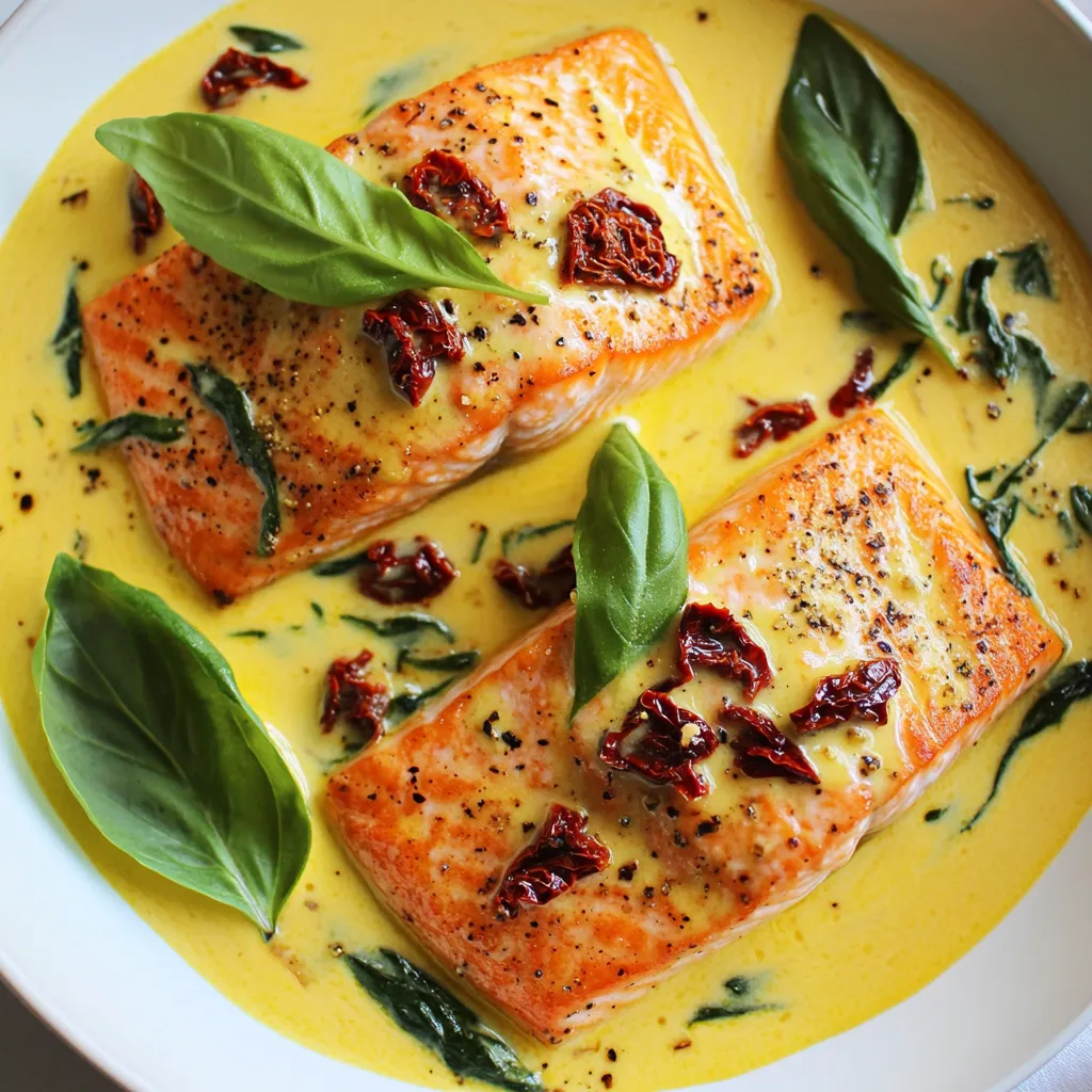 To make a delicious creamy sun-dried tomato salmon, start by gathering your ingredients. Here’s what you need: - Salmon Fillets - 4 salmon fillets (6 oz each) - Cream and Dairy Components - 1 cup heavy cream - Aromatics and Seasoning - 3 cloves garlic, minced - 1/2 cup sun-dried tomatoes, finely chopped - 1 tablespoon olive oil - 1 teaspoon Italian seasoning - Salt and black pepper to taste - Vegetables - 1/2 cup fresh spinach, chopped - Fresh basil leaves for garnish Having these ingredients ready will make cooking smooth and fun. Each part brings its own flavor. The salmon is rich and tender, while the sun-dried tomatoes add a sweet touch. The garlic gives a nice aroma, and the spinach adds color and nutrients. Don't forget the heavy cream, which creates that lovely creamy sauce! {{ingredient_image_2}} Start by seasoning each salmon fillet with salt, black pepper, and Italian seasoning. Make sure to coat both sides well. Let them sit for a few minutes to soak up the flavors. This step is key for taste. Heat olive oil in a large skillet over medium-high heat. Wait until the oil shimmers. Then, place the salmon fillets in the skillet, skin-side down. Cook for about 4-5 minutes on each side. The salmon should turn golden brown and flake easily with a fork. Once done, take the salmon out and set it aside on a plate. In the same skillet, lower the heat to medium. Add minced garlic and sauté for about 1 minute. Watch for the garlic to turn fragrant and slightly golden. Avoid burning it, as burnt garlic can ruin the sauce. Now, stir in the finely chopped sun-dried tomatoes. Cook them for an additional 2 minutes. This will help bring out their natural sweetness. Next, gradually pour in the heavy cream, stirring well. Bring the sauce to a gentle simmer. Finally, add the chopped spinach and mix until it wilts. The sauce will thicken slightly. Gently return the seared salmon fillets to the skillet. Spoon the creamy sauce over each piece. Let it simmer together for 2-3 minutes. This step helps all the flavors blend beautifully. Carefully plate the salmon fillets along with the rich creamy sauce. Finish the dish with fresh basil leaves on top. This adds a pop of color and fresh flavor to your meal. To cook salmon just right, here are my best tips: - Choose Fresh Fillets: Look for bright color and no strong smell. - Season Well: Use salt, black pepper, and Italian seasoning generously. - Preheat the Pan: Make sure the skillet is hot before adding the salmon. - Don’t Overcrowd the Pan: Give each fillet space to cook evenly. - Watch the Time: Cook for 4-5 minutes per side. The salmon should flake easily. You can change this recipe to fit your taste. Consider these options: - Add Lemon Zest: Brighten your dish with fresh lemon zest. - Use Different Herbs: Try dill or thyme for a new flavor. - Incorporate Cheese: A sprinkle of parmesan can add richness. - Mix in Other Veggies: Peas or mushrooms can offer a nice twist. Having the right tools makes cooking easier. Here’s what you need: - Large Skillet: For searing and making the sauce. - Fish Spatula: To flip the salmon without breaking it. - Sharp Knife: For chopping garlic and sun-dried tomatoes easily. - Measuring Cups and Spoons: Get the right amounts for your sauce. - Serving Plates: To present your delicious meal beautifully. Pro Tips Perfectly Cooked Salmon: To achieve the ideal doneness, cook salmon until it reaches an internal temperature of 145°F. This ensures it remains moist and flaky. Enhancing Flavor: For an extra layer of flavor, consider adding a splash of white wine to the sauce after sautéing the garlic and before adding the cream. Choosing Sun-Dried Tomatoes: Opt for sun-dried tomatoes packed in oil for a richer flavor, or use dry ones but soak them in warm water for 15 minutes before chopping. Spinach Tips: If you want to add more nutrients, consider mixing in other leafy greens like kale or arugula, which will also add a nice texture to the dish. {{image_4}} You can easily swap some ingredients to fit your taste. For the heavy cream, use half-and-half or coconut cream for a lighter alternative. If you want a kick, add a pinch of red pepper flakes. Instead of sun-dried tomatoes, you could use roasted red peppers for a different flavor. If you don’t have fresh spinach, try baby kale or arugula. They will taste great too! If salmon isn't your thing, you can use chicken breast or shrimp. For chicken, cook it until it reaches a safe internal temperature of 165°F. Shrimp cooks fast, so add it towards the end of the sauce cooking time. Tofu is a great plant-based option. Just ensure it’s pressed and cut into cubes to absorb the flavors well. This creamy sun-dried tomato salmon pairs well with many sides. Serve it over pasta for a hearty meal or with rice for a lighter option. Pair it with roasted vegetables, like asparagus or zucchini, to add color and crunch. A fresh salad with lemon vinaigrette is perfect for a refreshing contrast. Don't forget some crusty bread to soak up that delicious sauce! To store leftover salmon, let it cool first. Place it in an airtight container. Cover it tightly to keep it fresh. You can store it in the fridge for up to three days. Always label the container with the date. This way, you won’t forget how long it has been there. When reheating salmon, do it gently. Preheat your oven to 275°F (135°C). Place the salmon on a baking sheet. Cover it with foil to keep it moist. Heat for about 15 minutes or until warm. You can also use the microwave, but do it in short bursts. This prevents the salmon from drying out. If you want to freeze salmon, wrap each piece tightly in plastic wrap. Then, place it in a freezer bag. Remove as much air as possible. Frozen salmon can last for up to three months. To thaw, move it to the fridge overnight. You can also put it in cold water for quicker thawing. Just be sure to cook it right after thawing. You can use half-and-half or coconut milk. Both will give a creamy texture. If you want a lighter option, use Greek yogurt or sour cream. Just mix with a little milk for a smooth consistency. Cooked salmon lasts about three to four days in the fridge. Make sure to store it in an airtight container. This keeps it fresh and safe to eat later. Yes, you can prepare the creamy sauce ahead. Just cook the salmon fresh when ready to serve. This keeps the salmon flaky and tasty. I love serving this dish with steamed rice or pasta. Roasted veggies or a fresh salad also pair nicely. You can add garlic bread for a full meal experience. This blog post shared a simple, tasty salmon recipe. You learned about key ingredients, step-by-step cooking, and smart tips. We discussed how to store leftovers and served up answers to common questions. Cooking salmon can be fun and rewarding. Experiment with flavors and enjoy your meals. Remember, practice makes perfect, so don’t hold back. Dive in and make your next dish a delicious success!