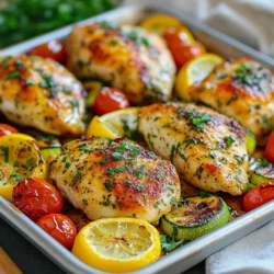 - 4 boneless, skinless chicken breasts - Sea salt and freshly ground black pepper - 3 tablespoons extra virgin olive oil - Juice of 2 fresh lemons - Zest of 1 lemon - 3 cloves garlic, finely minced - 1 teaspoon dried oregano - 1 teaspoon dried thyme - 2 medium zucchinis, sliced into half-moons - 1 red bell pepper, sliced into strips - 1 cup cherry tomatoes, halved For the Lemon Herb Chicken, you need fresh chicken breasts. They add great taste and stay juicy. You also need some sea salt and black pepper to season the chicken. The marinade is key. It includes olive oil, fresh lemon juice, and lemon zest. The garlic adds a nice kick. Oregano and thyme give it that classic herb flavor. Don’t forget the veggies! Zucchini, red bell pepper, and cherry tomatoes roast nicely. They soak up the marinade and taste amazing alongside the chicken. Gather these ingredients, and you are ready to make a tasty one-pan meal. Enjoy the vibrant flavors and fresh colors on your plate! {{ingredient_image_2}} First, preheat your oven to 425°F (220°C). This heat will make the chicken juicy and the veggies tender. For easy cleanup, line a large baking sheet with parchment paper. This step keeps the pan clean and helps the food cook evenly. In a small bowl, mix together 3 tablespoons of extra virgin olive oil, the juice of 2 fresh lemons, and the zest of 1 lemon. Add 3 cloves of minced garlic, 1 teaspoon of dried oregano, and 1 teaspoon of dried thyme. Then, sprinkle in some sea salt and black pepper to taste. Whisk it all together until well combined. This marinade will add lots of flavor to your meal. Next, take your 4 boneless, skinless chicken breasts and pat them dry with paper towels. This helps them brown better. Place the chicken on one side of the baking sheet. Drizzle half of your marinade over the chicken, making sure each piece is well coated. In a separate bowl, combine 2 sliced zucchinis, 1 sliced red bell pepper, and 1 cup of halved cherry tomatoes. Pour the remaining marinade over the veggies and toss gently to coat them evenly. Spread the veggies on the other side of the baking sheet in a single layer. Now, place the baking sheet in the preheated oven. Roast for about 25-30 minutes. You want the chicken to reach an internal temperature of 165°F (75°C). The vegetables should be tender and lightly caramelized. Once done, take the sheet pan out and let it rest for 5 minutes. This waiting time allows the juices to settle, making each bite more flavorful. Finish off by sprinkling freshly chopped parsley over the dish for a fresh touch. Slice the chicken and enjoy it with the roasted veggies! To get the best flavor from your chicken, use a good marinade. Start by mixing olive oil, lemon juice, zest, garlic, oregano, and thyme. This blend adds taste and moisture. Let the chicken soak in the marinade for at least 30 minutes. If you can, marinate it overnight. This helps the chicken soak up the flavors deeply. Roasting is simple but needs care. First, preheat your oven to 425°F (220°C). This high heat makes the chicken golden and the veggies crispy. Spread the chicken and vegetables out on the sheet pan. Don’t crowd them. Leave space for air to flow. This helps everything cook evenly. Check the chicken’s internal temperature after 25 minutes. It should reach 165°F (75°C). Serving is key to a great meal. Use warm plates to keep food hot. Arrange the chicken slices on top of the colorful veggies. This makes the dish pop. Add a sprinkle of fresh parsley for color. You can also add lemon wedges on the side. This adds a fresh touch and looks lovely on the table. Pro Tips Marinate for Extra Flavor: Allow the chicken to marinate for at least 30 minutes or even overnight in the fridge for deeper flavor absorption. Use Seasonal Vegetables: Feel free to swap in your favorite seasonal vegetables for a personalized touch; options like asparagus or broccoli work beautifully. Check for Doneness: Always use a meat thermometer to ensure your chicken reaches an internal temperature of 165°F (75°C) for safety and optimal juiciness. Make it a Complete Meal: Serve with a side of quinoa or brown rice to turn this dish into a wholesome, balanced meal. {{image_4}} You can change the veggies in this dish for fun. Try using broccoli, asparagus, or carrots. Each option brings a new flavor and texture. Just remember to cut them into similar sizes. This way, they cook evenly with the chicken. Feel free to switch up the herbs too. Instead of oregano and thyme, use rosemary or basil. If you enjoy a spicy kick, add red pepper flakes. You can even use fresh herbs if you have them. Just chop them finely and mix them into the marinade. If you want a low-carb meal, skip the tomatoes and bell peppers. Add more zucchini or cauliflower instead. This keeps the dish light and healthy. Use chicken thighs for added flavor and fat. They are juicy and perfect for a keto diet. After enjoying your Lemon Herb Chicken, store any leftovers in an airtight container. This helps keep the chicken moist and the veggies fresh. Let the dish cool to room temperature before sealing it. You can keep it in the fridge for up to three days. If you want to save it longer, freezing is a great option. To reheat, use your oven for best results. Preheat the oven to 350°F (175°C). Place the chicken and veggies on a baking sheet. Cover them with foil to keep moisture in. Heat for about 15-20 minutes or until warm. You can also use a microwave, but this may make the chicken less juicy. If you plan to freeze your Lemon Herb Chicken, slice the chicken first. This allows it to thaw and heat evenly. Use freezer-safe bags or containers. Remove as much air as possible to prevent freezer burn. It can last up to three months in the freezer. When ready to enjoy, thaw in the fridge overnight before reheating. Cook the chicken for 25-30 minutes at 425°F (220°C). Use a meat thermometer to check. The chicken should reach an internal temperature of 165°F (75°C) to be safe to eat. The time may vary based on thickness, so check it to avoid overcooking. Enjoy juicy chicken every time with this simple timing. Yes, you can use bone-in chicken for this recipe. Just know it may need more time to cook. Bone-in pieces usually require an extra 10-15 minutes compared to boneless breasts. Ensure the internal temperature still reaches 165°F (75°C). The bone adds flavor and moisture, making it a tasty option. Lemon Herb Chicken pairs well with many sides. Here are some ideas: - Rice or quinoa for a hearty base - A fresh garden salad for crunch - Garlic bread for a warm touch - Roasted potatoes for added flavor - Steamed green beans for a healthy option These sides will balance the meal and enhance the lemon and herb flavors. Feel free to mix and match! This blog post covered the key steps to make Lemon Herb Chicken. You learned about the main ingredients, how to create a tasty marinade, and the best veggies to pair. I shared tips to boost flavor, perfect roasting methods, and great serving ideas. Cooking should be fun and tasty. Use these tips to try your own twists. Enjoy your meal prep and share this delicious dish with friends and family!