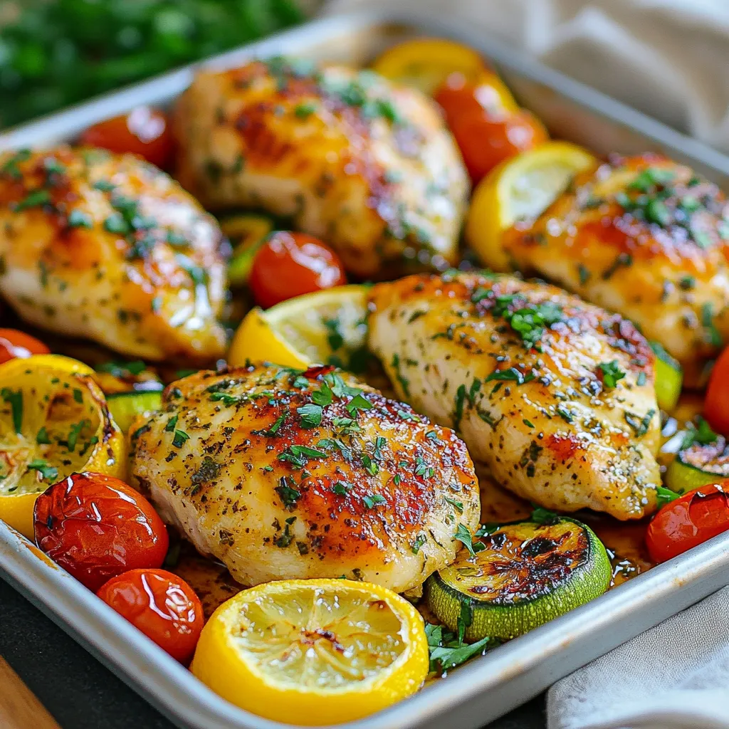 - 4 boneless, skinless chicken breasts - Sea salt and freshly ground black pepper - 3 tablespoons extra virgin olive oil - Juice of 2 fresh lemons - Zest of 1 lemon - 3 cloves garlic, finely minced - 1 teaspoon dried oregano - 1 teaspoon dried thyme - 2 medium zucchinis, sliced into half-moons - 1 red bell pepper, sliced into strips - 1 cup cherry tomatoes, halved For the Lemon Herb Chicken, you need fresh chicken breasts. They add great taste and stay juicy. You also need some sea salt and black pepper to season the chicken. The marinade is key. It includes olive oil, fresh lemon juice, and lemon zest. The garlic adds a nice kick. Oregano and thyme give it that classic herb flavor. Don’t forget the veggies! Zucchini, red bell pepper, and cherry tomatoes roast nicely. They soak up the marinade and taste amazing alongside the chicken. Gather these ingredients, and you are ready to make a tasty one-pan meal. Enjoy the vibrant flavors and fresh colors on your plate! {{ingredient_image_2}} First, preheat your oven to 425°F (220°C). This heat will make the chicken juicy and the veggies tender. For easy cleanup, line a large baking sheet with parchment paper. This step keeps the pan clean and helps the food cook evenly. In a small bowl, mix together 3 tablespoons of extra virgin olive oil, the juice of 2 fresh lemons, and the zest of 1 lemon. Add 3 cloves of minced garlic, 1 teaspoon of dried oregano, and 1 teaspoon of dried thyme. Then, sprinkle in some sea salt and black pepper to taste. Whisk it all together until well combined. This marinade will add lots of flavor to your meal. Next, take your 4 boneless, skinless chicken breasts and pat them dry with paper towels. This helps them brown better. Place the chicken on one side of the baking sheet. Drizzle half of your marinade over the chicken, making sure each piece is well coated. In a separate bowl, combine 2 sliced zucchinis, 1 sliced red bell pepper, and 1 cup of halved cherry tomatoes. Pour the remaining marinade over the veggies and toss gently to coat them evenly. Spread the veggies on the other side of the baking sheet in a single layer. Now, place the baking sheet in the preheated oven. Roast for about 25-30 minutes. You want the chicken to reach an internal temperature of 165°F (75°C). The vegetables should be tender and lightly caramelized. Once done, take the sheet pan out and let it rest for 5 minutes. This waiting time allows the juices to settle, making each bite more flavorful. Finish off by sprinkling freshly chopped parsley over the dish for a fresh touch. Slice the chicken and enjoy it with the roasted veggies! To get the best flavor from your chicken, use a good marinade. Start by mixing olive oil, lemon juice, zest, garlic, oregano, and thyme. This blend adds taste and moisture. Let the chicken soak in the marinade for at least 30 minutes. If you can, marinate it overnight. This helps the chicken soak up the flavors deeply. Roasting is simple but needs care. First, preheat your oven to 425°F (220°C). This high heat makes the chicken golden and the veggies crispy. Spread the chicken and vegetables out on the sheet pan. Don’t crowd them. Leave space for air to flow. This helps everything cook evenly. Check the chicken’s internal temperature after 25 minutes. It should reach 165°F (75°C). Serving is key to a great meal. Use warm plates to keep food hot. Arrange the chicken slices on top of the colorful veggies. This makes the dish pop. Add a sprinkle of fresh parsley for color. You can also add lemon wedges on the side. This adds a fresh touch and looks lovely on the table. Pro Tips Marinate for Extra Flavor: Allow the chicken to marinate for at least 30 minutes or even overnight in the fridge for deeper flavor absorption. Use Seasonal Vegetables: Feel free to swap in your favorite seasonal vegetables for a personalized touch; options like asparagus or broccoli work beautifully. Check for Doneness: Always use a meat thermometer to ensure your chicken reaches an internal temperature of 165°F (75°C) for safety and optimal juiciness. Make it a Complete Meal: Serve with a side of quinoa or brown rice to turn this dish into a wholesome, balanced meal. {{image_4}} You can change the veggies in this dish for fun. Try using broccoli, asparagus, or carrots. Each option brings a new flavor and texture. Just remember to cut them into similar sizes. This way, they cook evenly with the chicken. Feel free to switch up the herbs too. Instead of oregano and thyme, use rosemary or basil. If you enjoy a spicy kick, add red pepper flakes. You can even use fresh herbs if you have them. Just chop them finely and mix them into the marinade. If you want a low-carb meal, skip the tomatoes and bell peppers. Add more zucchini or cauliflower instead. This keeps the dish light and healthy. Use chicken thighs for added flavor and fat. They are juicy and perfect for a keto diet. After enjoying your Lemon Herb Chicken, store any leftovers in an airtight container. This helps keep the chicken moist and the veggies fresh. Let the dish cool to room temperature before sealing it. You can keep it in the fridge for up to three days. If you want to save it longer, freezing is a great option. To reheat, use your oven for best results. Preheat the oven to 350°F (175°C). Place the chicken and veggies on a baking sheet. Cover them with foil to keep moisture in. Heat for about 15-20 minutes or until warm. You can also use a microwave, but this may make the chicken less juicy. If you plan to freeze your Lemon Herb Chicken, slice the chicken first. This allows it to thaw and heat evenly. Use freezer-safe bags or containers. Remove as much air as possible to prevent freezer burn. It can last up to three months in the freezer. When ready to enjoy, thaw in the fridge overnight before reheating. Cook the chicken for 25-30 minutes at 425°F (220°C). Use a meat thermometer to check. The chicken should reach an internal temperature of 165°F (75°C) to be safe to eat. The time may vary based on thickness, so check it to avoid overcooking. Enjoy juicy chicken every time with this simple timing. Yes, you can use bone-in chicken for this recipe. Just know it may need more time to cook. Bone-in pieces usually require an extra 10-15 minutes compared to boneless breasts. Ensure the internal temperature still reaches 165°F (75°C). The bone adds flavor and moisture, making it a tasty option. Lemon Herb Chicken pairs well with many sides. Here are some ideas: - Rice or quinoa for a hearty base - A fresh garden salad for crunch - Garlic bread for a warm touch - Roasted potatoes for added flavor - Steamed green beans for a healthy option These sides will balance the meal and enhance the lemon and herb flavors. Feel free to mix and match! This blog post covered the key steps to make Lemon Herb Chicken. You learned about the main ingredients, how to create a tasty marinade, and the best veggies to pair. I shared tips to boost flavor, perfect roasting methods, and great serving ideas. Cooking should be fun and tasty. Use these tips to try your own twists. Enjoy your meal prep and share this delicious dish with friends and family!